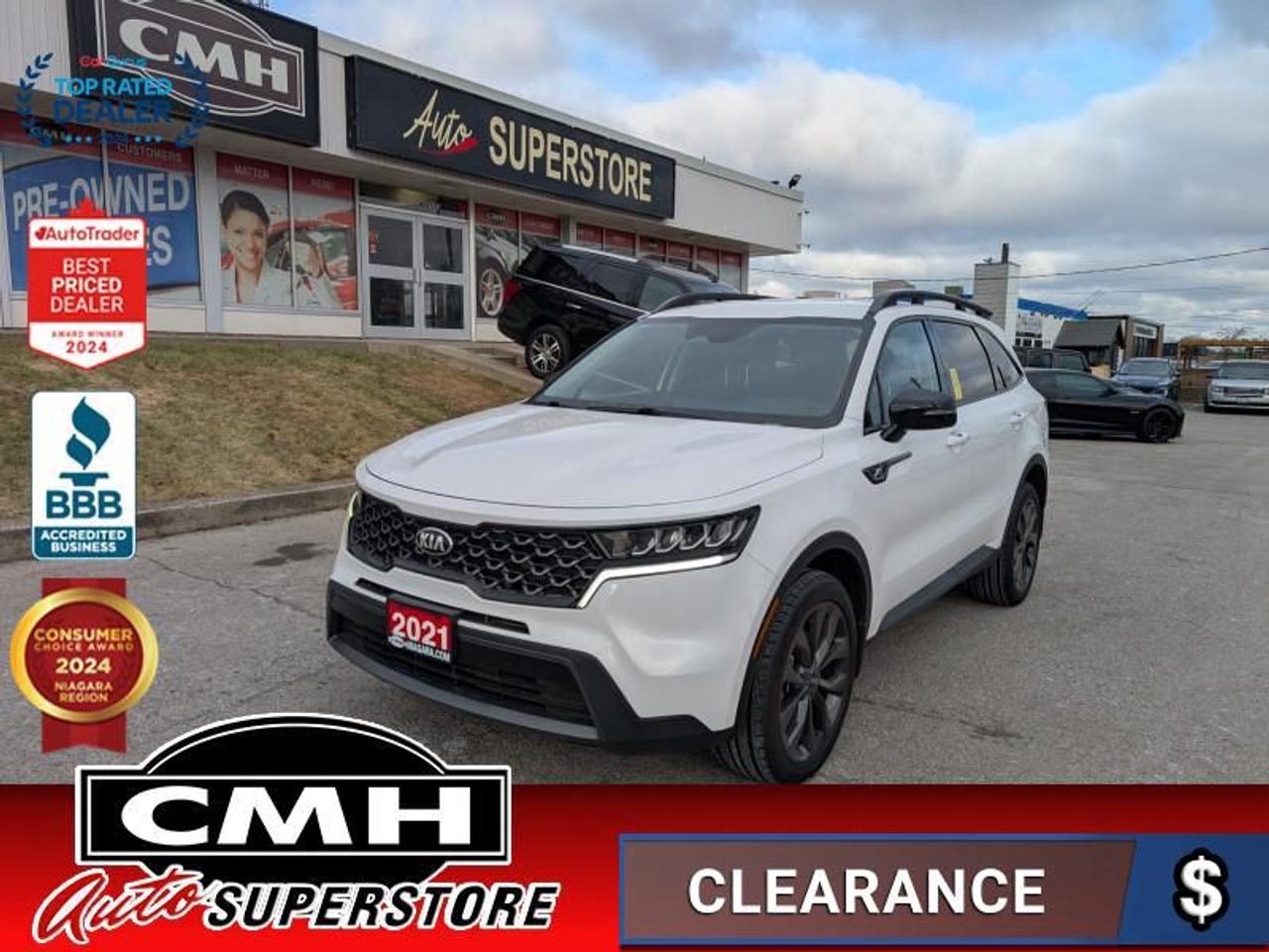 <b>ONLY 52,000 KMS !! AWD !! REAR CAMERA, PARKING SENSORS, ADAPTIVE CRUISE CONTROL, LANE DEPARTURE, BLIND SPOT, APPLE CARPLAY, ANDROID AUTO, STEERING WHEEL CONTROLS, POWER DRIVER SEAT, HEATED SEATS, HEATED STEERING WHEEL, 6 PASSENGER, 20-INCH ALLOY WHEELS</b><br>  <br>CMH certifies that all vehicles meet DOUBLE the Ministry standards for Brakes and Tires<br><br> <br>    This  2021 Kia Sorento is for sale today. <br> <br>This 2021 Kia Sorento is a classy, comfortable, and capable SUV built to be the perfect family hauler. It boasts one of the best designed and built interiors within its class, and an elegant exterior design that is sure to capture attention. It delivers responsive handling, while also being very restrained and supple regardless of the road condition. This Kia Sorento does just about everything with grace, confidence and style.This  SUV has 51,832 kms. Its  white in colour  . It has an automatic transmission and is powered by a  281HP 2.5L 4 Cylinder Engine. <br> <br> Our Sorentos trim level is X-Line. This all wheel drive Sorento is full of style and convenience on the outside with larger unique aluminum wheels, metal-look exterior trim accents, and automatic LED lighting. The tech and style continue inside with Android Auto, Apple CarPlay, heated seats, remote keyless entry, collision mitigation, and lane keep assist. This X-Line has a bigger motor, performance brakes, a heated steering wheel, proximity keys, dual zone front HVAC, separate rear HVAC, parking sensors, bridge style roof rails and blind spot assistance. This vehicle has been upgraded with the following features: Alloy Wheels,  Heated Steering Wheel,  Blind Spot Assist,  Lane Keep Assist,  Collision Mitigation,  Heated Seats,  Apple Carplay. <br> <br>To apply right now for financing use this link : <a href=https://www.cmhniagara.com/financing/ target=_blank>https://www.cmhniagara.com/financing/</a><br><br> <br/><br>Trade-ins are welcome! Financing available OAC ! Price INCLUDES a valid safety certificate! Price INCLUDES a 60-day limited warranty on all vehicles except classic or vintage cars. CMH is a Full Disclosure dealer with no hidden fees. We are a family-owned and operated business for over 30 years! o~o