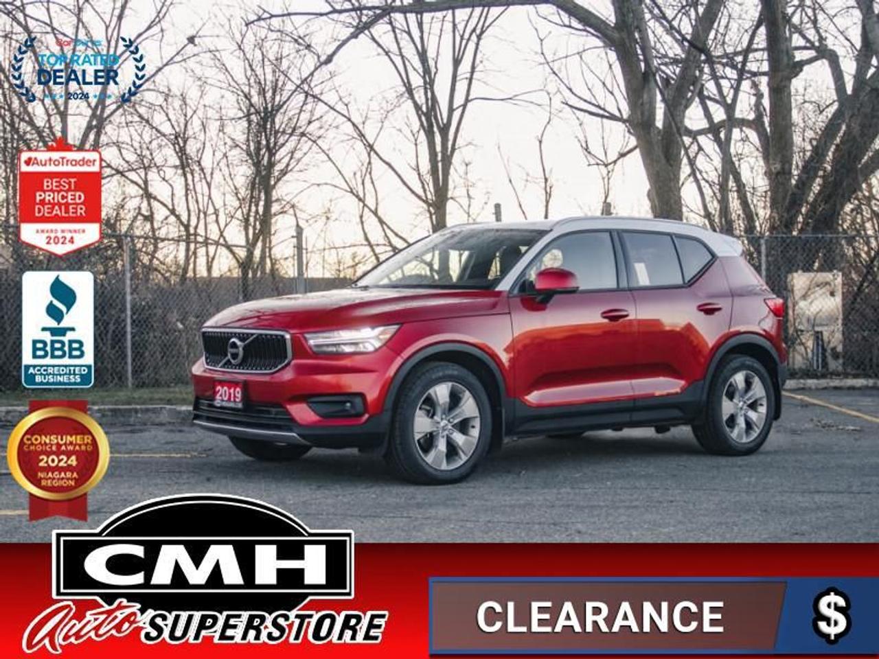 <b>TWO TONE PAINT !! UNDER 100,000 KMS !! AWD !! REAR CAMERA, COLLISION SENSORS, LANE KEEPING, ADAPTIVE CRUISE CONTROL, AUTO HIGH BEAM, APPLE CARPLAY, ANDROID AUTO, PANORAMIC SUNROOF, LEATHER, POWER SEATS, HEATED SEATS, POWER LIFTGATE, 18-INCH ALLOYS</b><br>  <br>CMH certifies that all vehicles meet DOUBLE the Ministry standards for Brakes and Tires<br><br> <br>    This  2019 Volvo XC40 is for sale today. <br> <br>Volvo takes aim at urban-dwellers and younger buyers with this chic and stylish XC40 subcompact SUV, which features an eccentric exterior design, with a quirky and premium interior space, packed with technology and ergonomic features. The upscale ambiance that Volvo is known for is maintained, with an abundance of space and comfort. On the road, the XC40 exhibits sprightly driving dynamics, with nimble handling and punchy performance, both on city streets and highway sprints. This Volvo XC40 is funky, stylish, and exudes the premium quality Volvo is known for.This  SUV has 93,201 kms. Its  red in colour  and is major accident free based on the <a href=https://vhr.carfax.ca/?id=uXmqrM2ZypXaoGZgV7y125tLvgdu0rfE target=_blank>CARFAX Report</a> . It has an automatic transmission and is powered by a   2.0L 4 Cylinder Engine. <br> <br> Our XC40s trim level is T5 AWD Momentum. This gorgeous T5 AWD is equipped with comfortable heated seats, bright LED headlights, and an intuitive infotainment system with Apple CarPlay, Android Auto and SiriusXM satellite radio. Additional features include lane keep assist, lane departure warning, front collision mitigation, front and rear parking sensors, and a high-resolution rearview camera with dynamic guide lines. This vehicle has been upgraded with the following features: Heated Seats,  Apple Carplay,  Android Auto,  Lane Keep Assist,  Lane Departure Warning,  Forward Collison Alert,  Led Lights. <br> <br>To apply right now for financing use this link : <a href=https://www.cmhniagara.com/financing/ target=_blank>https://www.cmhniagara.com/financing/</a><br><br> <br/><br>Trade-ins are welcome! Financing available OAC ! Price INCLUDES a valid safety certificate! Price INCLUDES a 60-day limited warranty on all vehicles except classic or vintage cars. CMH is a Full Disclosure dealer with no hidden fees. We are a family-owned and operated business for over 30 years! o~o