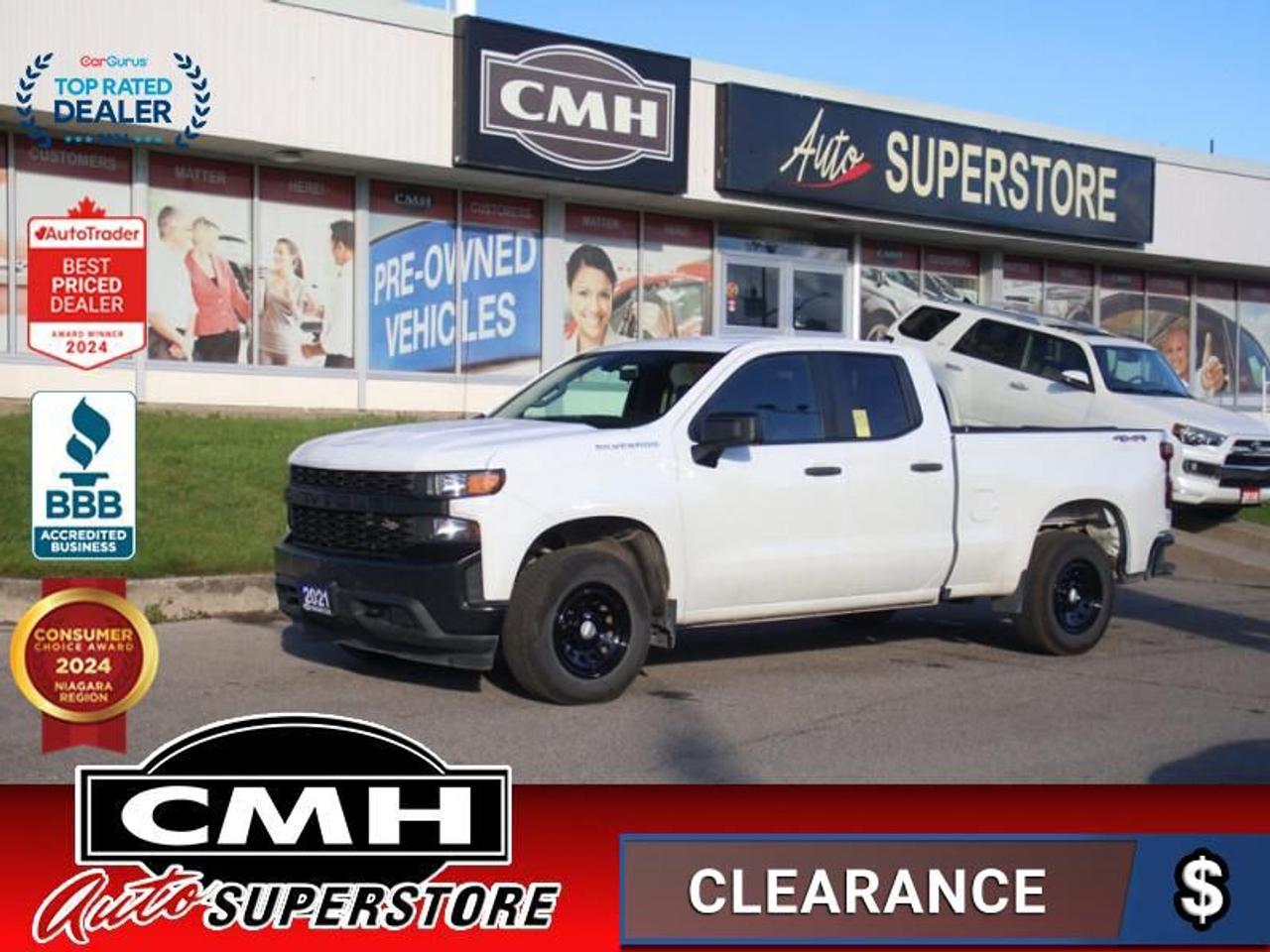 <b>V6 4X4 !! REAR CAMERA, APPLE CARPLAY, ANDROID AUTO, BLUETOOTH, 7-IN TOUCH SCREEN, STEERING WHEEL CONTROLS, CRUISE CONTROL, USB-C + USB PORTS, SOFT OPEN TAILGATE, POWER GROUP, AIR CONDITIONING, REAR WINDOW DEFOGGER, TRAILERING PKG, 17-IN STEEL WHEELS<br></b><br>  <br>CMH certifies that all vehicles meet DOUBLE the Ministry standards for Brakes and Tires<br><br> <br>    This  2021 Chevrolet Silverado 1500 is for sale today. <br> <br>The Chevy Silverado 1500 is functional and ergonomic, suited for the work-site and or family life. Bold styling throughout gives it amazing curb appeal and a dominating stance on the road, while the its smartly designed interior keeps every passenger in superb comfort and connectivity on any trip. With brawn, brains and reliability, this pickup was built by truck people, for truck people, and comes from the family of the most dependable, longest-lasting full-size pickups on the road. This  Double Cab 4X4 pickup  has 162,295 kms. Its  summit white in colour  and is major accident free based on the <a href=https://vhr.carfax.ca/?id=zxTby2Vd2FCRTXm+3eDUhd/e2Nhv0u9J target=_blank>CARFAX Report</a> . It has an automatic transmission and is powered by a   4.3L V6 Cylinder Engine. <br> <br> Our Silverado 1500s trim level is Work Truck. This Chevrolet Silverado 1500 work truck comes with some excellent features that includes a 7 inch touchscreen display with Apple CarPlay and Android Auto, Chevrolet MyLink and bluetooth streaming audio, cruise control and easy to clean rubber floors. Additionally, this pickup truck also comes with a locking tailgate, a rear vision camera, StabiliTrak, air conditioning and teen driver technology. This vehicle has been upgraded with the following features: Apple Carplay,  Android Auto,  Cruise Control,  Rear View Camera,  Touch Screen,  Streaming Audio,  Teen Driver. <br> <br>To apply right now for financing use this link : <a href=https://www.cmhniagara.com/financing/ target=_blank>https://www.cmhniagara.com/financing/</a><br><br> <br/><br>Trade-ins are welcome! Financing available OAC ! Price INCLUDES a valid safety certificate! Price INCLUDES a 60-day limited warranty on all vehicles except classic or vintage cars. CMH is a Full Disclosure dealer with no hidden fees. We are a family-owned and operated business for over 30 years! o~o
