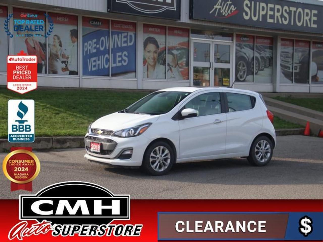 <b>ONLY 48,000 KMS !! REAR CAMERA, PARKING SENSORS, COLLISION SENSORS, LANE DEPARTURE, APPLE CARPLAY, ANDROID AUTO, BLUETOOTH, STEERING WHEEL CONTROLS, CRUISE CONTROL, SUNROOF, LEATHER, HEATED SEATS, USB-C + USB PORTS, 15-INCH ALLOY WHEELS</b><br>  <br>CMH certifies that all vehicles meet DOUBLE the Ministry standards for Brakes and Tires<br><br> <br>    This  2019 Chevrolet Spark is for sale today. <br> <br>The 2019 Chevrolet Spark is the perfect car for any city commuter. It is agile, fun to drive and perfect for navigating through busy city streets or parking in that great spot that might be too tight a larger SUV. The interior is surprisingly spacious and offers plenty of cargo room plus it comes loaded with some technology to make your drive even better. This low mileage  hatchback has just 47,282 kms. Its  white in colour  and is major accident free based on the <a href=https://vhr.carfax.ca/?id=y01tLC/G4KA4LBHGDZNWqdQo+Cz4Xbp5 target=_blank>CARFAX Report</a> . It has an automatic transmission and is powered by a  98HP 1.4L 4 Cylinder Engine. <br> <br> Our Sparks trim level is 2LT. This top of the line Chevy Spark has it all with a power sunroof, automatic forward brake assist, forward collision alert, lane departure warning, rear parking assistance, a leather wrapped steering wheel, hands free keyless entry and leatherette - heated front seats. Additional features include aluminum wheels, heated power side mirrors, SiriusXM, steering wheel mounted audio and cruise controls, 4G WiFi, a 60/40 folding rear bench seat, Chevrolet Connected Access, a 7 inch touchscreen with Apple CarPlay and Android Auto capability, Bluetooth streaming audio, outside temperature display, a rear vision camera and hill start assist plus much more. This vehicle has been upgraded with the following features: Sunroof,  Heated Seats,  Aluminum Wheels,  Forward Collision Alert,  Lane Departure Warning,  Apple Carplay,  Android Auto. <br> <br>To apply right now for financing use this link : <a href=https://www.cmhniagara.com/financing/ target=_blank>https://www.cmhniagara.com/financing/</a><br><br> <br/><br>Trade-ins are welcome! Financing available OAC ! Price INCLUDES a valid safety certificate! Price INCLUDES a 60-day limited warranty on all vehicles except classic or vintage cars. CMH is a Full Disclosure dealer with no hidden fees. We are a family-owned and operated business for over 30 years! o~o