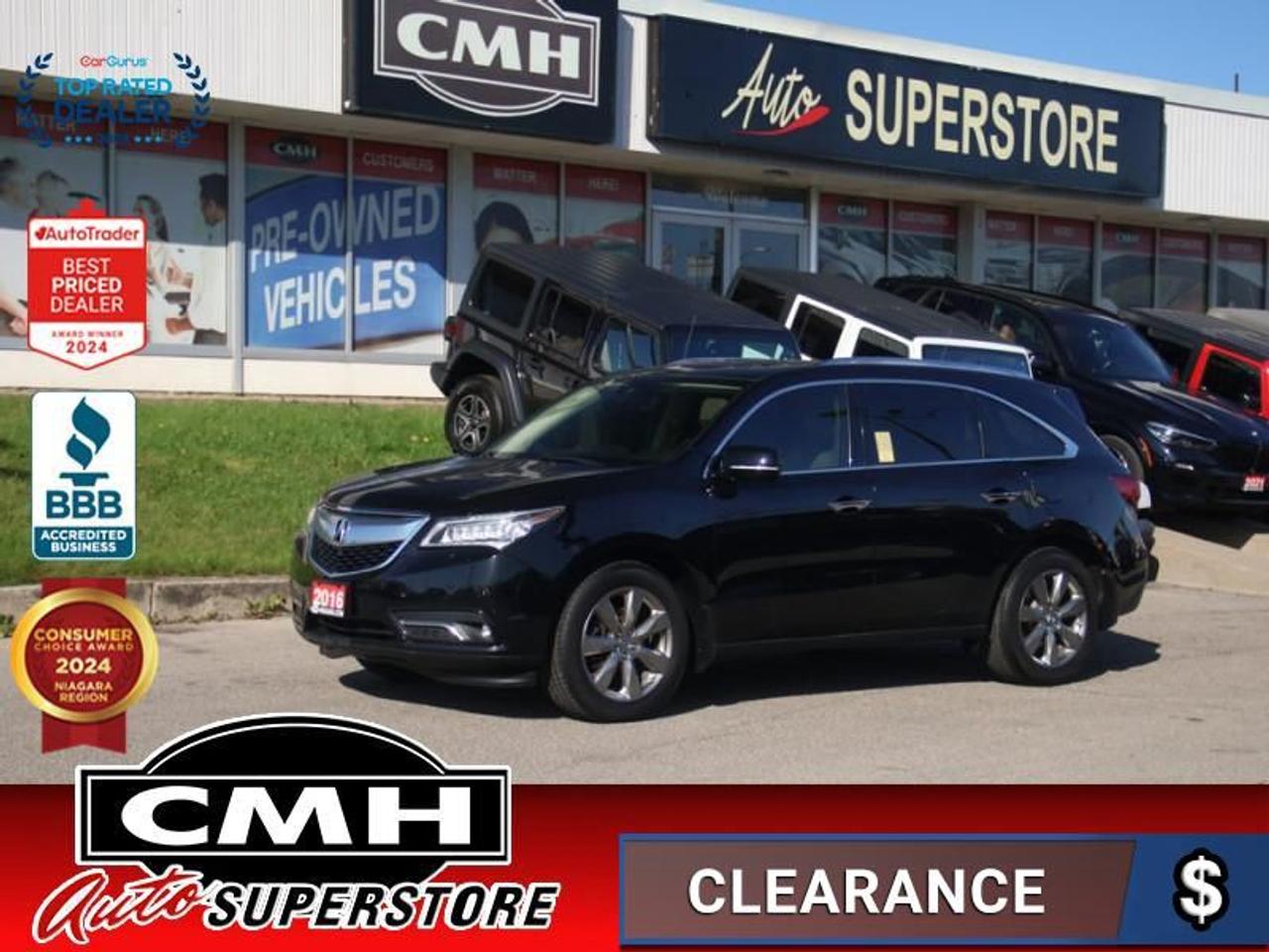 <b>FULLY EQUIPPED !! NAVIGATION, 360 CAMERA, LANE KEEPING, COLLISION SENSORS, BLUETOOTH, DVD PLAYERS, PANORAMIC SUNROOF, LEATHER, POWER SEATS W/ DRIVER MEMORY, 4X HEATED SEATS, COOLED SEATS, HEATED STEERING WHEEL, 7 PASSENGER, POWER LIFTGATE, 19-IN ALLOYS</b><br>  <br>CMH certifies that all vehicles meet DOUBLE the Ministry standards for Brakes and Tires<br><br> <br>    This  2016 Acura MDX is for sale today. <br> <br>Precision crafted performance is at the heart of everything Acura does and its in every detail of the MDX crossover. From the bold design to groundbreaking technology, the MDX is pure progress for SUVs, and for drivers. Versatility, technology, and a rewarding driving experience come together seamlessly in the luxurious Acura MDX. This  SUV has 125,762 kms. Its  black in colour  . It has an automatic transmission and is powered by a  290HP 3.5L V6 Cylinder Engine. <br> <br> Our MDXs trim level is Elite. Upgrade to the MDX Elite and youll be generously rewarded. It comes standard with rear DVD entertainment, navigation, heated and cooled leather seats, Smart Slide second row seat, 50/50 split folding third seat, a heated steering wheel, a power moonroof, Bluetooth, SiriusXM, 8 speaker audio, adaptive cruise control, lane keep assist, automatic emergency braking, forward collision warning, blind spot detection, a rearview camera, a power tailgate, remote start, tri-zone automatic climate control, fog lights, and more. This vehicle has been upgraded with the following features: Sunroof,  Cooled Seats,  Leather Seats,  Navigation,  Rear Entertainment,  Adaptive Cruise Control,  Lane Keep Assist. <br> <br>To apply right now for financing use this link : <a href=https://www.cmhniagara.com/financing/ target=_blank>https://www.cmhniagara.com/financing/</a><br><br> <br/><br>Trade-ins are welcome! Financing available OAC ! Price INCLUDES a valid safety certificate! Price INCLUDES a 60-day limited warranty on all vehicles except classic or vintage cars. CMH is a Full Disclosure dealer with no hidden fees. We are a family-owned and operated business for over 30 years! o~o