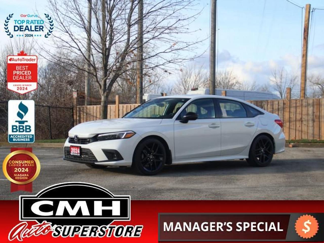 <b>ONLY 4,000 KMS !! REAR CAMERA, ADAPTIVE CRUISE CONTROL, COLLISION SENSOR, LANE KEEPING, BLIND SPOT, APPLE CARPLAY, ANDROID AUTO, SUNROOF, HEATED FRONT SEATS, HEATED STEERING WHEEL, REMOTE START, DUAL CLIMATE CONTROL, 18-INCH ALLOY WHEELS</b><br>  <br>CMH certifies that all vehicles meet DOUBLE the Ministry standards for Brakes and Tires<br><br> <br>    This  2024 Honda Civic Sedan is for sale today. <br> <br>This 2024 Honda Civic is an elegant, sporty and sophisticated vehicle worthy of your attention, with an upscale appearance, new features, and a refined cabin design. Updated tech features, premium interior build materials, unrivaled cargo space and practicality help this amazing vehicle shine in this competitive segment. No matter the task at hand, this Honda Civic is up for anything.This low mileage  sedan has just 3,839 kms. Its  white in colour  and is major accident free based on the <a href=https://vhr.carfax.ca/?id=0qfnlhK5Zpxr29cJ/8Ber6AqvzIlQ2M8 target=_blank>CARFAX Report</a> . It has an automatic transmission and is powered by a  158HP 2.0L 4 Cylinder Engine. <br> <br> Our Civic Sedans trim level is Sport. With aggressive exterior styling and steering wheel-mounted paddle shifters with a dedicated sport mode, this Civic Sport is aimed for those who want even more thrill and fun. It also comes with an amazing safety suite including collision mitigation, lane keep assist, road departure mitigation, traffic sign recognition, adaptive cruise with low-speed follow, blind spot monitoring, and traffic jam assist. Additional tech features come in the infotainment system, including Android Auto, Apple CarPlay, touchscreen controls, Bluetooth, and Siri Eyes Free. Other great features include heated seats for comfort, a high-tech driver information center, proximity keys, remote start, and LED lighting with automatic high beams. This vehicle has been upgraded with the following features: Sunroof,  Heated Seats,  Heated Steering Wheel,  Apple Carplay,  Android Auto,  Blind Spot Detection,  Adaptive Cruise Control. <br> <br>To apply right now for financing use this link : <a href=https://www.cmhniagara.com/financing/ target=_blank>https://www.cmhniagara.com/financing/</a><br><br> <br/><br>Trade-ins are welcome! Financing available OAC ! Price INCLUDES a valid safety certificate! Price INCLUDES a 60-day limited warranty on all vehicles except classic or vintage cars. CMH is a Full Disclosure dealer with no hidden fees. We are a family-owned and operated business for over 30 years! o~o