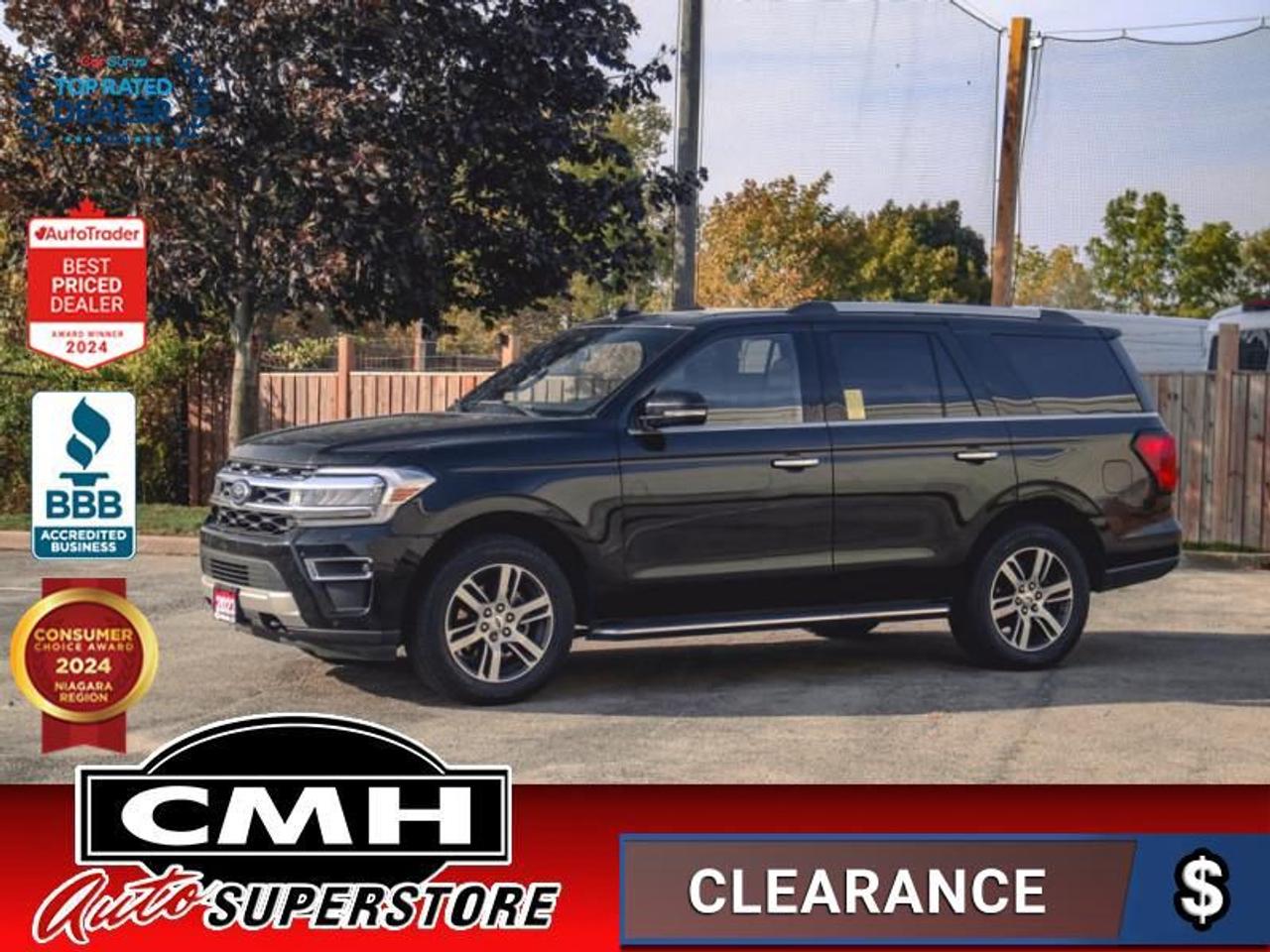 <b>FULLY EQUIPPED !! NAVIGATION, REAR CAM W/ PARK SENSORS, ADAPTIVE CRUISE, LANE KEEP, COLLISION SENSORS, BLIND SPOT, RAIN SENSING WIPERS, PANORAMIC SUNROOF, BROWN LEATHER, COOLED/HEATED SEATS, POWER SEATS, HEATED STEERING WHEEL, POWER LIFTGATE, 7 PASSENGER</b><br>  <br>CMH certifies that all vehicles meet DOUBLE the Ministry standards for Brakes and Tires<br><br> <br>    This  2023 Ford Expedition is for sale today. <br> <br>This Ford Expedition sets the benchmark for all other full size SUVs in multiple categories. From its vast and comfortable interior, to the excellent driving dynamics it delivers uncompromised towing capability, there isnt much this Expedition cant do. Power, style and plenty of space for passengers and cargo give the Ford Expedition its bold and imposing presence on the road. This  SUV has 102,498 kms. Its  agate black in colour  and is major accident free based on the <a href=https://vhr.carfax.ca/?id=joC6PLHq/4psfdBBvy3UrW1TbrwrYdTi target=_blank>CARFAX Report</a> . It has an automatic transmission and is powered by a  380HP 3.5L V6 Cylinder Engine. <br> <br> Our Expeditions trim level is Limited. This Expedition Limited steps things up with leather-trimmed ventilated and heated front captains chairs with power adjustment, an express open/close glass sunroof with a power sunshade, a power liftgate for rear cargo access, adaptive cruise control, and a leather-wrapped heated steering wheel. Other amazing standard features include a 12-inch infotainment screen with navigation, wireless Apple CarPlay and Android Auto, SYNC 4 wireless phone connectivity, running boards, FordPass Connect 4G mobile hotspot internet access, proximity keyless entry with push button start, smart device remote engine start, 40/20/40 folding split-bench 2nd row seats, and 3rd row 60/40 split-bench seats. Road safety is assured thanks to Ford Co-Pilot360 with blind spot monitoring, pre-collision assist with automatic emergency braking and cross-traffic alert, front and rear parking sensors, lane keeping assist and lane departure warning, forward collision alert, driver monitoring alert, and Fords Mykey system with a top speed limiter and audio volume limiter. Additional features include class IV towing equipment with trailer sway control and a trailer wiring harness, four 12-volt DC and a 120-volt AC power outlets, a garage door transmitter, front and rear cupholders, dual-zone front climate control with rear separate controls, and so much more. This vehicle has been upgraded with the following features: Sunroof,  Cooled Seats,  Power Liftgate,  Adaptive Cruise Control,  Apple Carplay,  Android Auto,  Ford Co-pilot360. <br> To view the original window sticker for this vehicle view this <a href=http://www.windowsticker.forddirect.com/windowsticker.pdf?vin=1FMJU2A81PEA35230 target=_blank>http://www.windowsticker.forddirect.com/windowsticker.pdf?vin=1FMJU2A81PEA35230</a>. <br/><br> <br>To apply right now for financing use this link : <a href=https://www.cmhniagara.com/financing/ target=_blank>https://www.cmhniagara.com/financing/</a><br><br> <br/><br>Trade-ins are welcome! Financing available OAC ! Price INCLUDES a valid safety certificate! Price INCLUDES a 60-day limited warranty on all vehicles except classic or vintage cars. CMH is a Full Disclosure dealer with no hidden fees. We are a family-owned and operated business for over 30 years! o~o