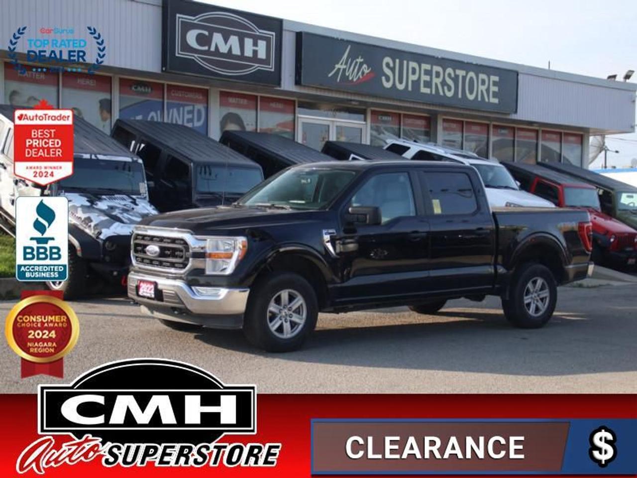 <b>5.0L V8 !! CREW 4X4 !! NAVIGATION, REAR CAMERA, PARKING SENSORS, BLIND SPOT, COLLISION SENSORS, LANE KEEPING, CROSS TRAFFIC ALERT, APPLE CARPLAY, ANDROID AUTO, BLUETOOTH, STEERING WHEEL CONTROLS, POWER DRIVER SEAT, BED LINER, 17-INCH ALLOY WHEELS<br></b><br>  <br>CMH certifies that all vehicles meet DOUBLE the Ministry standards for Brakes and Tires<br><br> <br>    This  2022 Ford F-150 is for sale today. <br> <br>The perfect truck for work or play, this versatile Ford F-150 gives you the power you need, the features you want, and the style you crave! With high-strength, military-grade aluminum construction, this F-150 cuts the weight without sacrificing toughness. The interior design is first class, with simple to read text, easy to push buttons and plenty of outward visibility. With productivity at the forefront of design, the F-150 makes use of every single component was built to get the job done right!This  Crew Cab 4X4 pickup  has 82,436 kms. Its  agate black metallic in colour  and is major accident free based on the <a href=https://vhr.carfax.ca/?id=6lMNrBxKqktL2FiJGDGDxlUPZodqr3+x target=_blank>CARFAX Report</a> . It has an automatic transmission and is powered by a  400HP 5.0L 8 Cylinder Engine. <br> <br> Our F-150s trim level is XLT. Upgrading to the class leader, this Ford F-150 XLT comes very well equipped with remote keyless entry and remote engine start, dynamic hitch assist, Ford Co-Pilot360 that features lane keep assist, pre-collision assist and automatic emergency braking. Enhanced features include aluminum wheels, chrome exterior accents, SYNC 3 with enhanced voice recognition, Apple CarPlay and Android Auto, FordPass Connect 4G LTE, steering wheel mounted cruise control, a powerful audio system, cargo box lights, power door locks and a rear view camera to help when backing out of a tight spot. This vehicle has been upgraded with the following features: Remote Start,  Apple Carplay,  Android Auto,  Aluminum Wheels,  Ford Co-pilot360,  Dynamic Hitch Assist,  Lane Keep Assist. <br> To view the original window sticker for this vehicle view this <a href=http://www.windowsticker.forddirect.com/windowsticker.pdf?vin=1FTFW1E57NFB48119 target=_blank>http://www.windowsticker.forddirect.com/windowsticker.pdf?vin=1FTFW1E57NFB48119</a>. <br/><br> <br>To apply right now for financing use this link : <a href=https://www.cmhniagara.com/financing/ target=_blank>https://www.cmhniagara.com/financing/</a><br><br> <br/><br>Trade-ins are welcome! Financing available OAC ! Price INCLUDES a valid safety certificate! Price INCLUDES a 60-day limited warranty on all vehicles except classic or vintage cars. CMH is a Full Disclosure dealer with no hidden fees. We are a family-owned and operated business for over 30 years! o~o