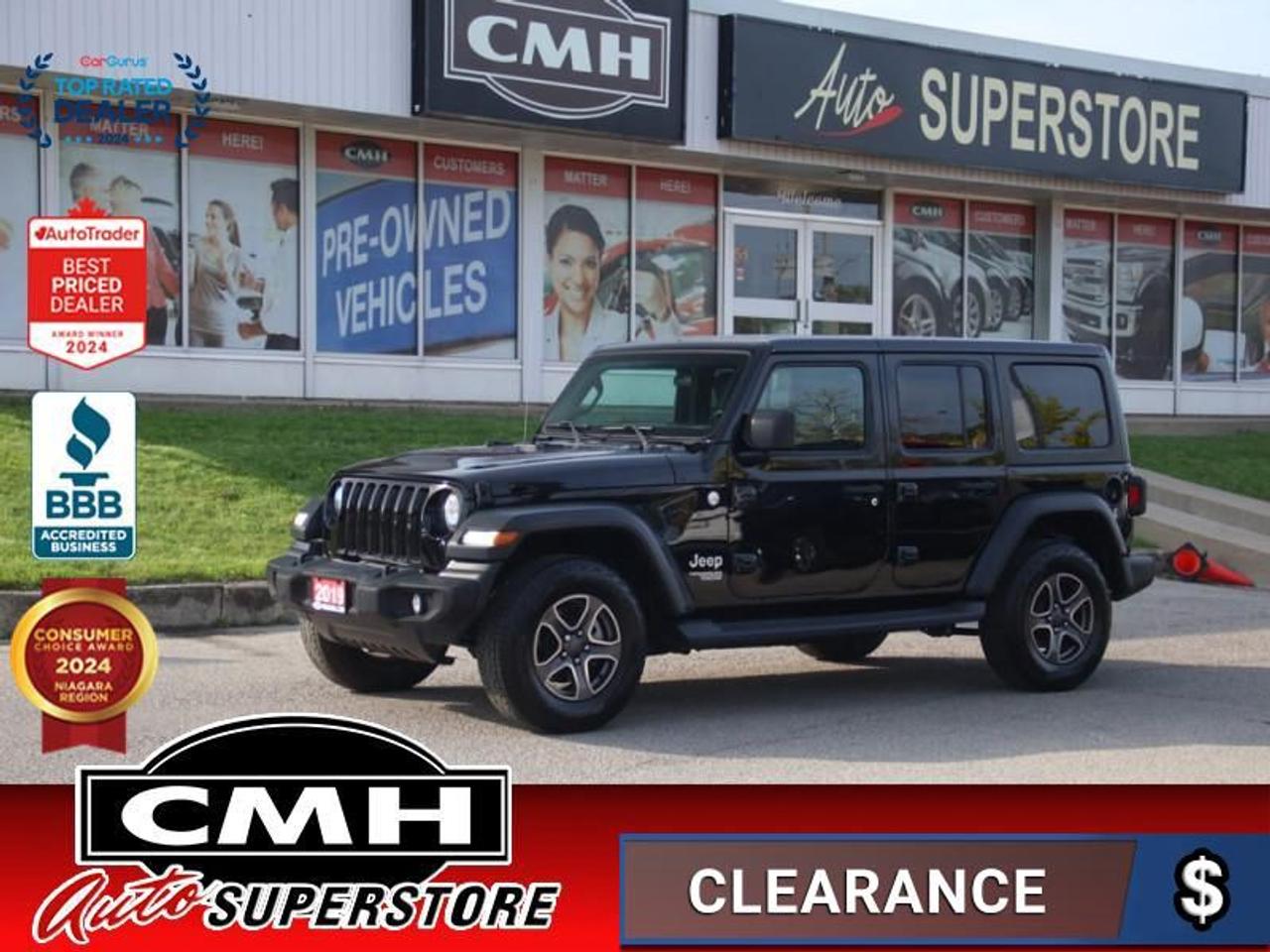 <b>ONLY 68,000 KMS !! V6 4X4 !! REAR CAMERA, BLUETOOTH, TOUCH DISPLAY SCREEN, STEERING WHEEL CONTROLS, CRUISE CONTROL, HEATED SEATS, HEATED STEERING WHEEL, REMOTE START, HOME REMOTES, BUTTON START, POWER GROUP, A/C, 17-INCH ALLOY WHEELS</b><br>  <br>CMH certifies that all vehicles meet DOUBLE the Ministry standards for Brakes and Tires<br><br> <br>    This  2019 Jeep Wrangler Unlimited is for sale today. <br> <br>This Wrangler Unlimited is by no means less capable for having 4 doors. Its just able to carry more people and gear. Whether your familys next adventure is across a mountain pass, through a muddy trail, or just down the highway to Grandmas, this Wrangler Unlimited has you covered. This low mileage  SUV has just 68,772 kms. Its  black in colour  . It has an automatic transmission and is powered by a  285HP 3.6L V6 Cylinder Engine. <br> <br> Our Wrangler Unlimiteds trim level is Sport. This 4 door Wrangler Unlimited Sport has a lot of modern features. It comes with a rear view camera, leather steering wheel with audio and cruise control, remote keyless entry, power windows, heated power side mirrors, Uconnect 3 with 5 inch touchscreen, Bluetooth, USB and aux jacks, and 8 speakers makes this Wrangler worthy of daily driving. Factory skid plates, a unique tool kit, two front tow hooks, Dana axles, shift on the fly 4x4 system, fog lights, automatic headlamps, and aluminum wheels make sure you manage any road you come across. This vehicle has been upgraded with the following features: Uconnect,  Aluminum Wheels,  Rear View Camera,  Steering Wheel Audio Control,  Fog Lamps,  Bluetooth,  Remote Keyless Entry. <br> To view the original window sticker for this vehicle view this <a href=http://www.chrysler.com/hostd/windowsticker/getWindowStickerPdf.do?vin=1C4HJXDG3KW573443 target=_blank>http://www.chrysler.com/hostd/windowsticker/getWindowStickerPdf.do?vin=1C4HJXDG3KW573443</a>. <br/><br> <br>To apply right now for financing use this link : <a href=https://www.cmhniagara.com/financing/ target=_blank>https://www.cmhniagara.com/financing/</a><br><br> <br/><br>Trade-ins are welcome! Financing available OAC ! Price INCLUDES a valid safety certificate! Price INCLUDES a 60-day limited warranty on all vehicles except classic or vintage cars. CMH is a Full Disclosure dealer with no hidden fees. We are a family-owned and operated business for over 30 years! o~o