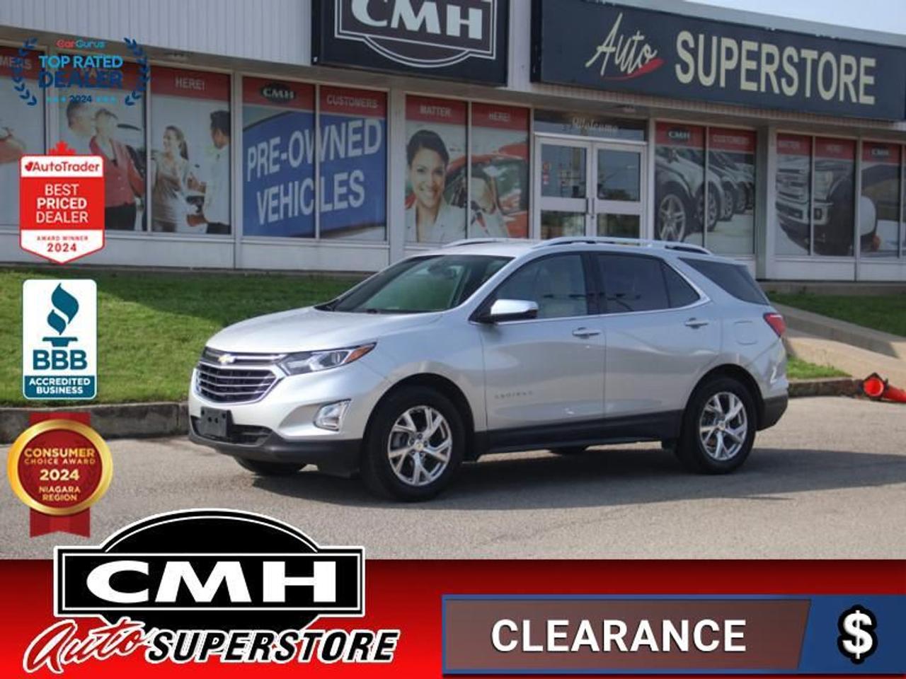 <b>LOW MILEAGE !! AWD !! REAR CAMERA, LANE KEEPING, BLIND SENSORS, COLLISION SENSORS, AUTO HIGH BEAM, APPLE CARPLAY, ANDROID AUTO, LEATHER, POWER DRIVER SEAT W/ MEMORY, HEATED SEATS, DUAL CLIMATE CONTROL, REMOTE START, POWER LIFTGATE, 18-INCH ALLOYS<br></b><br>  <br>CMH certifies that all vehicles meet DOUBLE the Ministry standards for Brakes and Tires<br><br> <br>    This  2021 Chevrolet Equinox is for sale today. <br> <br>When Chevrolet redesigned the Equinox in 2021, they got every detail just right. Its the perfect size, roomy without being too big. This compact SUV pairs eye-catching style with a spacious and versatile cabin thats been thoughtfully designed to put you at the centre of attention. This mid size crossover also comes packed with desirable technology and safety features. For a mid sized SUV, its hard to beat this Chevrolet Equinox.This low mileage  SUV has just 48,274 kms. Its  silver in colour  and is major accident free based on the <a href=https://vhr.carfax.ca/?id=Vh1B2gR2GJttT7dOw/oO/4IFtNO4sh7s target=_blank>CARFAX Report</a> . It has an automatic transmission and is powered by a  170HP 1.5L 4 Cylinder Engine. <br> <br> Our Equinoxs trim level is Premier. Stepping up to this top of the line Equinox Premier is a wise choice as it comes loaded with luxurious leather seats, a power liftgate, larger aluminum wheels, HID headlights, a larger 8 inch touchscreen display with Apple CarPlay and Android Auto, wireless charging, an 8-way power driver seat with memory settings and dual-zone climate control. It also includes a remote engine start, heated front seats, 4G WiFi capability, lane keep assist and lane departure warning, forward collision alert, forward automatic emergency braking and pedestrian detection, Teen Driver technology, Bluetooth streaming audio, StabiliTrak electronic stability control and a split folding rear seat to make loading and unloading large objects a breeze. The Premier adds increased safety features as well, such as blind spot detection, rear cross traffic alert and rear park assist plus much more. This vehicle has been upgraded with the following features: Leather Seats,  Power Tailgate,  Aluminum Wheels,  Apple Carplay,  Android Auto,  Remote Start,  Heated Seats. <br> <br>To apply right now for financing use this link : <a href=https://www.cmhniagara.com/financing/ target=_blank>https://www.cmhniagara.com/financing/</a><br><br> <br/><br>Trade-ins are welcome! Financing available OAC ! Price INCLUDES a valid safety certificate! Price INCLUDES a 60-day limited warranty on all vehicles except classic or vintage cars. CMH is a Full Disclosure dealer with no hidden fees. We are a family-owned and operated business for over 30 years! o~o