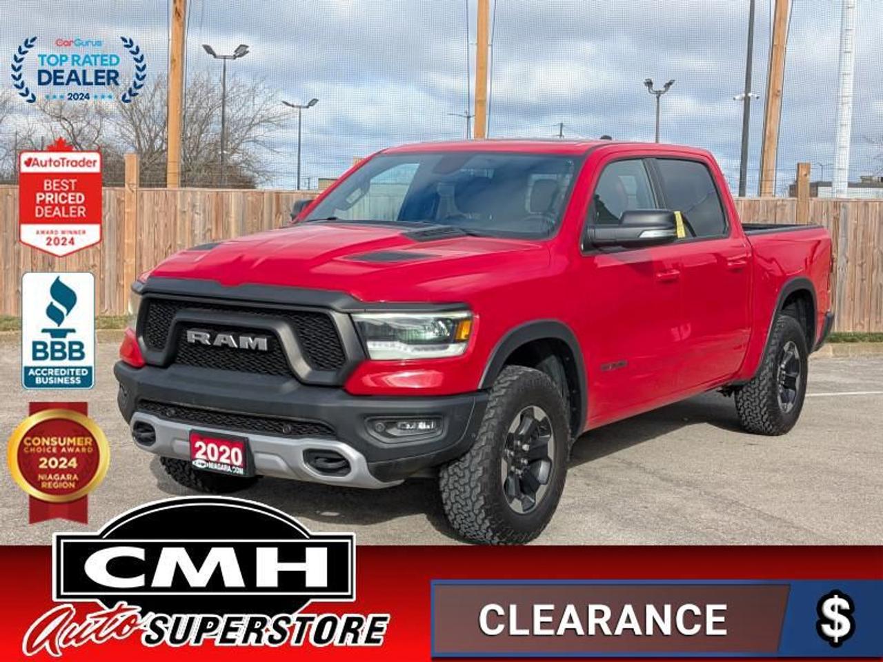 <b>LOADED V8 4X4 !! NAVIGATION, REAR CAMERA, PARK SENSORS, BLIND SPOT, APPLE CARPLAY, ANDROID AUTO, PANORAMIC SUNROOF, LEATHER, POWER DRIVER SEAT, HEATED SEATS, HEATED STEERING WHEEL, DUAL CLIMATE CONTROL, REMOTE START, TOW CONTROLLER, 18-IN ALLOYS<br></b><br>  <br>CMH certifies that all vehicles meet DOUBLE the Ministry standards for Brakes and Tires<br><br> <br>    This  2020 Ram 1500 is for sale today. <br> <br>The Ram 1500 delivers power and performance everywhere you need it, with a tech-forward cabin that is all about comfort and convenience. Loaded with best-in-class features, its easy to see why the Ram 1500 is so popular. With the most towing and hauling capability in a Ram 1500, as well as improved efficiency and exceptional capability, this truck has the grit to take on any task. This  Crew Cab 4X4 pickup  has 86,993 kms. Its  red in colour  and is major accident free based on the <a href=https://vhr.carfax.ca/?id=5mKBSwuWzwcxC1kKIFaMkvuXb5QOu9Df target=_blank>CARFAX Report</a> . It has an automatic transmission and is powered by a  395HP 5.7L 8 Cylinder Engine. <br> <br> Our 1500s trim level is Rebel. This menacing Ram 1500 Rebel comes very well equipped with unique aluminum wheels, a sport performance hood, Bilstein off-road suspension with skid plates, Uconnect with a color touchscreen, wireless streaming audio, USB input jacks, and a handy rear view camera. This sweet pickup truck also comes with a power driver seat, a dampened tailgate, electronic shift-on-the-fly transfer case, hill decent control, power heated side mirrors, proximity keyless entry, cruise control, towing equipment, black bumpers with rear step, LED headlights and fog lights and much more. This vehicle has been upgraded with the following features: Off-road Suspension,  Aluminum Wheels,  Sport Performance Hood,  Black Accents,  Proximity Key,  Touchscreen,  Streaming Audio. <br> To view the original window sticker for this vehicle view this <a href=http://www.chrysler.com/hostd/windowsticker/getWindowStickerPdf.do?vin=1C6SRFLT8LN275850 target=_blank>http://www.chrysler.com/hostd/windowsticker/getWindowStickerPdf.do?vin=1C6SRFLT8LN275850</a>. <br/><br> <br>To apply right now for financing use this link : <a href=https://www.cmhniagara.com/financing/ target=_blank>https://www.cmhniagara.com/financing/</a><br><br> <br/><br>Trade-ins are welcome! Financing available OAC ! Price INCLUDES a valid safety certificate! Price INCLUDES a 60-day limited warranty on all vehicles except classic or vintage cars. CMH is a Full Disclosure dealer with no hidden fees. We are a family-owned and operated business for over 30 years! o~o