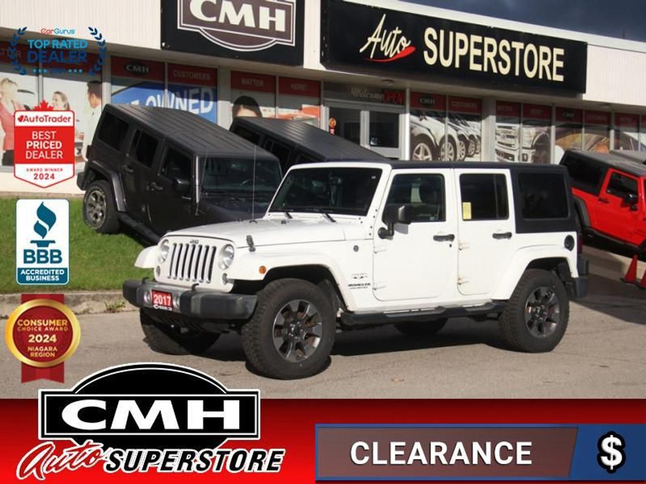 <b>4X4 !! AFTERMARKET TOUCH SCREEN W/ BLUETOOTH, STEERING WHEEL CONTROLS, CRUISE CONTROL, USB PORT, POWER WINDOWS, POWER LOCKS, POWER MIRRORS, AIR CONDITIONING, REMOTE START, AUTOMATIC HEADLIGHTS, 18-INCH ALLOY WHEELS</b><br>  <br>CMH certifies that all vehicles meet DOUBLE the Ministry standards for Brakes and Tires<br><br> <br>    This  2017 Jeep Wrangler Unlimited is for sale today. <br> <br>Iconic design has always been part of the Jeep family, and its never more obvious than with the 2017 Jeep Wrangler Unlimited. This four-door model offers exceptional capability with its Trail Rated status while providing the basic comforts that even hardcore adventurers want. No matter where you want to go, you can rely on this SUV to get you there.This  SUV has 187,253 kms. Its  white in colour  and is major accident free based on the <a href=https://vhr.carfax.ca/?id=mfbY69ziD8EhdWNX0ovtIQhwEJmMgkB+ target=_blank>CARFAX Report</a> . It has an automatic transmission and is powered by a  285HP 3.6L V6 Cylinder Engine. <br> <br> Our Wrangler Unlimiteds trim level is Sahara. The 2017 Jeep Wrangler Unlimited Sahara offers classic styling and focuses on functional design with a heavy duty suspension, aluminum wheels, side steps, body-color fender flares plus black heated power mirrors. Additional features include SiriusXM, a leather-wrapped steering wheel, air conditioning, cruise control and much more.<br> To view the original window sticker for this vehicle view this <a href=http://www.chrysler.com/hostd/windowsticker/getWindowStickerPdf.do?vin=1C4HJWEG4HL514291 target=_blank>http://www.chrysler.com/hostd/windowsticker/getWindowStickerPdf.do?vin=1C4HJWEG4HL514291</a>. <br/><br> <br>To apply right now for financing use this link : <a href=https://www.cmhniagara.com/financing/ target=_blank>https://www.cmhniagara.com/financing/</a><br><br> <br/><br>Trade-ins are welcome! Financing available OAC ! Price INCLUDES a valid safety certificate! Price INCLUDES a 60-day limited warranty on all vehicles except classic or vintage cars. CMH is a Full Disclosure dealer with no hidden fees. We are a family-owned and operated business for over 30 years! o~o