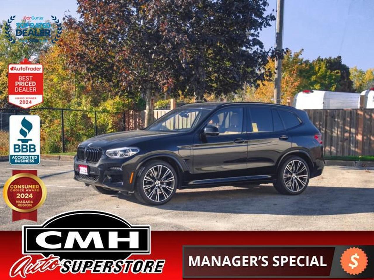 <b>ONLY 44,000 KMS !! PLUG IN HYBRID !! NAVIGATION, 360 CAMERA, PARK SENSORS, HEADS UP DISPLAY, COLLISION SENSORS, BLIND SPOT, LANE DEPARTURE, PANORAMIC SUNROOF, CARAMEL LEATHER, POWER HEATED SEATS, HEATED STEERING WHEEL, POWER LIFTGATE, 21-INCH ALLOY WHEELS</b><br>  <br>CMH certifies that all vehicles meet DOUBLE the Ministry standards for Brakes and Tires<br><br> <br>    This  2021 BMW X3 is for sale today. <br> <br>Easily topping the charts as one of the best premium SUVs, this BMW X3 adopts a clean and minimalist design for an elegant look while the performance and handling is as sharp and responsive as most sports cars out there. The X3 offers a reassuring ride with a luxurious interior and is filled with advanced tech features. The exterior reflects BMWs balanced vision thanks to a dynamic silhouette, an aggressively styled front end with bold character lines that directly communicates the X3s outgoing personality. This low mileage  SUV has just 43,210 kms. Its  black in colour  and is major accident free based on the <a href=https://vhr.carfax.ca/?id=MUUYELST9bOoL6fjVRZzMLAuAYBP/39+ target=_blank>CARFAX Report</a> . It has an automatic transmission and is powered by a  288HP 2.0L 4 Cylinder Engine. <br> <br> Our X3s trim level is xDrive30e Plug-In Hybrid. This BMW X3 offers a host of amazing features such as a twin power turbo engine mated to a sporty transmission with steering wheel mounted paddle shifters, elegant aluminum alloy wheels, auto dimming side mirrors with power heating and turn signals, power tailgate access, front and rear fog lamps, a powerful 12 speaker stereo with voice activated on board navigation, Bluetooth connectivity, sports heated front power adjustable seats, a sports heated leather and metal steering wheel, ConnectedDrive selective service internet access, push button start, dual zone automatic climate control, cruise control, genuine wood and metal look interior panel inserts, leatherette upholstered seats, an auto-dimming rear view mirror, front and rear parking sensors, blind spot detection sensor, active forward collision protection alert, lane departure warning, a rear view camera and much more. This vehicle has been upgraded with the following features: Leather Seats,  Heated Seats,  Apple Carplay,  Navigation,  Power Liftgate,  Heated Steering Wheel,  Blind Spot Detection. <br> <br>To apply right now for financing use this link : <a href=https://www.cmhniagara.com/financing/ target=_blank>https://www.cmhniagara.com/financing/</a><br><br> <br/><br>Trade-ins are welcome! Financing available OAC ! Price INCLUDES a valid safety certificate! Price INCLUDES a 60-day limited warranty on all vehicles except classic or vintage cars. CMH is a Full Disclosure dealer with no hidden fees. We are a family-owned and operated business for over 30 years! o~o