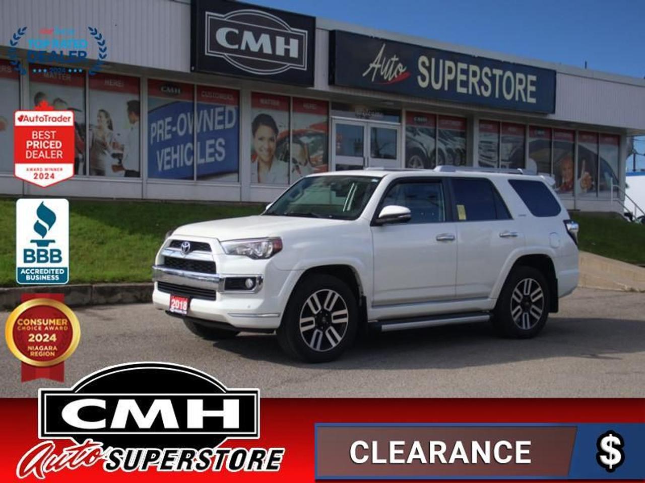 <b>VERY CLEAN !! 4WD !! NAVIGATION, REAR CAMERA, PARKING SENSORS, BLUETOOTH, STEERING WHEEL CONTROLS, SUNROOF, LEATHER, POWER SEATS W/ DRIVER MEMORY, COOLED SEATS, HEATED SEATS, DUAL CLIMATE CONTROL, HOME REMOTES, POWER GATE WINDOW, 20-INCH ALLOY WHEELS<br></b><br>  <br>CMH certifies that all vehicles meet DOUBLE the Ministry standards for Brakes and Tires<br><br> <br>    This  2018 Toyota 4Runner is for sale today. <br> <br>The refreshed 2018 Toyota 4Runner is a capable quality built 4x4 SUV. This rugged family SUV can offer the best of both worlds having a refined technologically advanced interior with excellent off road capabilities. Ready for any adventure you set out to, the reliability that the 4Runner can offer will never leave you stranded, and will keep asking for more. All in all, this 2018 4Runner is convenient and comfortable at all times and on any road surface.This  SUV has 128,143 kms. Its  blizzard pearl white in colour  . It has an automatic transmission and is powered by a  270HP 4.0L V6 Cylinder Engine. <br> <br> Our 4Runners trim level is Limited. The 2018 Toyota 4Runner Limited Package is precision tuned from the factory to the highest standards, built to withstand any off road terrain while still maintaining car like handling. Options include TRD emblems on multiple surfaces, speed sensing steering, front and rear clearance sonar, lock up torque converter, 4 wheel crawl control, upgraded stylish aluminum wheels, full size spare, transmission cooler and full time four wheel drive. Styled very aggressively and masculine, the exterior includes heated wipers, automatic headlamps, heated power mirrors with turn signal indicators, tailgate and door power locks, LED brake lights, front fog lamps and roof rack rails. Interior options include a 6.1 inch display, AVN premium navigation, JBL 15 speaker performance audio, advanced voice recognition, Bluetooth and USB capability, integrated Sirius XM satellite radio, heated and ventilated front power bucket seats, leather steering wheel with cruise control and audio commands, leather seats front and rear, remote keyless entry, cruise control, dual zone automatic climate control, 6 power outlets, power windows, front and rear center armrests, low tire pressure warning, a back up camera and multiple passenger safety airbags. This vehicle has been upgraded with the following features: Leather Seats,  Navigation,  Heated Seats,  Premium Sound Package,  Rear View Camera,  Siriusxm,  Bluetooth. <br> <br>To apply right now for financing use this link : <a href=https://www.cmhniagara.com/financing/ target=_blank>https://www.cmhniagara.com/financing/</a><br><br> <br/><br>Trade-ins are welcome! Financing available OAC ! Price INCLUDES a valid safety certificate! Price INCLUDES a 60-day limited warranty on all vehicles except classic or vintage cars. CMH is a Full Disclosure dealer with no hidden fees. We are a family-owned and operated business for over 30 years! o~o