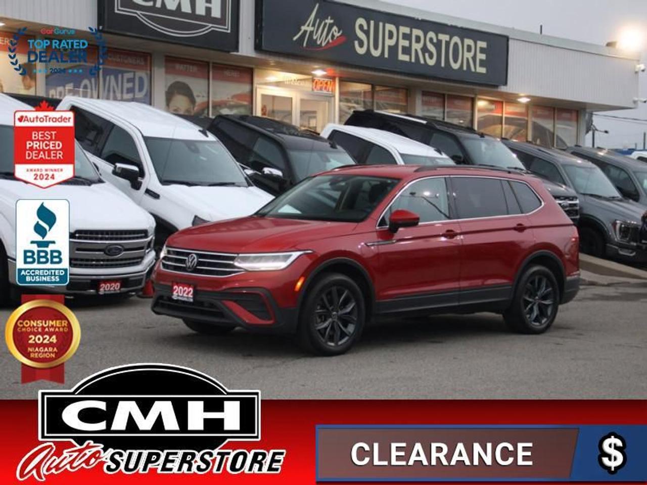 <b>LOADED AWD !! REAR CAMERA, LANE KEEP, BLIND SPOT, ADAPTIVE CRUISE CONTROL, APPLE CARPLAY, ANDROID AUTO, BLUETOOTH, LEATHER, POWER DRIVER SEAT, HEATED SEATS, HEATED STEERING WHEEL, DUAL CLIMATE CONTROL, WIRELESS PHONE CHARGER, POWER LIFTGATE, 18-IN ALLOYS</b><br>  <br>CMH certifies that all vehicles meet DOUBLE the Ministry standards for Brakes and Tires<br><br> <br>    This  2022 Volkswagen Tiguan is for sale today. <br> <br>Whether its a weekend warrior or the daily driver this time, this 2022 Tiguan makes every experience easier to manage. Cutting edge tech, both inside the cabin and under the hood, allow for safe, comfy, and connected rides that keep the whole party going. The crossover of the future is already here, and its called the Tiguan.This  SUV has 122,136 kms. Its  red in colour  and is major accident free based on the <a href=https://vhr.carfax.ca/?id=GqGrS+FDKvaf9NK2h+TZ1OQycaZDznbr target=_blank>CARFAX Report</a> . It has an automatic transmission and is powered by a  184HP 2.0L 4 Cylinder Engine. <br> <br> Our Tiguans trim level is Comfortline. This luxurious and confident Tiguan Comfortline comes very well equipped with 4MOTION all-wheel drive capability, a larger 8 inch touchscreen display that features Volkswagen Car-Net, Android Auto and Apple CarPlay, heated leatherette seats, a heated steering wheel, a power liftgate and blind spot detection. This sporty family SUVW also includes unique aluminum wheels and chrome exterior accents, automatic LED lights, remote engine start, a 40/20/40 split-folding rear seats, an advanced 10 inch digital cockpit, power heated mirrors, front assist with autonomous emergency braking, KESSY keyless access with push-start button plus much more!  This vehicle has been upgraded with the following features: Power Liftgate,  Remote Start,  Synthetic Leather Seats,  Adaptive Cruise Control,  Heated Seats,  Heated Steering Wheel,  Lane Keep Assist. <br> <br>To apply right now for financing use this link : <a href=https://www.cmhniagara.com/financing/ target=_blank>https://www.cmhniagara.com/financing/</a><br><br> <br/><br>Trade-ins are welcome! Financing available OAC ! Price INCLUDES a valid safety certificate! Price INCLUDES a 60-day limited warranty on all vehicles except classic or vintage cars. CMH is a Full Disclosure dealer with no hidden fees. We are a family-owned and operated business for over 30 years! o~o