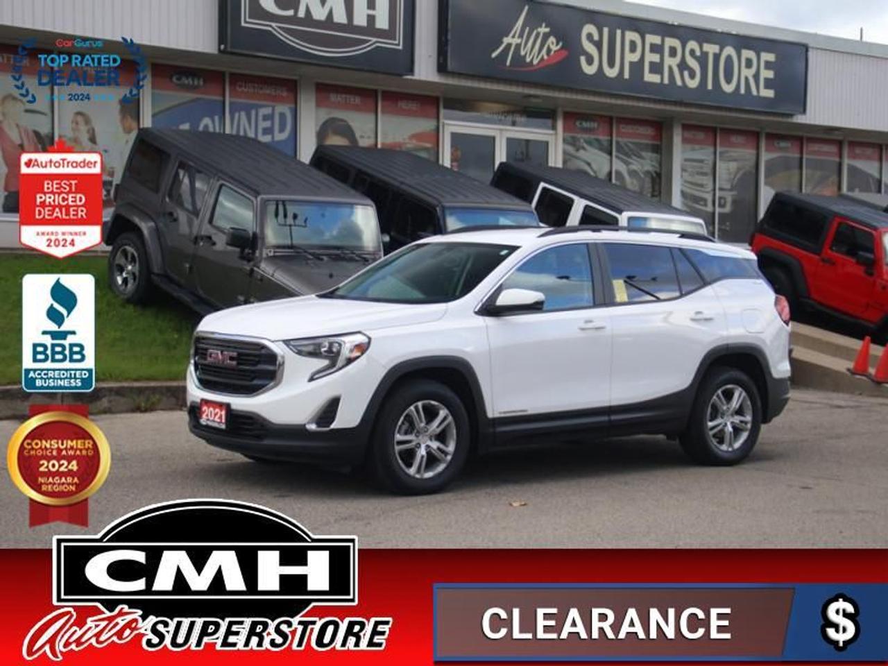 <b>ALL WHEEL DRIVE !! REAR CAMERA, PARKING SENSOR , ADAPTIVE CRUISE CONTROL, COLLISION SENSORS, BLIND SPOT, LANE DEPARTURE, APPLE CARPLAY, ANDROID AUTO, POWER DRIVER SEAT, HEATED SEATS, DUAL CLIMATE CONTROL, POWER LIFTGATE, REMOTE START, 17-IN ALLOY WHEELS</b><br>  <br>CMH certifies that all vehicles meet DOUBLE the Ministry standards for Brakes and Tires<br><br> <br>    This  2021 GMC Terrain is for sale today. <br> <br>The GMC Terrain is a refined and comfortable compact SUV, designed with relentless engineering and modern technology. The interior has a clean design, with upscale materials like soft-touch surfaces and premium trim. The Terrain also offers plenty of cargo room behind the backseat and 63.3 cubic feet with the backseat folded. Quiet, spacious and comfortable, this Terrain is exactly what youd expect from the Professional Grade SUV! This  SUV has 69,156 kms. Its  white in colour  and is major accident free based on the <a href=https://vhr.carfax.ca/?id=SvaSd1IjDUbb/q4Y3XrEV129UMqAZl08 target=_blank>CARFAX Report</a> . It has an automatic transmission and is powered by a  170HP 1.5L 4 Cylinder Engine. <br> <br> Our Terrains trim level is SLE. This amazing crossover comes with some impressive features such as heated front seats, a colour touchscreen infotainment system featuring Apple CarPlay, Android Auto and SiriusXM plus its also 4G LTE hotspot capable. This Terrain SLE also includes lane keep assist with lane departure warning, forward collision alert, Teen Driver technology, a remote engine starter, a rear vision camera, LED signature lighting, StabiliTrak with hill decent control, a leather-wrapped steering wheel with audio and cruise controls, a power driver seat and a 60/40 split-folding rear seat to make hauling larger items a breeze. This vehicle has been upgraded with the following features: Heated Seats,  Remote Start,  Aluminum Wheels,  Lane Keep Assist,  Forward Collision Alert,  Rear View Camera,  Android Auto. <br> <br>To apply right now for financing use this link : <a href=https://www.cmhniagara.com/financing/ target=_blank>https://www.cmhniagara.com/financing/</a><br><br> <br/><br>Trade-ins are welcome! Financing available OAC ! Price INCLUDES a valid safety certificate! Price INCLUDES a 60-day limited warranty on all vehicles except classic or vintage cars. CMH is a Full Disclosure dealer with no hidden fees. We are a family-owned and operated business for over 30 years! o~o