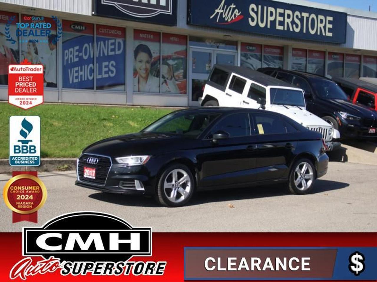 <b>UNDER 100,000 KMS !! QUATTRO !! BLUETOOTH, STEERING WHEEL CONTROLS, CRUISE CONTROL, START-STOP, SUNROOF, LEATHER, POWER DRIVER SEAT, HEATED FRONT SEATS, DUAL CLIMATE CONTROL, 17-INCH ALLOY WHEELS</b><br>  <br>CMH certifies that all vehicles meet DOUBLE the Ministry standards for Brakes and Tires<br><br> <br>    This  2017 Audi A3 is for sale today. <br> <br>This Audi A3 was built to drive, and it does it well. Whether you were looking for a family hauler or a fun sedan, this A3 does it all. Offering a deeply satisfying performance, amazing tech features, and incredible luxury, this A3 can be your next partner in adventure.This  sedan has 94,547 kms. Its  black in colour  and is major accident free based on the <a href=https://vhr.carfax.ca/?id=CA2KgyLfmoqort5BkGWKwL6beKjAF3Ua target=_blank>CARFAX Report</a> . It has an automatic transmission and is powered by a  220HP 2.0L 4 Cylinder Engine. <br> <br> Our A3s trim level is 2.0T quattro Komfort. This Audi A3 is equipped with an incredible list of features including a sunroof, heated seats, climate control, keyless entry, and parking sensors. Infotainment takes every trip to the next level with smart device integration, steering wheel controls, Bluetooth, and SiriusXM.  This vehicle has been upgraded with the following features: Sunroof,  Heated Seats,  Park Assist,  Climate Control,  Remote Keyless Entry,  Steering Wheel Controls,  Bluetooth. <br> <br>To apply right now for financing use this link : <a href=https://www.cmhniagara.com/financing/ target=_blank>https://www.cmhniagara.com/financing/</a><br><br> <br/><br>Trade-ins are welcome! Financing available OAC ! Price INCLUDES a valid safety certificate! Price INCLUDES a 60-day limited warranty on all vehicles except classic or vintage cars. CMH is a Full Disclosure dealer with no hidden fees. We are a family-owned and operated business for over 30 years! o~o