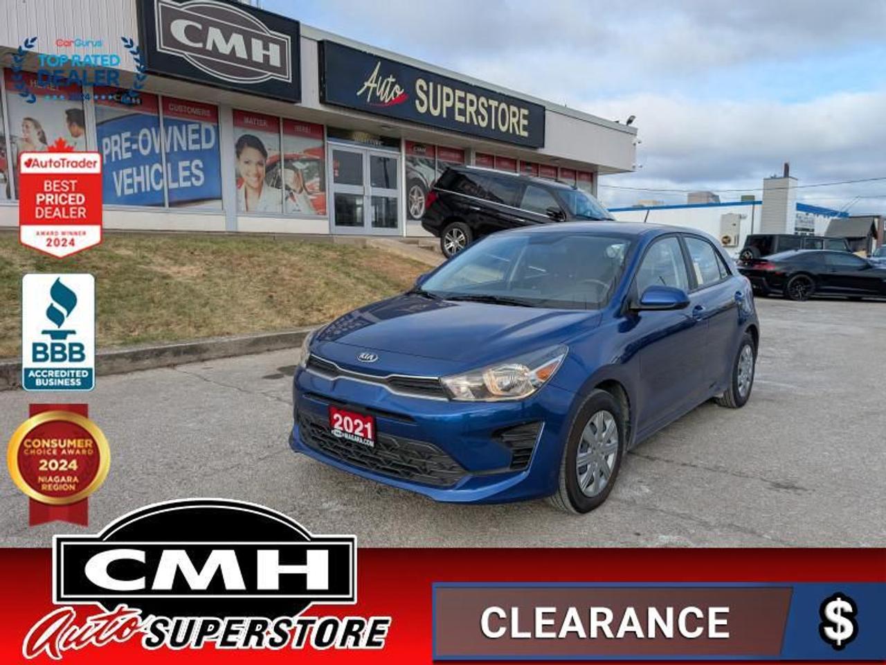 <b>AUTOMATIC HATCHBACK !! REAR CAMERA, APPLE CARPLAY, ANDROID AUTO, BLUETOOTH, AUXILIARY PORT, STEERING WHEEL CONTROLS, CRUISE CONTROL, HEATED SEATS, POWER WINDOWS, POWER LOCKS, POWER MIRRORS, AIR CONDITIONING, 15-INCH STEEL WHEELS W/ PLASTIC COVERS</b><br>  <br>CMH certifies that all vehicles meet DOUBLE the Ministry standards for Brakes and Tires<br><br> <br>    This  2021 Kia Rio 5-door is for sale today. <br> <br>This Rio was built to be efficient and affordable, while offering a surprising array of modern features like an infotainment system with a 5 inch display, Bluetooth, aux and USB inputs, and AM/FM/MP3 and satellite radio. Continuing the Kia tradition of high value is a loaded interior featuring heated front seats and steering wheel, leather steering wheel with audio controls, remote keyless entry, power locks and windows, rearview camera, automatic headlights, and heated power side mirrors.This  hatchback has 101,436 kms. Its  blue in colour  . It has an automatic transmission and is powered by a  120HP 1.6L 4 Cylinder Engine. <br> <br> Our Rio 5-doors trim level is LX+. This LX+ adds some awesome features to modernize your Rio5 with cruise control, air conditioning and Bluetooth connectivity with streaming audio. Additional features include amazing tech like a large 8 inch touch screen display with wireless Android Auto and Apple CarPlay AUX and USB inputs and satellite radio. Continuing the Kia tradition of high value, this Rio5 is loaded with heated front seats, a leather steering wheel, remote keyless entry, power windows, a rearview camera, automatic headlights and heated power side mirrors. This vehicle has been upgraded with the following features: Heated Seats,  Android Auto,  Apple Carplay,  Remote Keyless Entry,  Satellite Radio,  Touch Screen,  Streaming Audio. <br> <br>To apply right now for financing use this link : <a href=https://www.cmhniagara.com/financing/ target=_blank>https://www.cmhniagara.com/financing/</a><br><br> <br/><br>Trade-ins are welcome! Financing available OAC ! Price INCLUDES a valid safety certificate! Price INCLUDES a 60-day limited warranty on all vehicles except classic or vintage cars. CMH is a Full Disclosure dealer with no hidden fees. We are a family-owned and operated business for over 30 years! o~o