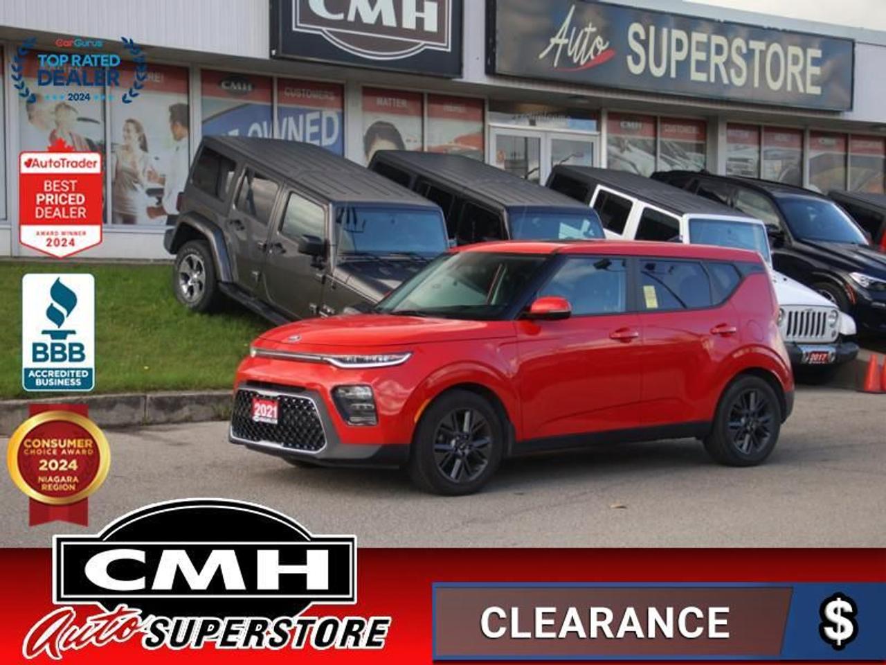 <b>GREAT FEATURES !! FUEL EFFICIENT !! REAR CAMERA, LANE DEPARTURE/KEEPING, BLIND SPOT, COLLISION SENSORS, APPLE CARPLAY, ANDROID AUTO, STEERING WHEEL CONTROLS, SUNROOF, HEATED SEATS, HEATED STEERING WHEEL, WIRELESS PHONE CHARGER, 17-INCH ALLOY WHEELS</b><br>  <br>CMH certifies that all vehicles meet DOUBLE the Ministry standards for Brakes and Tires<br><br> <br>    This  2021 Kia Soul is for sale today. <br> <br>A fresh redesign, true to its unique style, but with all the best of modern tech, this 2021 Kia Soul is exactly what the Soul needed. The Kia Soul has been one of the quirkiest and iconic urban crossovers since the genre started. With its unique, cube like shape and club like interior, all stuffed with the best tech features, and at a price people can afford, the Kia Soul is a long living favorite of the new generation of car buyers. This redesign is only gonna make it better.This  SUV has 93,836 kms. Its  inferno red in colour  and is major accident free based on the <a href=https://vhr.carfax.ca/?id=YyA0oKAW6khI5rG0Gle0pcPR71a/h3r2 target=_blank>CARFAX Report</a> . It has an automatic transmission and is powered by a  147HP 2.0L 4 Cylinder Engine. <br> <br> Our Souls trim level is EX+. This EX+ comes with all the bells and whistles like a sunroof, animal friendly artificial leather seats, wireless charging, a heated leather steering wheel, heated front seats, remote keyless entry and collision avoidance technology. Exterior style is enhanced with a gloss black grille with chrome accents, LED headlights and fog lights, unique aluminum wheels, heated side mirrors with turn signals and a rearview camera. Technology in this awesome SUV is taken to the next level with lane keep assist, blind spot monitoring, forward collision-avoidance assist, rear cross traffic alert and also comes with Android Auto, Apple CarPlay and a 7 inch touchscreen display. This vehicle has been upgraded with the following features: Sunroof,  Aluminum Wheels,  Wireless Charging,  Led Headlights,  Android Auto,  Apple Carplay,  Heated Steering Wheel. <br> <br>To apply right now for financing use this link : <a href=https://www.cmhniagara.com/financing/ target=_blank>https://www.cmhniagara.com/financing/</a><br><br> <br/><br>Trade-ins are welcome! Financing available OAC ! Price INCLUDES a valid safety certificate! Price INCLUDES a 60-day limited warranty on all vehicles except classic or vintage cars. CMH is a Full Disclosure dealer with no hidden fees. We are a family-owned and operated business for over 30 years! o~o