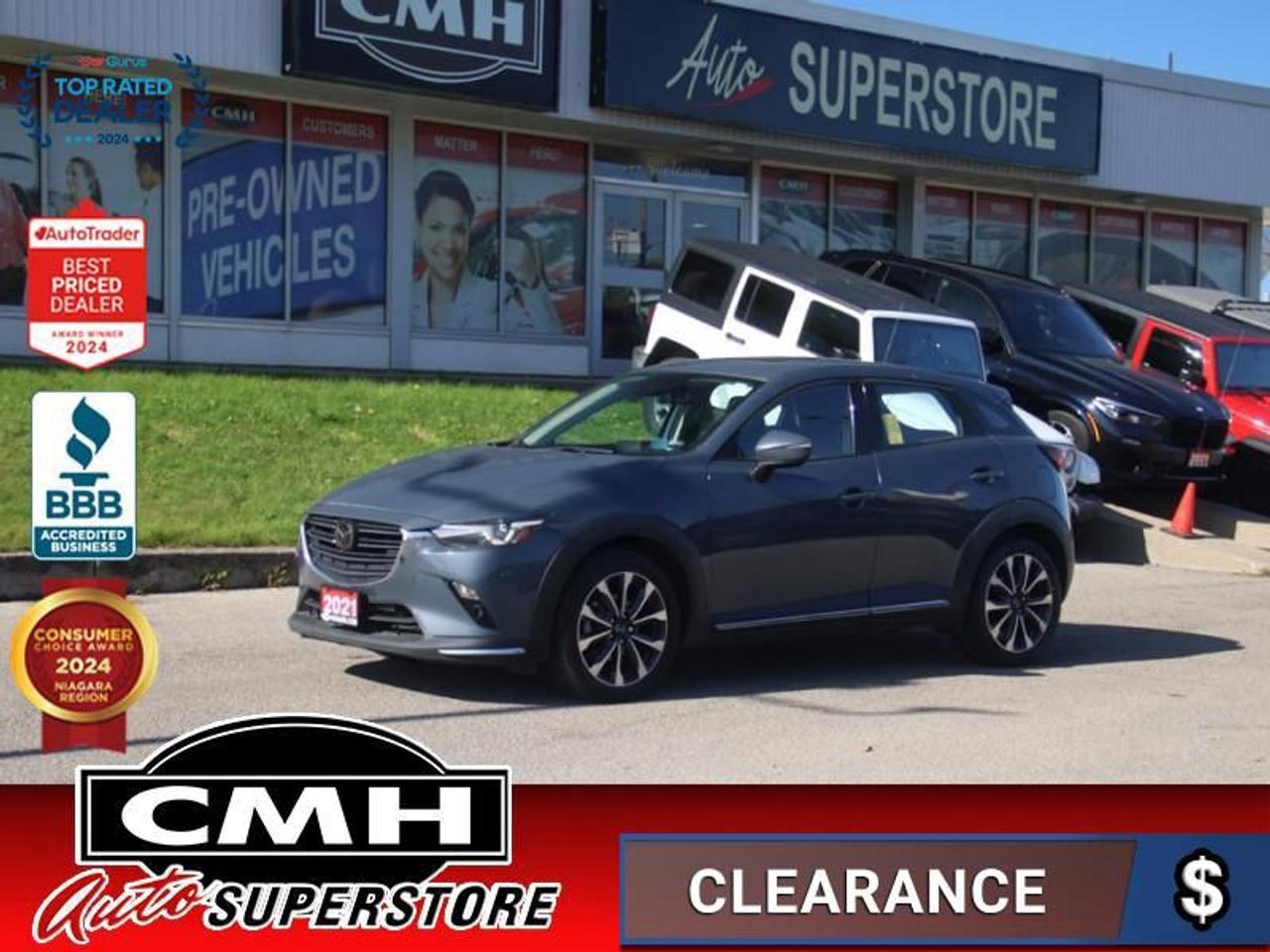 <b>LOADED AWD !! REAR CAMERA, ADAPTIVE CRUISE CONTROL, COLLISION SENSORS, BLIND SPOT, LANE DEPARTURE, HEADS UP DISPLAY, APPLE CARPLAY, ANDROID AUTO, SUNROOF, LEATHER, POWER DRIVER SEAT, HEATED SEATS, HEATED STEERING WHEEL, BOSE AUDIO, 18-INCH ALLOY WHEELS</b><br>  <br>CMH certifies that all vehicles meet DOUBLE the Ministry standards for Brakes and Tires<br><br> <br>    This  2021 Mazda CX-3 is for sale today. <br> <br>From its sophisticated exterior design to the cutting-edge technological innovations, Mazda engineers designed the 2021 CX-3 to inspire joy behind the wheel. The compact but versatile interior of the 2021 CX-3 with expandable cargo space, foldable rear seats, and customizable storage accessories is designed to impress drivers and passengers alike.This  SUV has 75,627 kms. Its  polymetal grey metallic in colour  . It has an automatic transmission and is powered by a  148HP 2.0L 4 Cylinder Engine. <br> <br> Our CX-3s trim level is GT. This CX-3 GT comes with plenty of amazing technology and luxurious features such as an active driving display on the windshield, larger and more stylish aluminum wheels, a 7 inch colour touchscreen with Mazda Connect, navigation, wireless Apple CarPlay and Android Auto. It also comes with a power sunroof, heated seats with power / memory settings for the driver, a heated steering wheel, distance pacing cruise control, lane departure warning, traffic sign recognition, Bose premium audio, blind spot monitoring, smart city brake support LED signature lighting and an advanced proximity keyless entry system. Additional features are plush leather seats, soft touch surfaces with unique stitching detail, suede interior trim and chrome exterior accents. This vehicle has been upgraded with the following features: Heads Up Display,  Sunroof,  Leather Seats,  Navigation,  Aluminum Wheels,  Heated Seats,  Heated Steering Wheel. <br> <br>To apply right now for financing use this link : <a href=https://www.cmhniagara.com/financing/ target=_blank>https://www.cmhniagara.com/financing/</a><br><br> <br/><br>Trade-ins are welcome! Financing available OAC ! Price INCLUDES a valid safety certificate! Price INCLUDES a 60-day limited warranty on all vehicles except classic or vintage cars. CMH is a Full Disclosure dealer with no hidden fees. We are a family-owned and operated business for over 30 years! o~o
