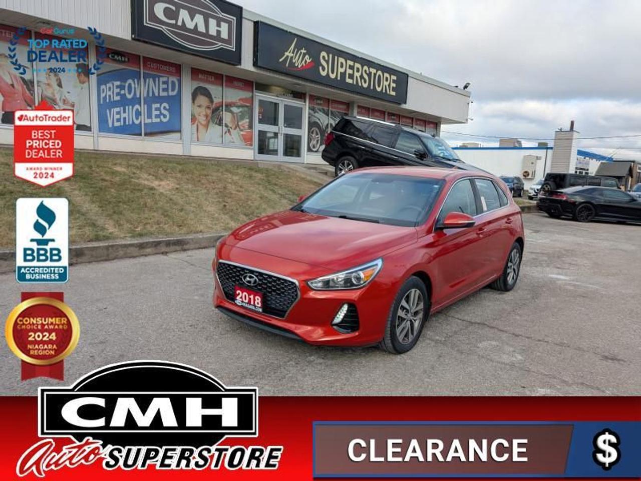 <b>ONLY 64,000 KMS !! NO ACCIDENTS !! REAR CAMERA, BLIND SPOT MONITORING, APPLE CARPLAY, ANDROID AUTO, BLUETOOTH, STEERING WHEEL CONTROLS, CRUISE CONTROL, HEATED FRONT SEATS, HEATED STEERING WHEEL, POWER GROUP, AIR CONDITIONING, 16-INCH ALLOY WHEELS</b><br>  <br>CMH certifies that all vehicles meet DOUBLE the Ministry standards for Brakes and Tires<br><br> <br>    This  2018 Hyundai Elantra GT is for sale today. <br> <br>The all-new 2018 Elantra GT is the latest member to join the Hyundai Elantra family. This sporty hatchback was designed in Europe and fine-tuned on the infamous Nurburgring race circuit in Germany. Experience precise and responsive handling for a rewarding drive on your daily commute, weekend adventures, and everything else in between.This low mileage  hatchback has just 63,282 kms. Its  orange in colour  and is major accident free based on the <a href=https://vhr.carfax.ca/?id=hunpIL/3Gw6mP3EoCkxG479KGoD89XKA target=_blank>CARFAX Report</a> . It has an automatic transmission and is powered by a  162HP 2.0L 4 Cylinder Engine. <br> <br> Our Elantra GTs trim level is GL. The 2018 Hyundai Elantra GT GL is a finely tuned family oriented sports hatchback that delivers an adrenaline rush time and time again. Features and options include power door and tailgate locks, perimeter and approach lights, heated side mirrors with turn signal indicator, 6 speaker stereo with an 8 inch display, Android Auto, Apple CarPlay, Bluetooth connectivity, power windows front and rear, heated front bucket seats, heated steering wheel, remote keyless entry, air conditioning, cruise control, chrome and metal look interior accents, blind spot sensor, rear collision alert, tore specific low tire pressure warning, rear view camera, ESC, ABS, Driveline traction control and much more. This vehicle has been upgraded with the following features: Heated Seats,  Rear View Camera,  Heated Steering Wheel,  Bluetooth,  Blind Spot Detection,  Aluminum Wheels. <br> <br>To apply right now for financing use this link : <a href=https://www.cmhniagara.com/financing/ target=_blank>https://www.cmhniagara.com/financing/</a><br><br> <br/><br>Trade-ins are welcome! Financing available OAC ! Price INCLUDES a valid safety certificate! Price INCLUDES a 60-day limited warranty on all vehicles except classic or vintage cars. CMH is a Full Disclosure dealer with no hidden fees. We are a family-owned and operated business for over 30 years! o~o