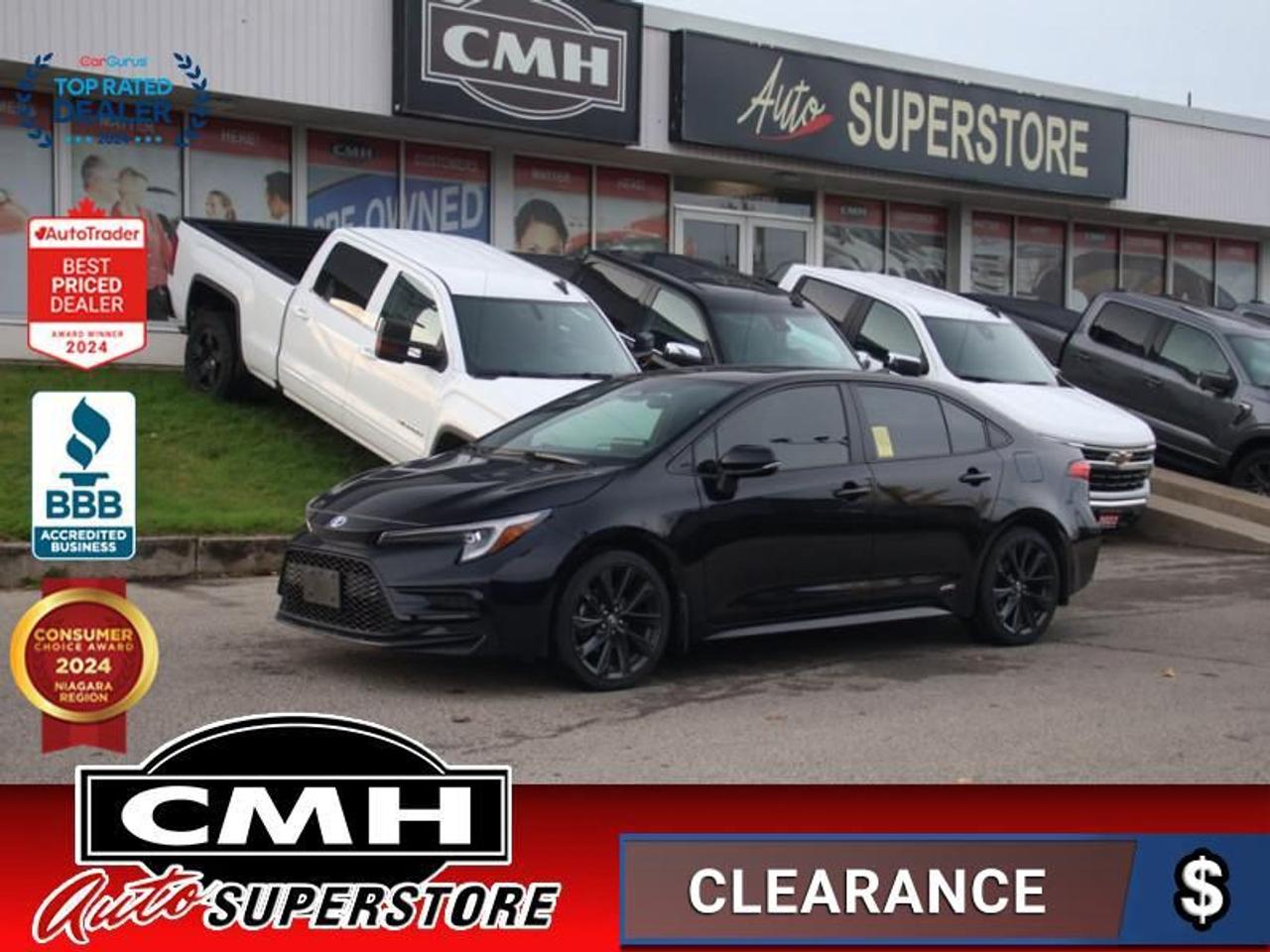 <b>HYBRID AWD !! 1 OWNER !! REAR CAMERA, LANE DEPARTURE, BLIND SPOT, COLLISION SENSORS, CROSS TRAFFIC, ADAPTIVE RADAR CRUISE CONTROL, AUTO HIGH BEAM, APPLE CARPLAY, ANDROID AUTO, SUNROOF, HEATED SEATS, HEATED STEERING WHEEL, CLIMATE CONTROL, 18-INCH ALLOYS</b><br>  <br>CMH certifies that all vehicles meet DOUBLE the Ministry standards for Brakes and Tires<br><br> <br>    This  2023 Toyota Corolla is for sale today. <br> <br>With a distinctive design, robust engineering and all-round practicality, this 2023 Corolla is a popular choice for shoppers who prioritize safety and style. A well-built interior with amazing standard technology ensures that this sedan withstands the day-to-day activities of an urban commute. A roomy cabin with comfortable ride quality ensures that occupants enjoy a smooth journey, both in the city and the highway.This  sedan has 146,370 kms. Its  black in colour  and is major accident free based on the <a href=https://vhr.carfax.ca/?id=SH/scoUJyeQmtg3HlPoTIz51MngycfF/ target=_blank>CARFAX Report</a> . It has an automatic transmission and is powered by a  138HP 1.8L 4 Cylinder Engine. <br> <br> Our Corollas trim level is Hybrid SE. Step up to this Corolla Hybrid SE and be treated to heated seats, automatic climate control, sleek Bi-LED headlights, an 8-inch touchscreen display featuring Apple CarPlay and Android Auto, advanced voice recognition, 6 speakers, next gen USB 2.0 audio ports, wireless streaming audio, SIRI Eyes Free and a crisp rear view camera. Additional features include blind spot detection, remote keyless entry, Toyota Safety Sense, dynamic radar cruise control, lane departure warning with lane steering assist, power windows, power adjustable heated mirrors and much more. This vehicle has been upgraded with the following features: Proximity Key,  Heated Seats,  Apple Carplay,  Android Auto,  Adaptive Cruise Control,  Lane Keep Assist,  Lane Departure Warning. <br> <br>To apply right now for financing use this link : <a href=https://www.cmhniagara.com/financing/ target=_blank>https://www.cmhniagara.com/financing/</a><br><br> <br/><br>Trade-ins are welcome! Financing available OAC ! Price INCLUDES a valid safety certificate! Price INCLUDES a 60-day limited warranty on all vehicles except classic or vintage cars. CMH is a Full Disclosure dealer with no hidden fees. We are a family-owned and operated business for over 30 years! o~o