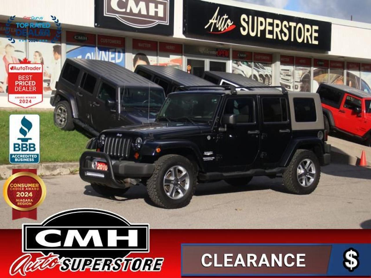 <b>GREAT MILEAGE !! 4X4 !! NAVIGATION, BLUETOOTH, TOUCH SCREEN, AUXILIARY + USB PORTS, POWER WINDOWS, POWER LOCKS, AIR CONDITIONING, CRUISE CONTROL, REMOTE START, HARD TOP, 18-INCH ALLOY WHEELS</b><br>  <br>CMH certifies that all vehicles meet DOUBLE the Ministry standards for Brakes and Tires<br><br> <br>    This  2010 Jeep Wrangler Unlimited is for sale today. <br> <br>Leave the road behind and let the adventure begin in this Jeep Wrangler Unlimited, the ultimate off-roading vehicle. With classic, timeless styling and extreme capability, this SUV appeals to anyone who likes to take their fun off the beaten path. While you can still enjoy the simple pleasures in life, this model also comes with modern technology to enhance comfort and convenience. Four-door convenience makes this a practical everyday SUV thats great for families. Theres simply nothing in the world quite like the Jeep Wrangler Unlimited. This  SUV has 144,853 kms. Its  black in colour  and is major accident free based on the <a href=https://vhr.carfax.ca/?id=Iqx1p/l9SYI9te192EXxUUNjaVMkuGsX target=_blank>CARFAX Report</a> . It has an automatic transmission and is powered by a  202HP 3.8L V6 Cylinder Engine. <br> <br>To apply right now for financing use this link : <a href=https://www.cmhniagara.com/financing/ target=_blank>https://www.cmhniagara.com/financing/</a><br><br> <br/><br>Trade-ins are welcome! Financing available OAC ! Price INCLUDES a valid safety certificate! Price INCLUDES a 60-day limited warranty on all vehicles except classic or vintage cars. CMH is a Full Disclosure dealer with no hidden fees. We are a family-owned and operated business for over 30 years! o~o