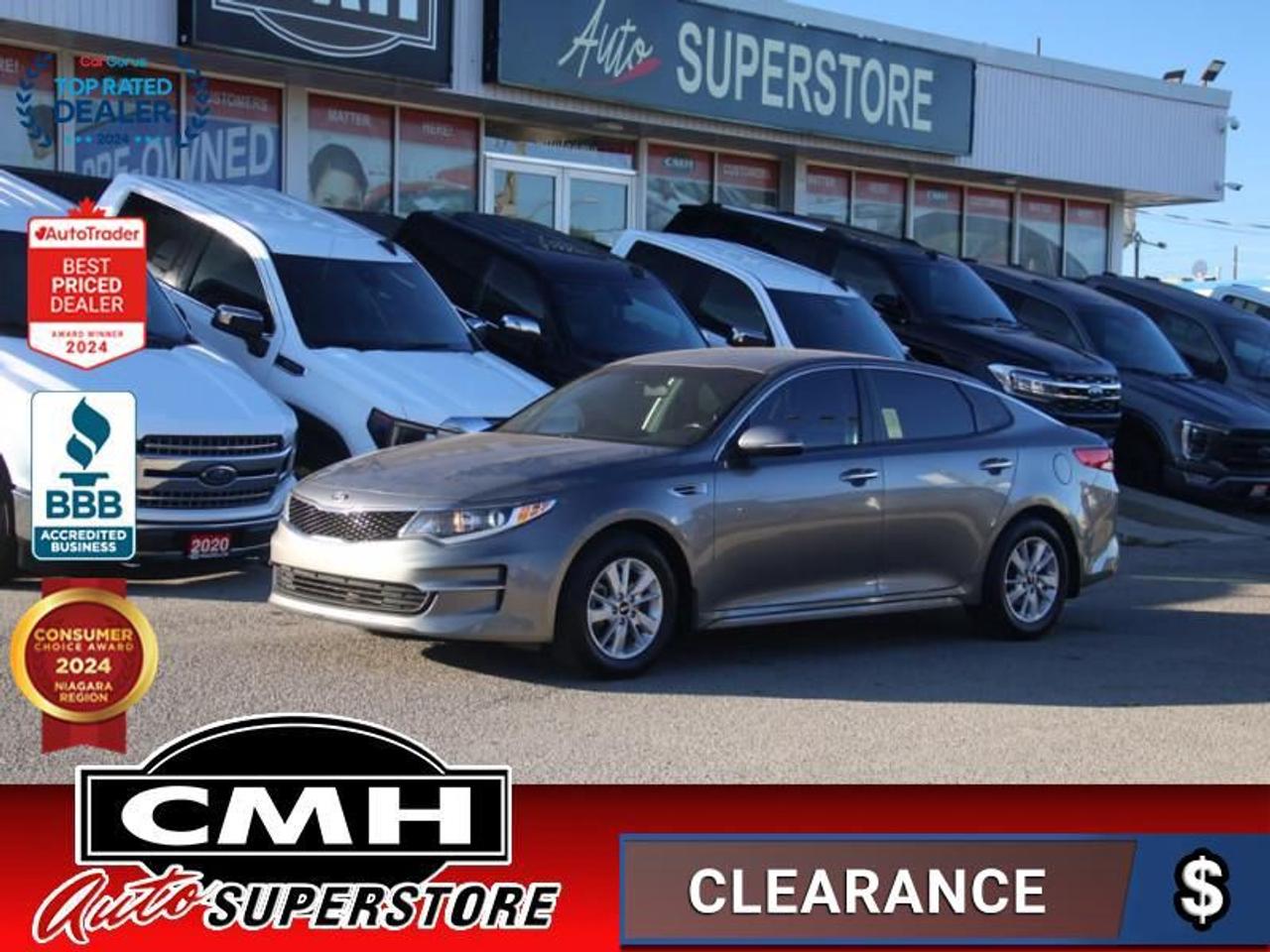 <b>FUEL EFFICIENT SEDAN !! BLUETOOTH, VOICE COMMAND, STEERING WHEEL CONTROLS, CRUISE CONTROL, AUXILIARY PORT, USB PORT, HEATED FRONT SEATS, POWER WINDOWS, POWER LOCKS, POWER MIRRORS, AIR CONDITIONING, 16-INCH ALLOY WHEELS</b><br>  <br>CMH certifies that all vehicles meet DOUBLE the Ministry standards for Brakes and Tires<br><br> <br>    This  2018 Kia Optima is for sale today. <br> <br>The latest model of the Kia Optima, the 2018 version comes with even more options and engine choices. The trim levels have been standardized and simplified, and the cabin has become even more driver and passenger optimized with the addition of premium options one would expect to find in a luxury sedan.This  sedan has 129,014 kms. Its  gray in colour  . It has an automatic transmission and is powered by a  185HP 2.4L 4 Cylinder Engine. <br> <br> Our Optimas trim level is LX Auto. One of the more refined executive mid-size sedans, the 2018 Kia Optima LX is created solely for an enjoyable and relaxing driving experience. The smooth and quiet Optima offers options such as chrome exterior accents, power heated side mirrors with turn signal indicators, a 6 speaker stereo with Bluetooth streaming audio, SiriusXM, iPod/USB auxiliary input jacks, voice activation and internal memory, remote keyless entry, remote power cargo access, a leather steering wheel, heated front bucket seats, cruise control, power door locks, perimeter alarm and plenty of safety features. This vehicle has been upgraded with the following features: Heated Seats,  Leather Steering Wheel,  Siriusxm,  Aluminum Wheels,  Steering Wheel Audio Control,  Bluetooth Streaming Audio. <br> <br>To apply right now for financing use this link : <a href=https://www.cmhniagara.com/financing/ target=_blank>https://www.cmhniagara.com/financing/</a><br><br> <br/><br>Trade-ins are welcome! Financing available OAC ! Price INCLUDES a valid safety certificate! Price INCLUDES a 60-day limited warranty on all vehicles except classic or vintage cars. CMH is a Full Disclosure dealer with no hidden fees. We are a family-owned and operated business for over 30 years! o~o