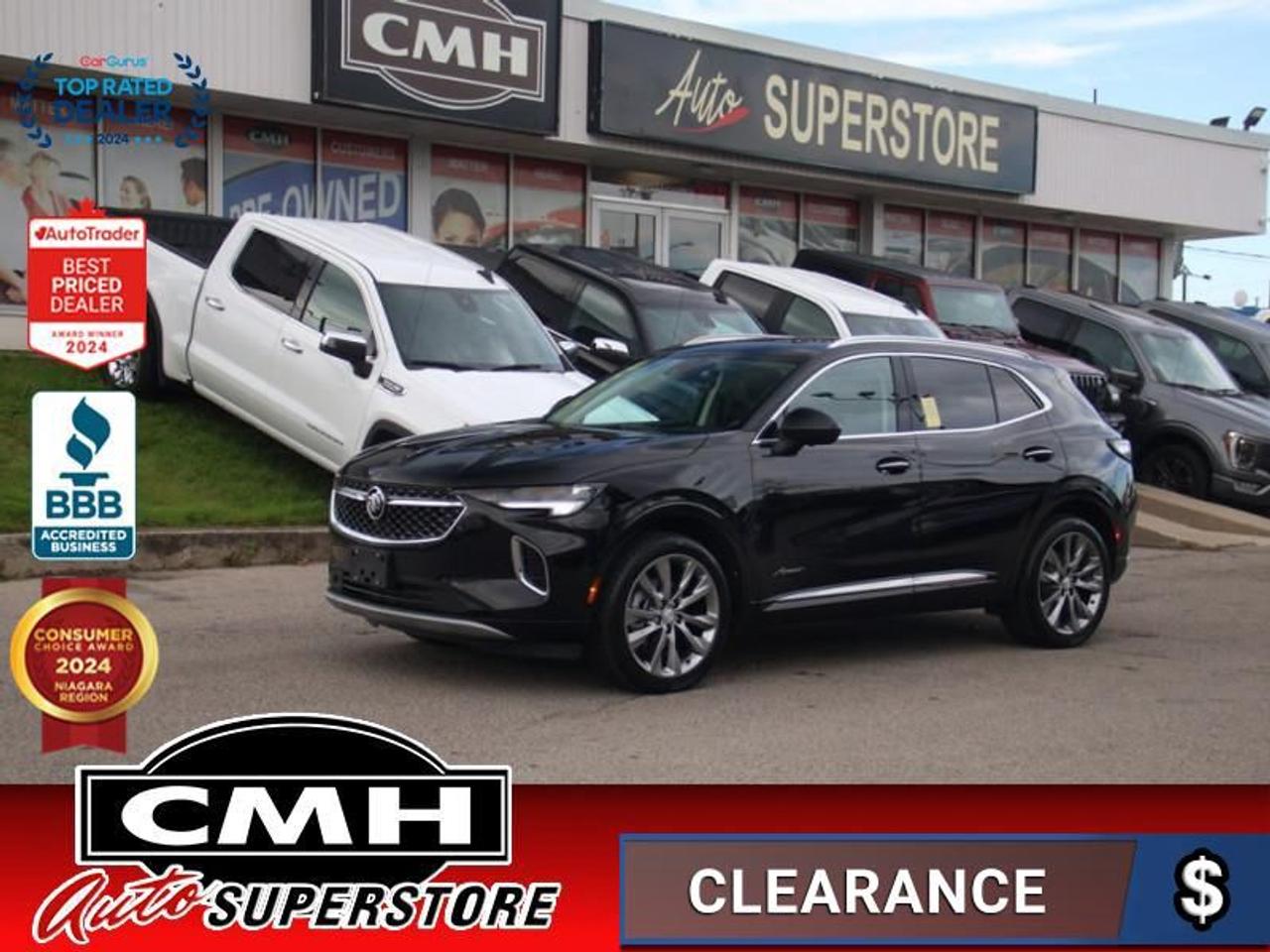 <b>ONLY 17,000 KMS !! NAVIGATION, 360 CAMERA, LANE KEEPING, COLLISION SENSORS, BLIND SPOT, ADAPTIVE CRUISE CONTROL, AUTO PARK ASSIST, HEADS UP DISPLAY, PANORAMIC SUNROOF, LEATHER, POWER SEATS, MASSAGE SEATS, COOLED/HEATED, HEATED STEERING, POWER LIFTGATE</b><br>  <br>CMH certifies that all vehicles meet DOUBLE the Ministry standards for Brakes and Tires<br><br> <br>    This  2021 Buick Envision is for sale today. <br> <br>Your sense of luxury has been set in motion with this 2021 Buick Envision. Responsive performance, intelligent innovations, and a thoughtfully crafted interior ensure that this Envision is a joy to drive, and a joy to share. For the next step in luxury crossovers, look no further than this 2021 Buick Envision. This low mileage  SUV has just 16,508 kms. Its  black in colour  and is major accident free based on the <a href=https://vhr.carfax.ca/?id=5LDBrvy0cFqrZnvzJaO0ZeNZ80fzOEBX target=_blank>CARFAX Report</a> . It has an automatic transmission and is powered by a  228HP 2.0L 4 Cylinder Engine. <br> <br> Our Envisions trim level is Avenir. Designed to inspire, this top of the line Envision Avenir adds premium leather seats, a power sunroof, heads up display, blind spot monitoring with lane change alert, exclusive aluminum wheels and power front seats. Additional features include a modern infotainment system complete with an 10.2 inch touchscreen, navigation, wireless Apple CarPlay and Android Auto capability, SiriusXM, wireless device charging, and a Bose premium audio system. This luxurious crossover also comes equipped with remote start, 4G WiFi, active noise cancellation, Buick Connected Access with OnStar capability, dual zone climate control, a leather steering wheel with audio and cruise controls, ambient interior lighting, one touch flat folding rear seat, Teen Driver technology and much more! This vehicle has been upgraded with the following features: Sunroof,  Navigation,  Bose Premium Sound,  Wireless Charging,  Leather Seats,  Head Up Display,  Blind Spot Monitoring. <br> <br>To apply right now for financing use this link : <a href=https://www.cmhniagara.com/financing/ target=_blank>https://www.cmhniagara.com/financing/</a><br><br> <br/><br>Trade-ins are welcome! Financing available OAC ! Price INCLUDES a valid safety certificate! Price INCLUDES a 60-day limited warranty on all vehicles except classic or vintage cars. CMH is a Full Disclosure dealer with no hidden fees. We are a family-owned and operated business for over 30 years! o~o