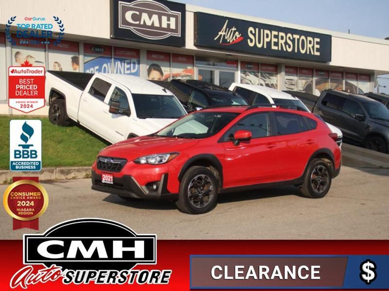 <b>ALL WHEEL DRIVE !! EYESIGHT PKG !! REAR CAMERA, LANE KEEPING, ADAPTIVE CRUISE CONTROL, BRAKE ASSIST, APPLE CARPLAY, ANDROID AUTO, BLUETOOTH, STEERING WHEEL CONTROLS, HEATED SEATS, HEATED STEERING WHEEL, CLIMATE CONTROL, 17-INCH ALLOY WHEELS</b><br>  <br>CMH certifies that all vehicles meet DOUBLE the Ministry standards for Brakes and Tires<br><br> <br>    This  2021 Subaru Crosstrek is for sale today. <br> <br>Designed to go further, the safe, reliable and capable 2021 Subaru Crosstrek will take you where others cant. Whether its a highway or high pass the Crosstreks high clearance, all wheel drive, and well tuned suspension will take you to work in comfort and to the trailhead with ease. Find those hard to get to places with the 2021 Subaru Crosstrek.This  SUV has 92,017 kms. Its  red in colour  and is major accident free based on the <a href=https://vhr.carfax.ca/?id=UwvBWAicwKMM4zApQDd66KJlWvRK28+p target=_blank>CARFAX Report</a> . It has an automatic transmission and is powered by a  152HP 2.0L 4 Cylinder Engine. <br> <br> Our Crosstreks trim level is Touring. This Touring Crosstrek comes equipped with fog lights, automatic headlights, automatic climate control and a leather appointed interior with a leather wrapped steering wheel and heated seats. This crossover also comes with a 6.5 inch infotainment system with Apple CarPlay, Android Auto, STARLINK smartphone integration (including Aha radio), USB port/iPod control, and steering wheel audio controls. Youll also get aluminum alloy wheels, and a rear view camera to help get into those crowded trail heads. This vehicle has been upgraded with the following features: Heated Seats,  Android Auto,  Apple Carplay,  Aluminum Wheels,  Keyless Entry,  Starlink,  Steering Wheel Audio Control. <br> <br>To apply right now for financing use this link : <a href=https://www.cmhniagara.com/financing/ target=_blank>https://www.cmhniagara.com/financing/</a><br><br> <br/><br>Trade-ins are welcome! Financing available OAC ! Price INCLUDES a valid safety certificate! Price INCLUDES a 60-day limited warranty on all vehicles except classic or vintage cars. CMH is a Full Disclosure dealer with no hidden fees. We are a family-owned and operated business for over 30 years! o~o