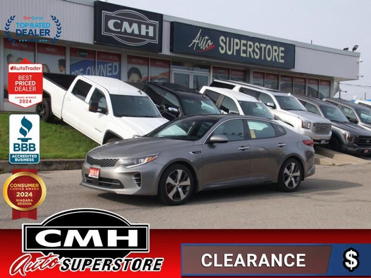 <b>ONLY 66,000 KMS !! NAVIGATION, REAR CAMERA, BLIND SPOT, LANE KEEPING, BLUETOOTH, PANORAMIC SUNROOF, LEATHER, POWER DRIVER SEAT W/ MEMORY, HEATED SEATS, COOLED SEATS, HEATED STEERING WHEEL, DUAL CLIMATE CONTROL, PREMIUM AUDIO, 18-INCH ALLOY WHEELS</b><br>  <br>CMH certifies that all vehicles meet DOUBLE the Ministry standards for Brakes and Tires<br><br> <br>    This  2016 Kia Optima is for sale today. <br> <br>Getting behind the wheel of a stylish sedan that fits the way you drive - theres nothing like it. The 2016 Kia Optima has been designed to fit your lifestyle and driving needs. A sleek fusion of bold style, heart-pounding performance, and advanced technology, the 2016 Optima confidently pushes the boundaries of the midsize sedan, with plenty of attitude to spare. This low mileage  sedan has just 66,054 kms. Its  gray in colour  . It has an automatic transmission and is powered by a  245HP 2.0L 4 Cylinder Engine. <br> <br> Our Optimas trim level is SXL Turbo. This top-of-the-line Optima SXL is a thrilling sedan. It comes with Nappa premium Black or Cabernet leather seats which are heated and cooled in front, heated back seats, navigation, Harman Kardon premium audio, a wireless phone charger, Bluetooth, SiriusXM, a 360-degree camera, dual power sunroofs, a heated steering wheel, adaptive cruise control, autonomous emergency braking, and more. This vehicle has been upgraded with the following features: Sunroof,  Navigation,  Leather Seats,  Cooled Seats,  Bluetooth,  Premium Sound Package,  Rear View Camera. <br> <br>To apply right now for financing use this link : <a href=https://www.cmhniagara.com/financing/ target=_blank>https://www.cmhniagara.com/financing/</a><br><br> <br/><br>Trade-ins are welcome! Financing available OAC ! Price INCLUDES a valid safety certificate! Price INCLUDES a 60-day limited warranty on all vehicles except classic or vintage cars. CMH is a Full Disclosure dealer with no hidden fees. We are a family-owned and operated business for over 30 years! o~o