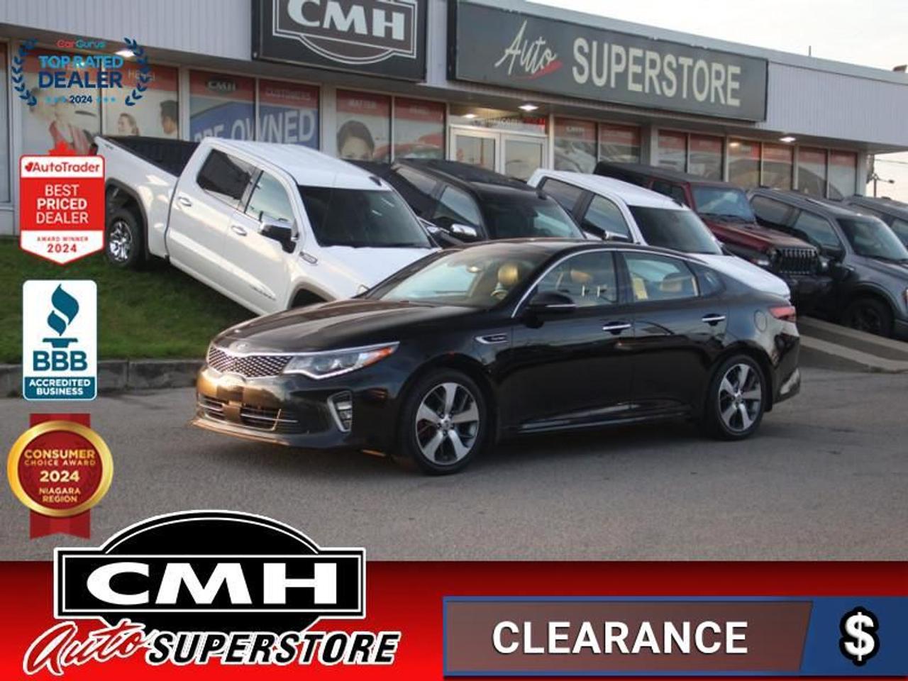 <b>FULLY EQUIPPED !! NAVIGATION, 360 CAMERA, PARKING SENSORS, COLLISION SENSORS, BLIND SPOT, ADAPTIVE CRUISE, AUTO HIGH BEAM, RAIN SENSING WIPERS, WIRELESS PHONE CHARGER, PANORAMIC SUNROOF, LEATHER, POWER SEATS, COOLED/HEATED SEATS, HEATED STEERING WHEEL</b><br>  <br>CMH certifies that all vehicles meet DOUBLE the Ministry standards for Brakes and Tires<br><br> <br>    This  2018 Kia Optima is for sale today. <br> <br>The latest model of the Kia Optima, the 2018 version comes with even more options and engine choices. The trim levels have been standardized and simplified, and the cabin has become even more driver and passenger optimized with the addition of premium options one would expect to find in a luxury sedan.This  sedan has 108,979 kms. Its  black in colour  . It has an automatic transmission and is powered by a  245HP 2.0L 4 Cylinder Engine. <br> <br> Our Optimas trim level is SXL Turbo. This top of the range Optima SXL Turbo is undeniably a powerful family car offering a safe, sporty, yet extremely comfortable ride. Premium options include a voice-activated navigation system and a Harman Kardon multimedia system with QuantomLogic surround technology, wireless phone charging, Android Auto and Apple CarPlay, Bluetooth streaming audio with SiriusXM satellite radio. You will also get lane departure warning, 360 cameras, rear parking sensors, blind spot detection sensor, autonomous emergency braking with forward collision alert, rear cross traffic collision alert and a large number of occupant safety airbags. Stylish aluminum wheels and metal look interior accents, heated and cooled Nappa leather power front bucket seats, distance pacing cruise control, a sport leather steering wheel and memory settings for drivers seat finnish off the long list of incredible features. This vehicle has been upgraded with the following features: Navigation,  Sunroof,  Leather Seats,  Cooled Seats,  Heated Seats,  Premium Sound Package,  Blind Spot Detection. <br> <br>To apply right now for financing use this link : <a href=https://www.cmhniagara.com/financing/ target=_blank>https://www.cmhniagara.com/financing/</a><br><br> <br/><br>Trade-ins are welcome! Financing available OAC ! Price INCLUDES a valid safety certificate! Price INCLUDES a 60-day limited warranty on all vehicles except classic or vintage cars. CMH is a Full Disclosure dealer with no hidden fees. We are a family-owned and operated business for over 30 years! o~o