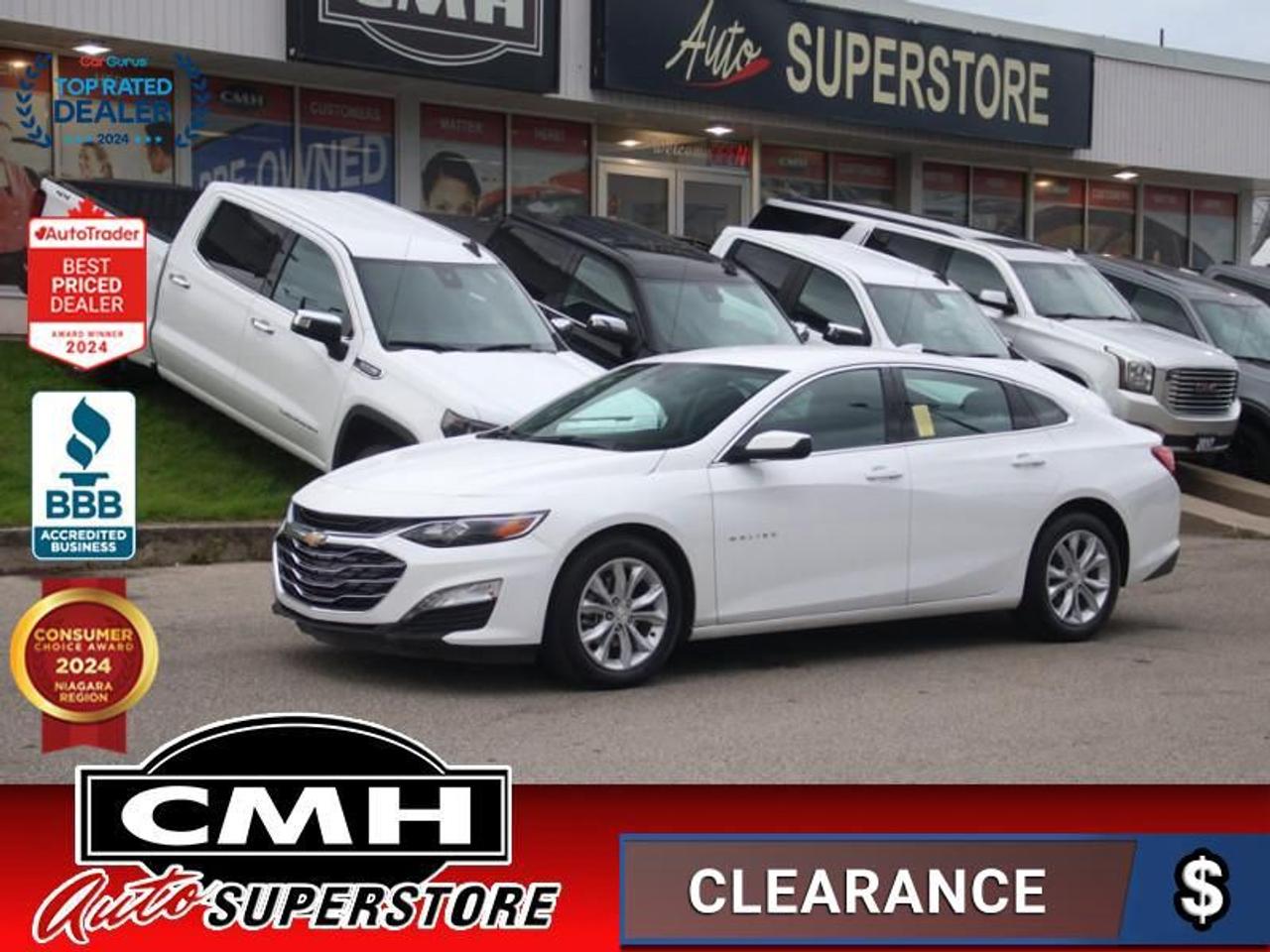 <b>ONLY 13,000 KMS !! REAR CAMERA, PARKING SENSORS, COLLISION SENSORS W/ BRAKING, LANE DEPARTURE, APPLE CARPLAY, ANDROID AUTO, WIRELESS PHONE CHARGER, POWER DRIVER SEAT, HEATED FRONT SEATS, REMOTE START, STEERING WHEEL CONTROL, 17-INCH ALLOY WHEELS</b><br>  <br>CMH certifies that all vehicles meet DOUBLE the Ministry standards for Brakes and Tires<br><br> <br>    This  2024 Chevrolet Malibu is for sale today. <br> <br>This 2024 Chevy Malibu is a great example of successful marriage of form and function. With outstanding fuel efficiency, a spacious and comfortable cabin, this Malibu features a robust body structure that contributes to its nimble handling and excellent ride. An efficient powertrain and a quiet ride make this spacious, well-appointed Chevy Malibu a strong choice in the competitive midsize segment.This low mileage  sedan has just 12,550 kms. Its  white in colour  and is major accident free based on the <a href=https://vhr.carfax.ca/?id=JBAwURiXcG6a8BDdkQ38QFriuyOKgUns target=_blank>CARFAX Report</a> . It has an automatic transmission and is powered by a  163HP 1.5L 4 Cylinder Engine. <br> <br> Our Malibus trim level is 1LT. This Malibu RS adds black grille inserts, a rear spoiler and black Chevy bowties, exclusive larger aluminum wheels, a leather wrapped steering wheel and a power driver seat. It also includes all the essential modern technology like an 8-inch touchscreen with wireless Android Auto and wireless Apple CarPlay, Teen Driver technology, Chevrolet Connected Access and 4G WiFi capability. You will also get remote keyless entry with push button start, steering wheel mounted audio and cruise controls, a rear-view camera, 6-speaker system audio system and stylish aluminum wheels. This vehicle has been upgraded with the following features: Aluminum Wheels,  Android Auto,  Apple Carplay,  Lane Keep Assist,  Lane Departure Warning,  Front Pedestrian Braking,  High Beam Assist. <br> <br>To apply right now for financing use this link : <a href=https://www.cmhniagara.com/financing/ target=_blank>https://www.cmhniagara.com/financing/</a><br><br> <br/><br>Trade-ins are welcome! Financing available OAC ! Price INCLUDES a valid safety certificate! Price INCLUDES a 60-day limited warranty on all vehicles except classic or vintage cars. CMH is a Full Disclosure dealer with no hidden fees. We are a family-owned and operated business for over 30 years! o~o