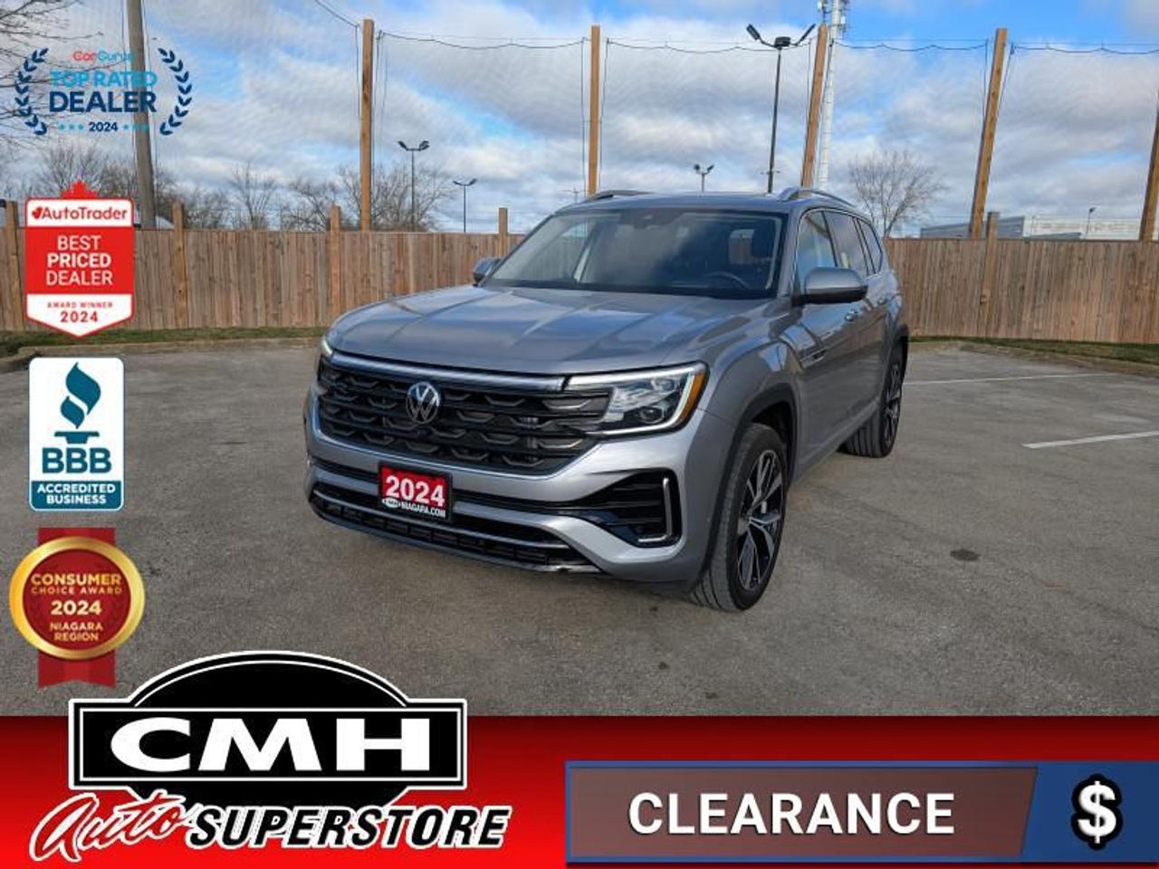 <b>NO ACCIDENTS !! 1 OWNER !! NAVIGATION, REAR CAMERA, HEADS UP DISPLAY, BLIND SPOT, ADAPTIVE CRUISE, LANE KEEPING, RAIN SENSING, APPLE CARPLAY, SUNROOF, LEATHER, POWER SEATS, COOLED/HEATED SEATS, HEATED STEERING WHEEL, POWER LIFTGATE, 21-INCH ALLOY WHEELS</b><br>  <br>CMH certifies that all vehicles meet DOUBLE the Ministry standards for Brakes and Tires<br><br> <br>    This  2024 Volkswagen Atlas is for sale today. <br> <br>This 2024 Volkswagen Atlas is a premium family hauler that offers voluminous space for occupants and cargo, comfort, sophisticated safety and driver-assist technology. The exterior sports a bold design, with an imposing front grille, coherent body lines, and a muscular stance. On the inside, trim pieces are crafted with premium materials and carefully put together to ensure rugged build quality, with straightforward control layouts, ergonomic seats, and an abundance of storage space. With a bevy of standard safety technology that inspires confidence, this 2024 Volkswagen Atlas is an excellent option for a versatile and capable family SUV.This  SUV has 29,457 kms. Its  silver in colour  and is major accident free based on the <a href=https://vhr.carfax.ca/?id=n/23Qpf4fAGEaIx6joZR9S1FePP9Kft4 target=_blank>CARFAX Report</a> . It has an automatic transmission and is powered by a  269HP 2.0L 4 Cylinder Engine. <br> <br> Our Atlass trim level is Execline 2.0 TSI. This range topping Exceline trim rewards you with awesome standard features such as a 360-camera system, a panoramic sunroof, harman/kardon premium audio, integrated navigation, and leather seating upholstery. Also standard include a power liftgate for rear cargo access, heated and ventilated front seats, a heated steering wheel, remote engine start, adaptive cruise control, and a 12-inch infotainment system with Car-Net mobile hotspot internet access, Apple CarPlay and Android Auto. Safety features also include blind spot detection, lane keeping assist with lane departure warning, front and rear collision mitigation, park distance control, and autonomous emergency braking. This vehicle has been upgraded with the following features: 360 Camera,  Navigation,  Sunroof,  Leather Seats,  Premium Audio,  Cooled Seats,  Heated Steering Wheel. <br> <br>To apply right now for financing use this link : <a href=https://www.cmhniagara.com/financing/ target=_blank>https://www.cmhniagara.com/financing/</a><br><br> <br/><br>Trade-ins are welcome! Financing available OAC ! Price INCLUDES a valid safety certificate! Price INCLUDES a 60-day limited warranty on all vehicles except classic or vintage cars. CMH is a Full Disclosure dealer with no hidden fees. We are a family-owned and operated business for over 30 years! o~o