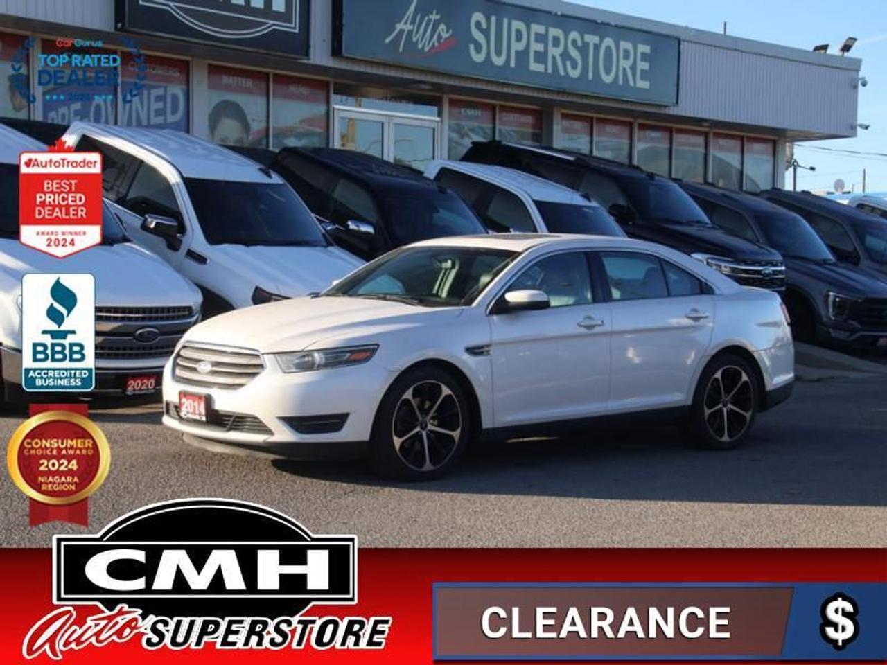 <b>LOADED AWD !! NAVIGATION, REAR CAMERA, PARKING SENSORS, BLUETOOTH, POWER ADJUSTABLE PEDALS, STEERING WHEEL CONTROL, SUNROOF, LEATHER, DUAL POWER SEATS, HEATED FRONT SEATS, DUAL CLIMATE CONTROL, REMOTE START, 20-INCH ALLOY WHEELS<br> <br></b><br>  <br>CMH certifies that all vehicles meet DOUBLE the Ministry standards for Brakes and Tires<br><br> <br>    This  2014 Ford Taurus is for sale today. <br> <br>The Ford Taurus has been a household name for decades for good reasons. Its a strong, reliable sedan that you can count on every day. A responsive powertrain combined with impressive safety features inspire a confident drive in any situation. A bold exterior, a refined interior, and advanced technology make the Taurus a cut above other full-size sedans. This  sedan has 149,972 kms. Its  white in colour  . It has an automatic transmission and is powered by a  288HP 3.5L V6 Cylinder Engine.  This vehicle has been upgraded with the following features: Bluetooth,  Heated Seats,  Remote Start,  Sync,  Siriusxm. <br> To view the original window sticker for this vehicle view this <a href=http://www.windowsticker.forddirect.com/windowsticker.pdf?vin=1FAHP2H81EG180744 target=_blank>http://www.windowsticker.forddirect.com/windowsticker.pdf?vin=1FAHP2H81EG180744</a>. <br/><br> <br>To apply right now for financing use this link : <a href=https://www.cmhniagara.com/financing/ target=_blank>https://www.cmhniagara.com/financing/</a><br><br> <br/><br>Trade-ins are welcome! Financing available OAC ! Price INCLUDES a valid safety certificate! Price INCLUDES a 60-day limited warranty on all vehicles except classic or vintage cars. CMH is a Full Disclosure dealer with no hidden fees. We are a family-owned and operated business for over 30 years! o~o