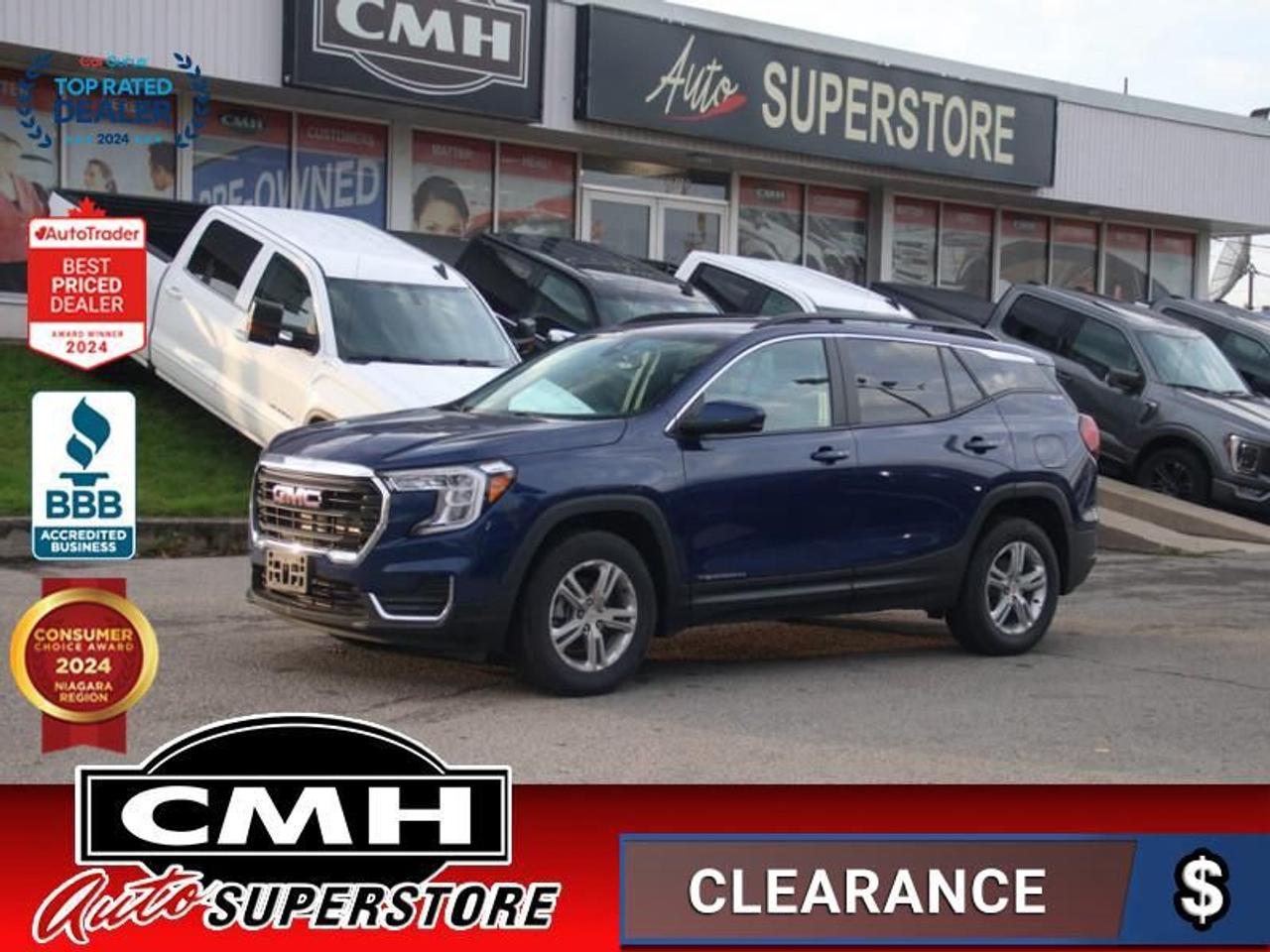 <b>ALL WHEEL DRIVE !! REAR CAMERA, COLLISION SENSOR , LANE KEEPING, LANE DEPARTURE WARNING, APPLE CARPLAY, ANDROID AUTO, POWER DRIVER SEAT, HEATED SEATS, DUAL CLIMATE CONTROL, REMOTE START, PROXIMITY KEY, BUTTON START, 17-INCH ALLOY WHEELS</b><br>  <br>CMH certifies that all vehicles meet DOUBLE the Ministry standards for Brakes and Tires<br><br> <br>    This  2022 GMC Terrain is for sale today. <br> <br>This 2022 GMC Terrain shows that Professional Grade is more than an idea, its a way of life. From endless details that relentlessly improve the SUVs usability, to striking style, and amazing capability, this 2022 Terrain is exactly what you expect from a GMC SUV. The interior has a clean design, with upscale materials like soft-touch surfaces and premium trim. Quiet, spacious and comfortable, this Terrain is exactly what youd expect from the Professional Grade SUV. For the next step in the evolution of the crossover and small SUV segment, dont miss this GMC Terrain. This  SUV has 58,442 kms. Its  marine metallic in colour  and is major accident free based on the <a href=https://vhr.carfax.ca/?id=RcZjjM5geJhagKMEviTZKb1agfE3V4jL target=_blank>CARFAX Report</a> . It has an automatic transmission and is powered by a  170HP 1.5L 4 Cylinder Engine. <br> <br> Our Terrains trim level is SLE. This amazing crossover comes with some impressive features such as a colour touchscreen infotainment system featuring wireless Apple CarPlay, Android Auto and SiriusXM plus its also 4G LTE hotspot capable. This Terrain SLE also includes lane keep assist with lane departure warning, forward collision alert, Teen Driver technology, a remote engine starter, a rear vision camera, LED signature lighting, StabiliTrak with hill decent control, a leather-wrapped steering wheel with audio and cruise controls, a power driver seat and a 60/40 split-folding rear seat to make hauling larger items a breeze. This vehicle has been upgraded with the following features: Remote Start,  Aluminum Wheels,  Lane Keep Assist,  Forward Collision Alert,  Rear View Camera,  Android Auto,  Apple Carplay. <br> <br>To apply right now for financing use this link : <a href=https://www.cmhniagara.com/financing/ target=_blank>https://www.cmhniagara.com/financing/</a><br><br> <br/><br>Trade-ins are welcome! Financing available OAC ! Price INCLUDES a valid safety certificate! Price INCLUDES a 60-day limited warranty on all vehicles except classic or vintage cars. CMH is a Full Disclosure dealer with no hidden fees. We are a family-owned and operated business for over 30 years! o~o