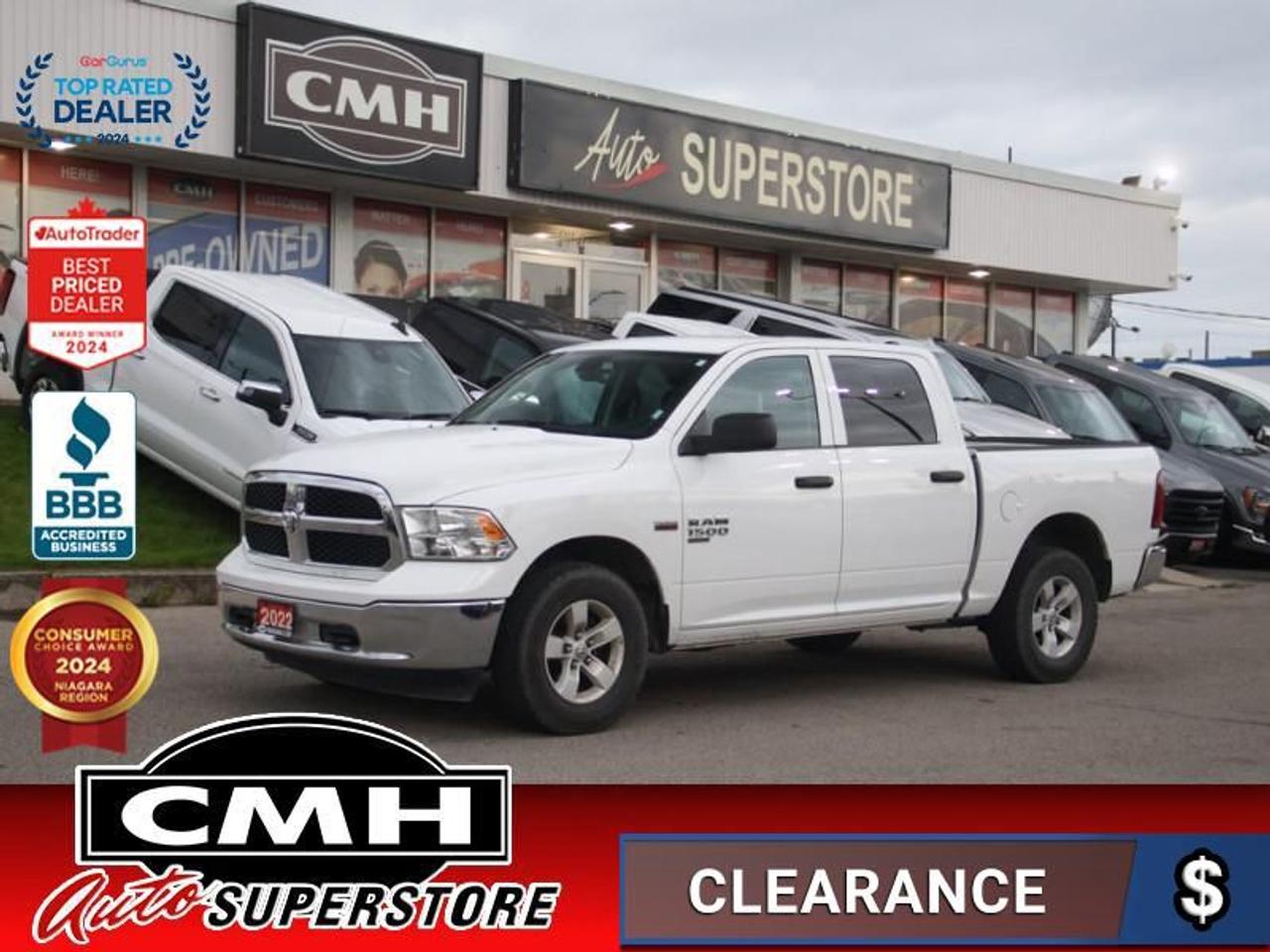 <b>5.7L V8 ENGINE !! CREW 4X4 !! REAR CAMERA, BLUETOOTH, TOUCH DISPLAY, AUXILIARY + USB PORTS, STEERING WHEEL CONTROLS, CRUISE CONTROL, POWER DRIVER SEAT, TOWING CONTROLLER, POWER WINDOWS, POWER LOCKS, POWER MIRRORS, AIR CONDITIONING, 17-INCH ALLOY WHEELS</b><br>  <br>CMH certifies that all vehicles meet DOUBLE the Ministry standards for Brakes and Tires<br><br> <br>    This  2022 Ram 1500 Classic is for sale today. <br> <br>The reasons why this Ram 1500 Classic stands above its well-respected competition are evident: uncompromising capability, proven commitment to safety and security, and state-of-the-art technology. From its muscular exterior to the well-trimmed interior, this 2022 Ram 1500 Classic is more than just a workhorse. Get the job done in comfort and style while getting a great value with this amazing full size truck. This  Crew Cab 4X4 pickup  has 60,252 kms. Its  bright white in colour  and is major accident free based on the <a href=https://vhr.carfax.ca/?id=l/h7aWgZqvdEVWo2P0ogkP512QMqfK3I target=_blank>CARFAX Report</a> . It has an automatic transmission and is powered by a  395HP 5.7L 8 Cylinder Engine. <br> <br> Our 1500 Classics trim level is SLT. Stepping up to this 1500 Classic SLT is an excellent choice as this hard working truck comes loaded with chrome exterior accents and chrome bumpers, stylish aluminum wheels, remote keyless entry, front fog lights, heavy-duty shock absorbers, electronic stability control and trailer sway control. Additional features include rear power-sliding window, ParkView rear back-up camera, cruise control, air conditioning, an touchscreen infotainment hub, automatic headlights and much more. This vehicle has been upgraded with the following features: Aluminum Wheels,  Remote Keyless Entry,  Fog Lamps,  Rear Camera,  Cruise Control,  Streaming Audio,  Touchscreen. <br> To view the original window sticker for this vehicle view this <a href=http://www.chrysler.com/hostd/windowsticker/getWindowStickerPdf.do?vin=1C6RR7LT4NS247827 target=_blank>http://www.chrysler.com/hostd/windowsticker/getWindowStickerPdf.do?vin=1C6RR7LT4NS247827</a>. <br/><br> <br>To apply right now for financing use this link : <a href=https://www.cmhniagara.com/financing/ target=_blank>https://www.cmhniagara.com/financing/</a><br><br> <br/><br>Trade-ins are welcome! Financing available OAC ! Price INCLUDES a valid safety certificate! Price INCLUDES a 60-day limited warranty on all vehicles except classic or vintage cars. CMH is a Full Disclosure dealer with no hidden fees. We are a family-owned and operated business for over 30 years! o~o