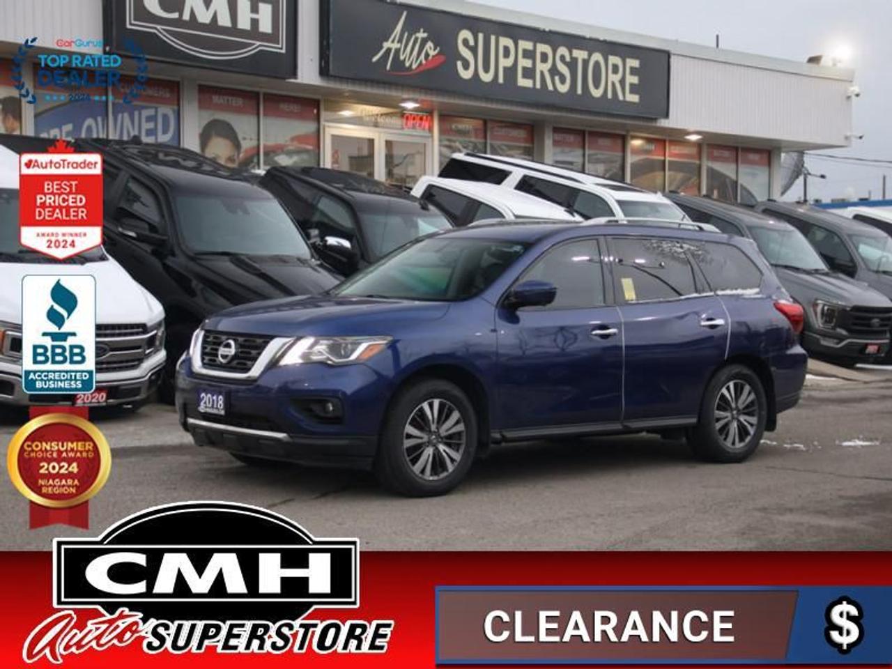 <b>LOADED AWD !! NAVIGATION, 360 CAMERA, BLIND SPOT DETECTION, BLUETOOTH, STEERING WHEEL CONTROL, SUNROOF, LEATHER, POWER DRIVER SEAT W/ MEMORY, HEATED SEATS. HEATED STEERING WHEEL, TRIZONE CLIMATE, POWER LIFTGATE, REMOTE START, 7 PASSENGER, 18-IN ALLOYS</b><br>  <br>CMH certifies that all vehicles meet DOUBLE the Ministry standards for Brakes and Tires<br><br> <br>    This  2018 Nissan Pathfinder is for sale today. <br> <br>Load up the entire family with space to spare in this Nissan Pathfinder. This versatile crossover is just as at home eating up miles on the highway as it is running errands around town. With a comfortable interior and respectable fuel economy, the destinations are endless. A sculpted exterior makes this Nissan Pathfinder is one of the most stylish three-row crossovers on the road. Capability at this level always makes for memorable adventures. This  SUV has 107,566 kms. Its  blue in colour  . It has an automatic transmission and is powered by a  284HP 3.5L V6 Cylinder Engine. <br> <br> Our Pathfinders trim level is 4x4 SL Premium. The SL trim adds a lot of desirable features to this big crossover. It comes with an AM/FM CD/MP3 player with Bluetooth, and SiriusXM, an around view monitor with moving object detection, a motion activated liftgate, remote start, heated leather seats in the first and second rows, a heated steering wheel, memory drivers seat and mirrors, blind spot warning, rear cross traffic alert, aluminum wheels, and more. This vehicle has been upgraded with the following features: Leather Seats,  Bluetooth,  Heated Seats,  Heated Steering Wheel,  Remote Start,  Rear View Camera. <br> <br>To apply right now for financing use this link : <a href=https://www.cmhniagara.com/financing/ target=_blank>https://www.cmhniagara.com/financing/</a><br><br> <br/><br>Trade-ins are welcome! Financing available OAC ! Price INCLUDES a valid safety certificate! Price INCLUDES a 60-day limited warranty on all vehicles except classic or vintage cars. CMH is a Full Disclosure dealer with no hidden fees. We are a family-owned and operated business for over 30 years! o~o