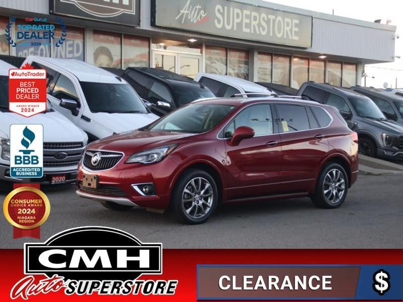 <b>ONLY 43,000 KMS !! AWD !! NAVIGATION, REAR CAMERA, COLLISION SENSORS, LANE KEEPING, APPLE CARPLAY, ANDROID AUTO, SUNROOF, LEATHER, POWER DRIVER SEAT, HEATED SEATS, HEATED STEERING WHEEL, DUAL CLIMATE CONTROL, POWER LIFTGATE, REMOTE START, 19-INCH ALLOYS</b><br>  <br>CMH certifies that all vehicles meet DOUBLE the Ministry standards for Brakes and Tires<br><br> <br>    This  2019 Buick Envision is for sale today. <br> <br>Your sense of luxury has been set in motion with this 2019 Buick Envision. Responsive performance, intelligent innovations, and a thoughtfully crafted interior ensure that this Envision is a joy to drive, and a joy to share. For the next step in luxury crossovers, look no further than this 2019 Buick Envision. This low mileage  SUV has just 42,951 kms. Its  red in colour  and is major accident free based on the <a href=https://vhr.carfax.ca/?id=sZ29GNoo9MRvXfDVg7zFNKRAiSvbHmvn target=_blank>CARFAX Report</a> . It has an automatic transmission and is powered by a  252HP 2.0L 4 Cylinder Engine. <br> <br> Our Envisions trim level is Premium. This Premium Envision is loaded with a lot of awesome goodies like lane keep assist with lane departure warning, following distance indicator, forward collision alert, front and rear parking assistance, vibrating safety alert seat, Bose premium sound system, automatic rain sensing wipers, dual exhaust outlet, electronic locking rear differential, LED headlamps, and a 110V outlet. This SUV also has leather seats, memory driver seat, blind spot monitoring with lane change alert, customizable Driver Information Centre, remote start, hands free power liftgate, 4G WiFi, heated steering wheel, heated seats, active noise cancellation, Buick Connected Access with OnStar capability, hands free keyless open, leather steering wheel with audio and cruise controls, ambient interior lighting, one touch flat folding rear seat, Teen Driver technology, 8 inch touchscreen, Apple CarPlay, Android Auto, Bluetooth, and SiriusXM. This vehicle has been upgraded with the following features: Leather Seats,  Heated Seats,  Hands Free Liftgate,  Remote Start,  Heated Steering Wheel,  Android Auto,  Apple Carplay. <br> <br>To apply right now for financing use this link : <a href=https://www.cmhniagara.com/financing/ target=_blank>https://www.cmhniagara.com/financing/</a><br><br> <br/><br>Trade-ins are welcome! Financing available OAC ! Price INCLUDES a valid safety certificate! Price INCLUDES a 60-day limited warranty on all vehicles except classic or vintage cars. CMH is a Full Disclosure dealer with no hidden fees. We are a family-owned and operated business for over 30 years! o~o