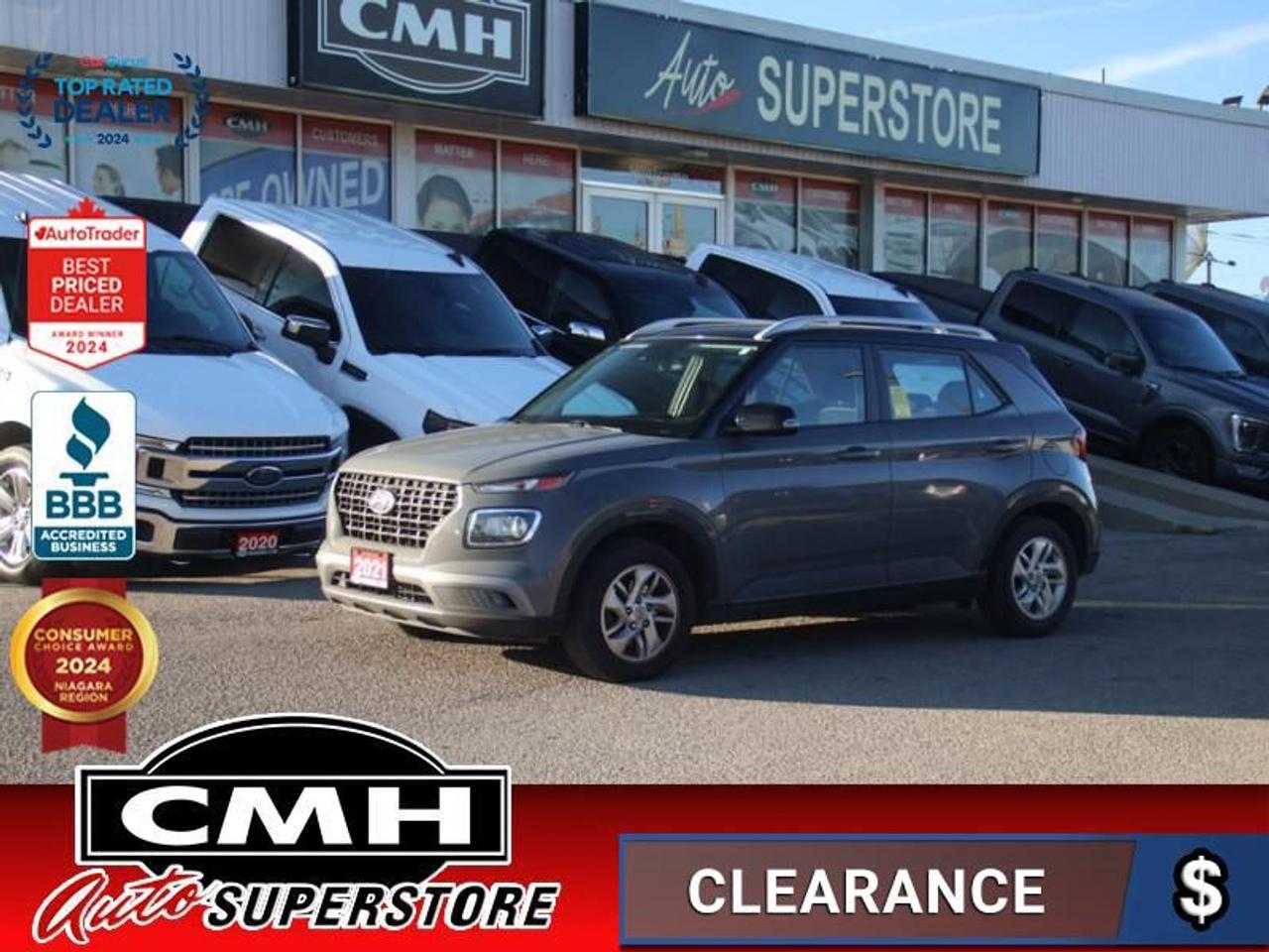 <b>FUEL EFFICIENT !! REAR CAMERA, LANE DEPARTURE + KEEPING, BLIND SPOT DETECTION, APPLE CARPLAY, ANDROID AUTO, BLUETOOTH, STEERING WHEEL CONTROLS, CRUISE CONTROL, TOUCH SCREEN, HEATED SEATS, HEATED STEERING WHEEL, REMOTE START, 15-INCH ALLOY WHEELS<br></b><br>  <br>CMH certifies that all vehicles meet DOUBLE the Ministry standards for Brakes and Tires<br><br> <br>    This  2021 Hyundai Venue is for sale today. <br> <br>This 2021 Hyundai Venue is a smaller CUV that is big on modern style. With short overhangs making it easier to parallel park, a peppy yet fuel efficient engine and plenty of space for groceries, the Hyundai Venue makes for the best practical city sport-ute you can buy. This  SUV has 106,216 kms. Its  gray in colour  and is major accident free based on the <a href=https://vhr.carfax.ca/?id=oiFS+95M62UqT/ivpWHKmQJ50/NLpOlw target=_blank>CARFAX Report</a> . It has an automatic transmission and is powered by a  121HP 1.6L 4 Cylinder Engine. <br> <br> Our Venues trim level is Preferred IVT. This Venue Preferred comes lots of extra features over the base model Essential that includes blind spot awareness, rear cross-traffic collision warning and lane change assist, forward collision-avoidance assist, aluminum wheels, a heated steering wheel, proximity keyless entry system with remote start and drive mode select. You will also get 3 stage heated front seats, an 8 inch colour touch screen display with Android Auto and Apple CarPlay, a rearview camera, 60/40 split-fold rear seats, heated side mirrors, high beam assist and much more. This vehicle has been upgraded with the following features: Heated Seats,  Heated Steering Wheel,  Lane Change Assist,  Forward Collision Assist,  Aluminum Wheels,  Apple Carplay,  Android Auto. <br> <br>To apply right now for financing use this link : <a href=https://www.cmhniagara.com/financing/ target=_blank>https://www.cmhniagara.com/financing/</a><br><br> <br/><br>Trade-ins are welcome! Financing available OAC ! Price INCLUDES a valid safety certificate! Price INCLUDES a 60-day limited warranty on all vehicles except classic or vintage cars. CMH is a Full Disclosure dealer with no hidden fees. We are a family-owned and operated business for over 30 years! o~o