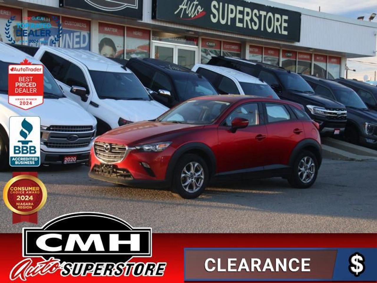 <b>ALL WHEEL DRIVE !! REAR CAMERA, BLIND SPOT, RAIN SENSING WIPERS, APPLE CARPLAY, ANDROID AUTO, BLUETOOTH, AUXILIARY + USB PORTS, STEERING WHEEL CONTROLS, CRUISE CONTROL, LEATHER, SUNROOF, HEATED SEATS, HEATED STEERING WHEEL, 16-INCH ALLOY WHEELS</b><br>  <br>CMH certifies that all vehicles meet DOUBLE the Ministry standards for Brakes and Tires<br><br> <br>    This  2020 Mazda CX-3 is for sale today. <br> <br>From its sophisticated exterior design to the cutting-edge technological innovations, Mazda engineers designed the 2020 CX-3 to inspire joy behind the wheel. The compact but versatile interior of the 2020 CX-3 with expandable cargo space, foldable rear seats and customizable storage accessories is designed to impress drivers and passengers alike.This  SUV has 80,401 kms. Its  red in colour  and is major accident free based on the <a href=https://vhr.carfax.ca/?id=KDV1pJpXVXCZ+eaVKeZw8cHrDWccIPMF target=_blank>CARFAX Report</a> . It has an automatic transmission and is powered by a  148HP 2.0L 4 Cylinder Engine. <br> <br> Our CX-3s trim level is GS. Ultimate comfort is the primary focus of this CX-3 GS with heated front seats and a heated steering wheel to keep you warm on those cold winter days. Additional features youre sure to appreciate are stylish aluminum wheels, a leather-wrapped steering wheel, shift knob and parking brake, a 7 inch colour touchscreen display with MAZDA CONNECT, Bluetooth streaming audio, blind spot detection, auto climate control, premium cloth seats and heated door mirrors. This vehicle has been upgraded with the following features: Heated Seats,  Heated Steering Wheel,  Aluminum Wheels,  Remote Keyless Entry,  Low Speed Brake Assist,  Rearview Camera,  Steering Wheel Audio Control. <br> <br>To apply right now for financing use this link : <a href=https://www.cmhniagara.com/financing/ target=_blank>https://www.cmhniagara.com/financing/</a><br><br> <br/><br>Trade-ins are welcome! Financing available OAC ! Price INCLUDES a valid safety certificate! Price INCLUDES a 60-day limited warranty on all vehicles except classic or vintage cars. CMH is a Full Disclosure dealer with no hidden fees. We are a family-owned and operated business for over 30 years! o~o