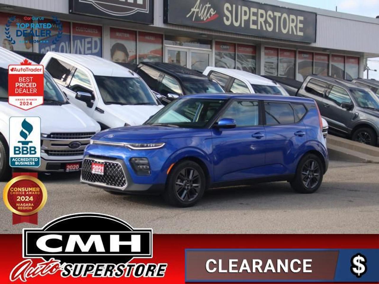 <b>GREAT FEATURES !! REAR CAMERA, BLIND SPOT SENSORS, COLLISION SENSORS, CROSS TRAFFIC ALERT, LANE SENSING, APPLE CARPLAY, ANDROID AUTO, SUNROOF, STEERING WHEEL CONTROLS, HEATED SEATS, HEATED STEERING WHEEL, WIRELESS PHONE CHARGER, 17-INCH ALLOYS</b><br>  <br>CMH certifies that all vehicles meet DOUBLE the Ministry standards for Brakes and Tires<br><br> <br>    This  2021 Kia Soul is for sale today. <br> <br>A fresh redesign, true to its unique style, but with all the best of modern tech, this 2021 Kia Soul is exactly what the Soul needed. The Kia Soul has been one of the quirkiest and iconic urban crossovers since the genre started. With its unique, cube like shape and club like interior, all stuffed with the best tech features, and at a price people can afford, the Kia Soul is a long living favorite of the new generation of car buyers. This redesign is only gonna make it better.This  SUV has 91,768 kms. Its  neptune blue in colour  . It has an automatic transmission and is powered by a  147HP 2.0L 4 Cylinder Engine. <br> <br> Our Souls trim level is EX+. This EX+ comes with all the bells and whistles like a sunroof, animal friendly artificial leather seats, wireless charging, a heated leather steering wheel, heated front seats, remote keyless entry and collision avoidance technology. Exterior style is enhanced with a gloss black grille with chrome accents, LED headlights and fog lights, unique aluminum wheels, heated side mirrors with turn signals and a rearview camera. Technology in this awesome SUV is taken to the next level with lane keep assist, blind spot monitoring, forward collision-avoidance assist, rear cross traffic alert and also comes with Android Auto, Apple CarPlay and a 7 inch touchscreen display. This vehicle has been upgraded with the following features: Sunroof,  Aluminum Wheels,  Wireless Charging,  Led Headlights,  Android Auto,  Apple Carplay,  Heated Steering Wheel. <br> <br>To apply right now for financing use this link : <a href=https://www.cmhniagara.com/financing/ target=_blank>https://www.cmhniagara.com/financing/</a><br><br> <br/><br>Trade-ins are welcome! Financing available OAC ! Price INCLUDES a valid safety certificate! Price INCLUDES a 60-day limited warranty on all vehicles except classic or vintage cars. CMH is a Full Disclosure dealer with no hidden fees. We are a family-owned and operated business for over 30 years! o~o