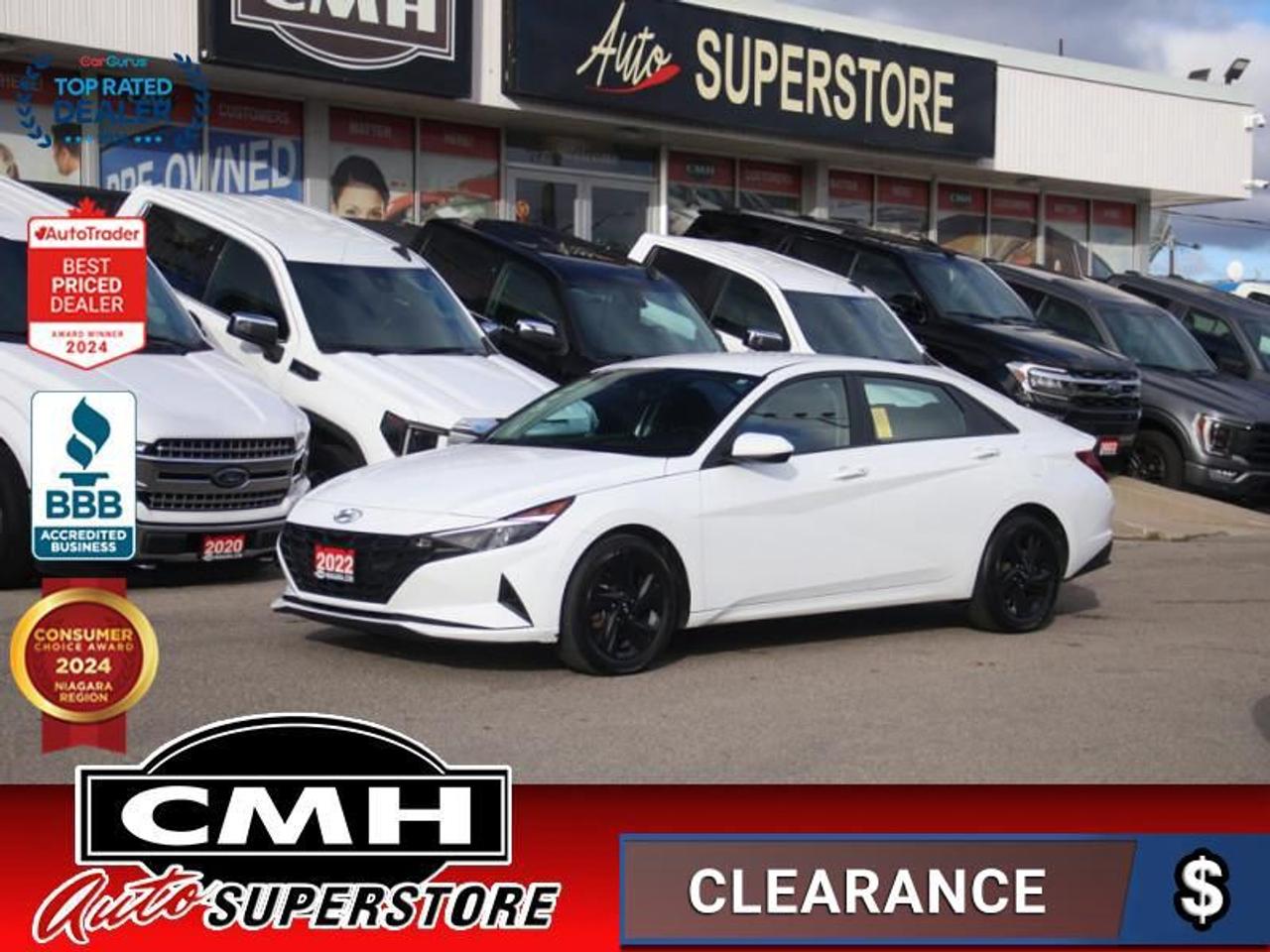 <b>ACCIDENT FREE !! REAR CAMERA, BLIND SPOT DETECTION, LANE SENSING, APPLE CARPLAY, ANDROID AUTO, BLUETOOTH, STEERING WHEEL CONTROLS, CRUISE CONTROL, HEATED FRONT SEATS, HEATED STEERING WHEEL, PROXIMITY, BUTTON START, REMOTE START, 16-INCH ALLOYS <br></b><br>  <br>CMH certifies that all vehicles meet DOUBLE the Ministry standards for Brakes and Tires<br><br> <br>    This  2022 Hyundai Elantra is for sale today. <br> <br>This 2022 Elantra was made to be the sharpest compact sedan on the road. With tons of technology packed into the spacious and comfortable interior, along with bold and edgy styling inside and out, this family sedan makes the unexpected your daily driver. This  sedan has 47,912 kms. Its  white in colour  and is major accident free based on the <a href=https://vhr.carfax.ca/?id=8XtGsrBYuIHw2xcVkogdCdszyBM4zqUM target=_blank>CARFAX Report</a> . It has an automatic transmission and is powered by a  147HP 2.0L 4 Cylinder Engine. <br> <br> Our Elantras trim level is Preferred. This Preferred Elantra is a great choice if you want a more convenient car that comes with proximity keys that allow hands free cargo access, and a safer drive with blind spot and rear collision assist. This Elantra is also equipped with an advanced safety suite including lane keep assist, forward collision assist, driver monitoring, and automatic highbeams. The incredible feature list continues with heated power seats for comfort while voice activated, touch screen infotainment including wireless connectivity with Android Auto, Apple CarPlay, and Bluetooth keeps you connected. Aluminum wheels and gorgeous styling make sure you stand out in a crowd while heated power side mirrors, remote keyless entry, and a rear view camera make every day easier. This vehicle has been upgraded with the following features: Lane Keep Assist,  Heated Seats,  Android Auto,  Apple Carplay,  Aluminum Wheels,  Remote Keyless Entry,  Touch Screen. <br> <br>To apply right now for financing use this link : <a href=https://www.cmhniagara.com/financing/ target=_blank>https://www.cmhniagara.com/financing/</a><br><br> <br/><br>Trade-ins are welcome! Financing available OAC ! Price INCLUDES a valid safety certificate! Price INCLUDES a 60-day limited warranty on all vehicles except classic or vintage cars. CMH is a Full Disclosure dealer with no hidden fees. We are a family-owned and operated business for over 30 years! o~o