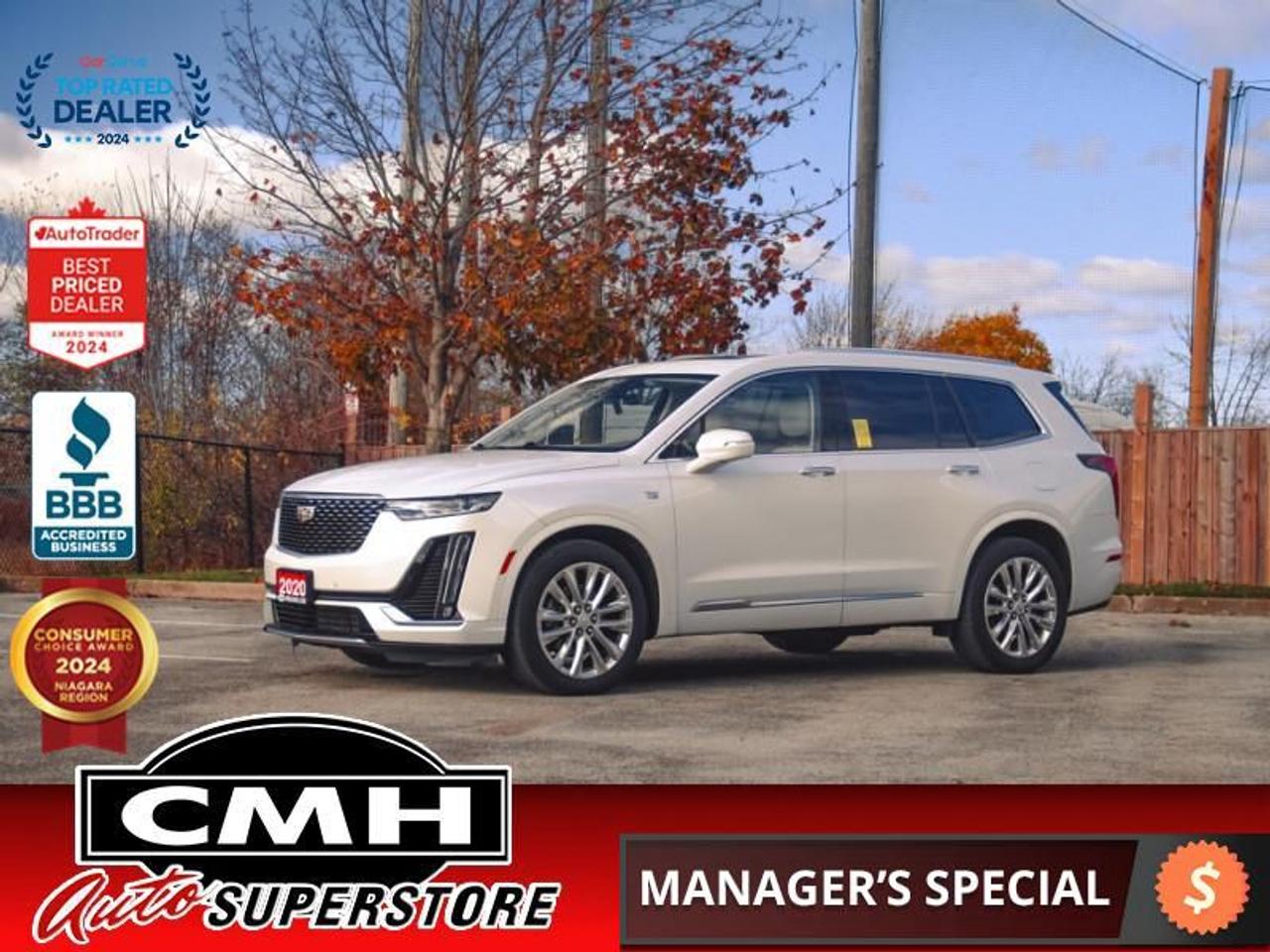 <b>ONLY 34,000 KMS !! NAVIGATION, REAR CAMERA, PARK SENSORS, ADAPTIVE CRUISE, COLLISION SENSORS, LAME DEPARTURE, BLIND SPOT, APPLE CARPLAY, PANO SUNROOF, LEATHER, POWER SEATS, COOLED/HEATED SEATS, HEATED STEERING WHEEL, POWER LIFTGATE, 3RD ROW, 20-IN ALLOYS</b><br>  <br>CMH certifies that all vehicles meet DOUBLE the Ministry standards for Brakes and Tires<br><br> <br>    This  2020 Cadillac XT6 is for sale today. <br> <br>Providing next level capability, this Cadillac XT6 offers a sophisticated driving experience thanks to its advanced all-wheel drive powertrain and safety features. The XT6 also features 3 rows of folding seats that allows you to haul your family around town or pick up DIY materials for your weekend warrior projects. It also comes with first class premium materials enhancing your driving experience even further.This low mileage  SUV has just 33,882 kms. Its  white in colour  and is major accident free based on the <a href=https://vhr.carfax.ca/?id=Bhc1PAuPKUZpoaKUpqsZrwIr2hFb62iS target=_blank>CARFAX Report</a> . It has an automatic transmission and is powered by a  310HP 3.6L V6 Cylinder Engine. <br> <br> Our XT6s trim level is Premium Luxury. This all new XT6 is ready to take the compact three row segment by storm with a double size sunroof, wood grain interior accents, unique Galvano grille and exterior trim, heated and cooled seats, hands free liftgate, 4G WiFi, wireless charging, 3 row leather seating, heated leather steering wheel, remote start, hands free keyless entry, tri zone automatic climate control, engine idle stop/start, intelligent brake assist, 20 inch aluminum wheels, LED lighting with automatic highbeams, heated power side mirrors with turn signals, and rain sensing wipers. Awesome technology features include Android Auto and Apple CarPlay compatible 8 inch touchscreen, 6 USB inputs, voice recognition, SiriusXM, lane keep assist with departure warning, blind zone monitoring, pedestrian braking, automatic emergency braking, front and rear parking assistance, and a vibrating safety alert seat. This vehicle has been upgraded with the following features: Leather Seats,  Sunroof,  Driver Assistance,  Unique Galvano Exterior,  Wood Grain Interior,  4g Lte Wifi,  Android Auto. <br> <br>To apply right now for financing use this link : <a href=https://www.cmhniagara.com/financing/ target=_blank>https://www.cmhniagara.com/financing/</a><br><br> <br/><br>Trade-ins are welcome! Financing available OAC ! Price INCLUDES a valid safety certificate! Price INCLUDES a 60-day limited warranty on all vehicles except classic or vintage cars. CMH is a Full Disclosure dealer with no hidden fees. We are a family-owned and operated business for over 30 years! o~o