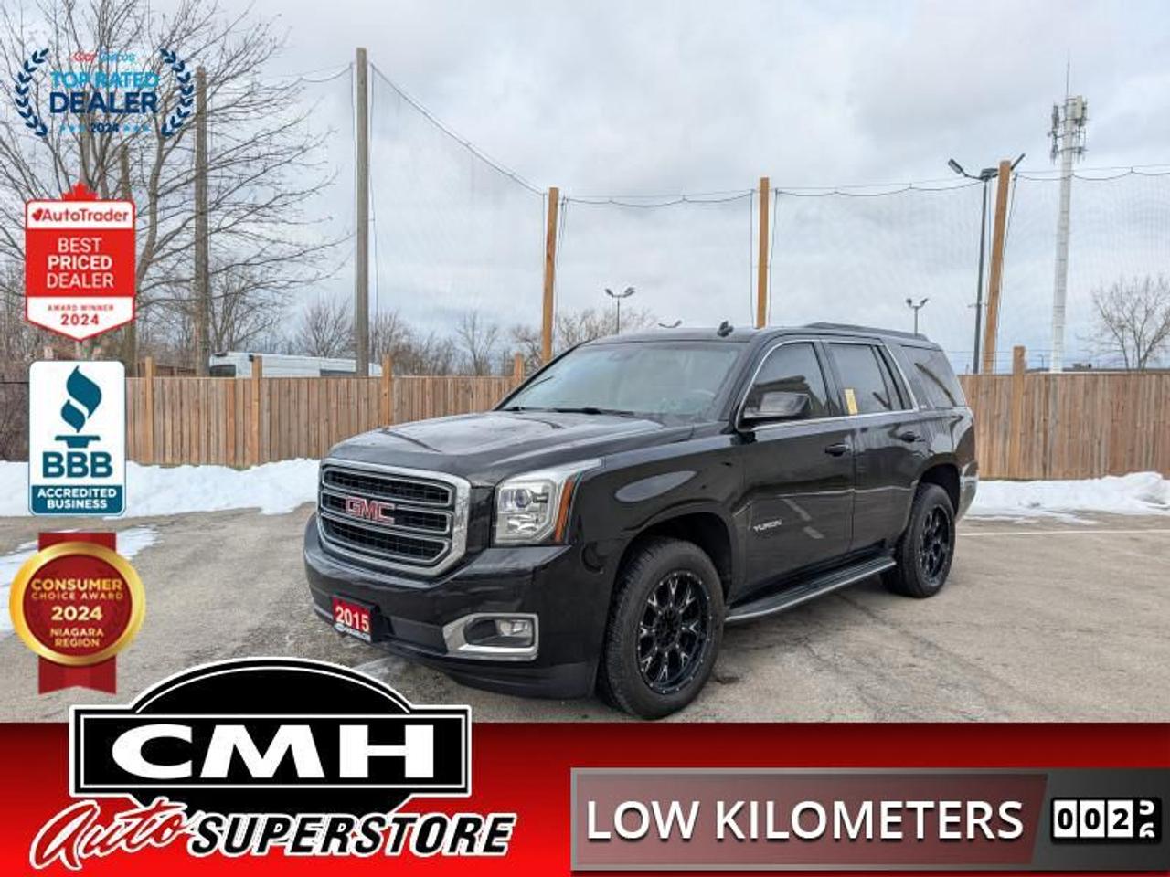 <b>UNDER 100,000 KMS !! NAVIGATION, REAR CAMERA, LANE KEEPING, BLUETOOTH, SUNROOF, LEATHER, POWER SEATS W/ DRIVER MEMORY, HEATED/COOLED SEATS, DUAL CLIMATE, CAPTAIN CHAIRS, POWER LIFTGATE, REMOTE START, BOSE AUDIO, POWER ADJUSTABLE STEERING WHEEL</b><br>  <br>CMH certifies that all vehicles meet DOUBLE the Ministry standards for Brakes and Tires<br><br> <br>    This  2015 GMC Yukon is for sale today. <br> <br>The GMC Yukon is a traditional full-size SUV thats thoroughly modern. With its truck-based body-on-frame platform, its every bit as tough and capable as a truck. The handsome exterior and huge, well-appointed interior are what make it a desirable family hauler. Its a cut above the competition in tech, features, and aesthetics. Its capable enough to tow your boat and comfortable enough to take the whole family on long road trips. The GMC Yukon does it all in style. This  SUV has 94,687 kms. Its  black in colour  and is major accident free based on the <a href=https://vhr.carfax.ca/?id=xXXNDwzxv2MzQPcYpMMlaEZOIIKboxJg target=_blank>CARFAX Report</a> . It has an automatic transmission and is powered by a  355HP 5.3L 8 Cylinder Engine. <br> <br>To apply right now for financing use this link : <a href=https://www.cmhniagara.com/financing/ target=_blank>https://www.cmhniagara.com/financing/</a><br><br> <br/><br>Trade-ins are welcome! Financing available OAC ! Price INCLUDES a valid safety certificate! Price INCLUDES a 60-day limited warranty on all vehicles except classic or vintage cars. CMH is a Full Disclosure dealer with no hidden fees. We are a family-owned and operated business for over 30 years! o~o