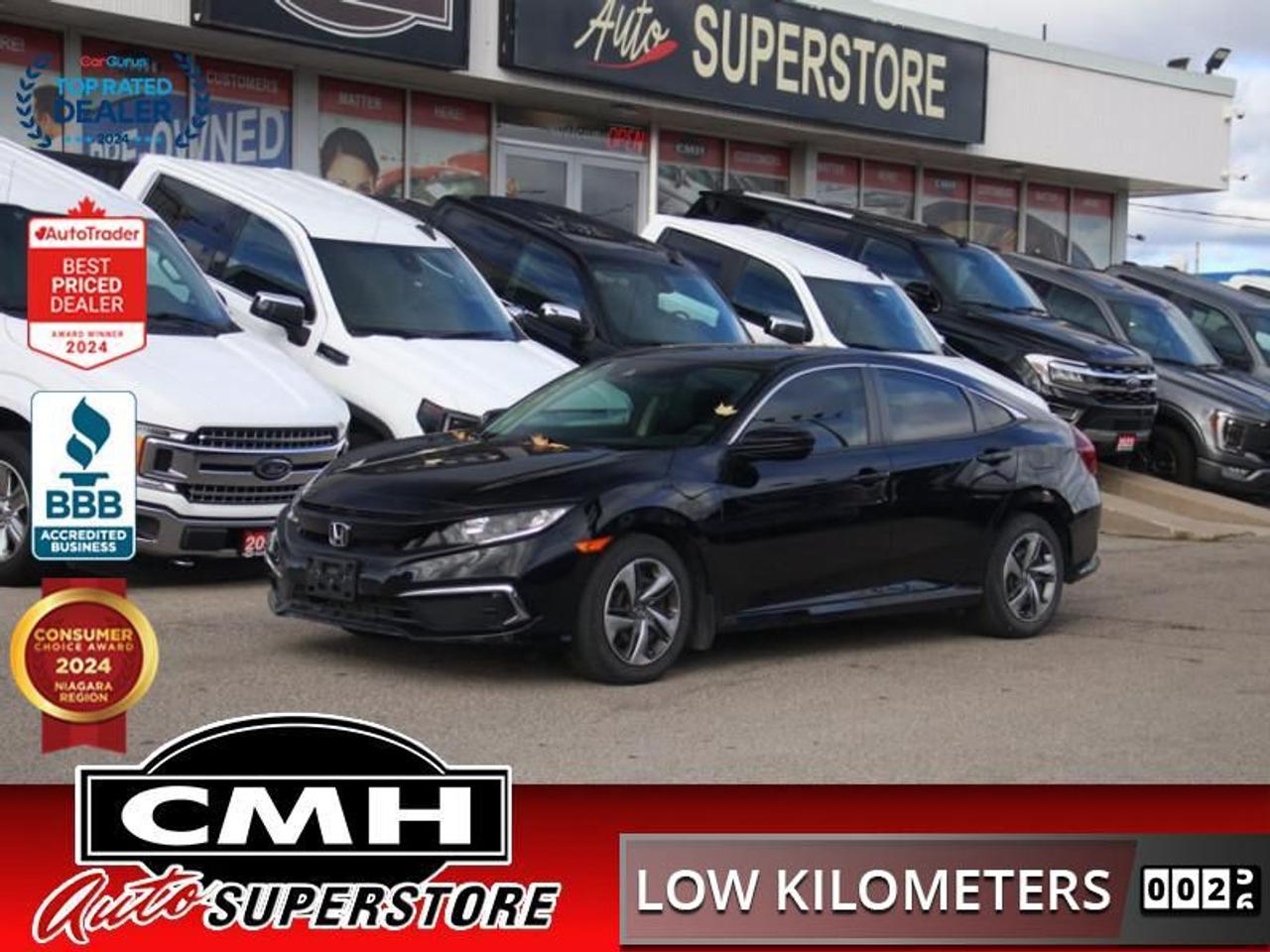 <b>ONLY 46,000 KMS !! REAR CAMERA, LANE KEEPING, COLLISION SENSORS, ADAPTIVE CRUISE CONTROL, APPLE CARPLAY, ANDROID AUTO, BLUETOOTH, STEERING WHEEL CONTROLS, HEATED FRONT SEATS, CLIMATE CONTROL, POWER GROUP, 16-IN STEELS WHEELS W/ PLASTIC COVERS</b><br>  <br>CMH certifies that all vehicles meet DOUBLE the Ministry standards for Brakes and Tires<br><br> <br>    This  2020 Honda Civic Sedan is for sale today. <br> <br>With harmonious power, excellent handling capability, plus its engaging driving dynamic, this 2020 Honda Civic is a highly compelling choice in the eco-friendly compact car segment. Regardless of your style preference or driving habits, this impressive Honda Civic will perfectly suit your wants and needs. The Civic offers the right amount of cargo space, an aggressive exterior design with sporty and sleek body lines, plus a comfortable and ergonomic interior layout that works well with all family sizes. This Civic easily makes a bold statement without saying a word! This low mileage  sedan has just 48,498 kms. Its  black in colour  and is major accident free based on the <a href=https://vhr.carfax.ca/?id=gjmlMnkSpEtpeiAmNiqRxQq9S9w3EWF9 target=_blank>CARFAX Report</a> . It has an automatic transmission and is powered by a  158HP 2.0L 4 Cylinder Engine. <br> <br> Our Civic Sedans trim level is LX. This LX Civic still packs a lot of features for an incredible value with driver assistance technology like collision mitigation with forward collision warning, lane keep assist with road departure mitigation, adaptive cruise control, straight driving assist for slopes, and automatic highbeams you normally only expect with a higher price. The interior is as comfy and advanced as you need with heated front seats, remote keyless entry, Apple CarPlay, Android Auto, Bluetooth, Siri EyesFree, WiFi tethering, steering wheel with cruise and audio controls, multi-angle rearview camera, 7 inch driver information display, and automatic climate control. The exterior has some great style with a refreshed grille, independent suspension, heated power side mirrors, and LED taillamps.<br> <br>To apply right now for financing use this link : <a href=https://www.cmhniagara.com/financing/ target=_blank>https://www.cmhniagara.com/financing/</a><br><br> <br/><br>Trade-ins are welcome! Financing available OAC ! Price INCLUDES a valid safety certificate! Price INCLUDES a 60-day limited warranty on all vehicles except classic or vintage cars. CMH is a Full Disclosure dealer with no hidden fees. We are a family-owned and operated business for over 30 years! o~o