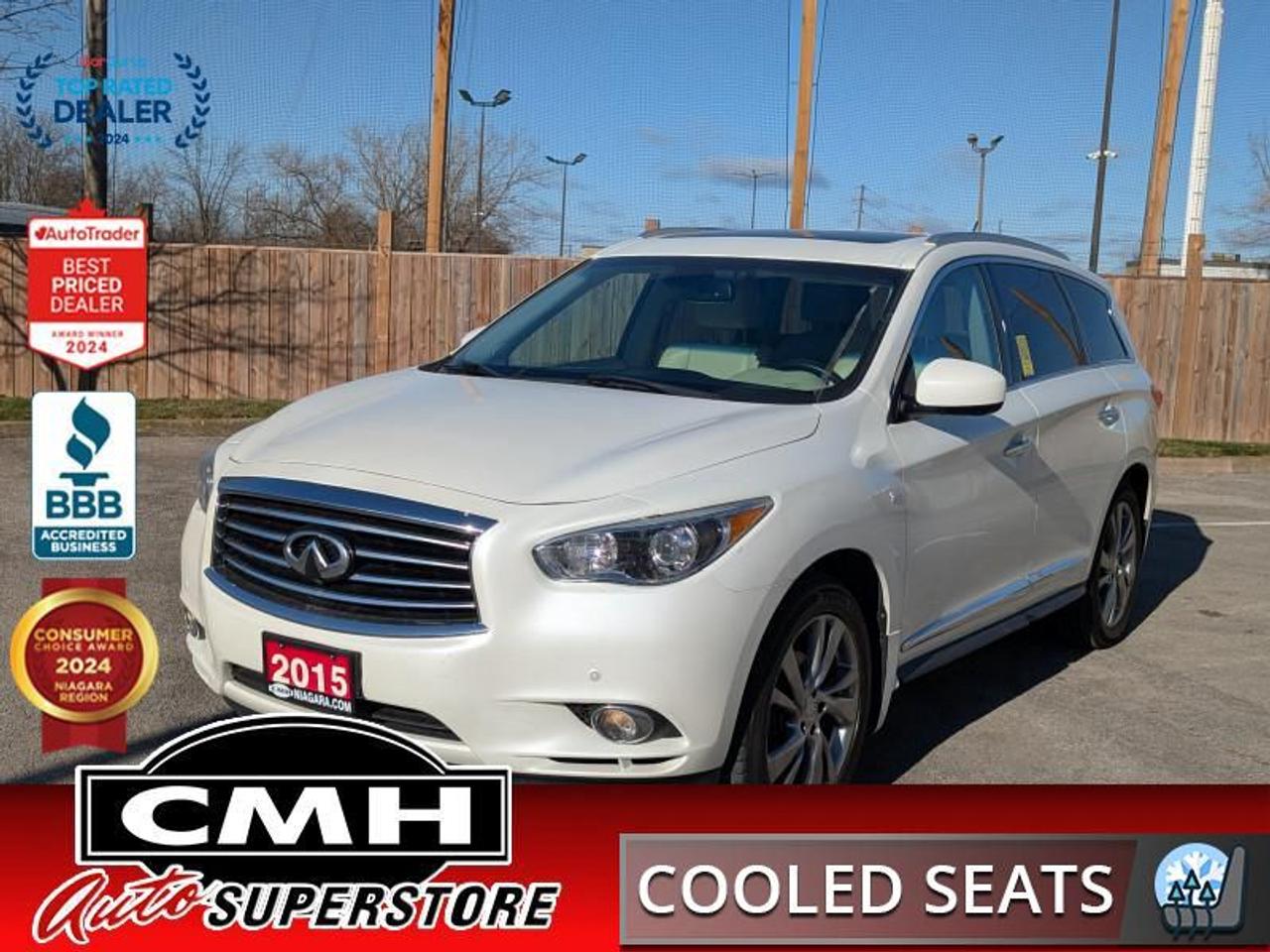 <b>LOADED AWD !! NAVIGATION, 360 CAMERA, PARK SENSORS, COLLISION SENSORS, ADAPTIVE CRUISE, LANE DEPARTURE, BLIND SPOT, BLUETOOTH, DUAL SUNROOF, LEATHER, COOLED/HEATED SEATS, HEATED STEERING WHEEL, REAR DVD, POWER GATE, 3RD ROW, REMOTE START, 20-INCH ALLOYS</b><br>  <br>CMH certifies that all vehicles meet DOUBLE the Ministry standards for Brakes and Tires<br><br> <br>    This  2015 INFINITI QX60 is for sale today. <br> <br>This Infiniti QX60 captivates with possibility transforming the seven-passenger crossover with a harmonious connection between expressive design, attention to detail, and intuitive technology. Experience luxury made sensory and desire with unprecedented potential. This  SUV has 141,152 kms. Its  white in colour  and is major accident free based on the <a href=https://vhr.carfax.ca/?id=u+PLm9WDypyMrbeM52O93v5kH+4dHK5L target=_blank>CARFAX Report</a> . It has an automatic transmission and is powered by a  265HP 3.5L V6 Cylinder Engine. <br> <br>To apply right now for financing use this link : <a href=https://www.cmhniagara.com/financing/ target=_blank>https://www.cmhniagara.com/financing/</a><br><br> <br/><br>Trade-ins are welcome! Financing available OAC ! Price INCLUDES a valid safety certificate! Price INCLUDES a 60-day limited warranty on all vehicles except classic or vintage cars. CMH is a Full Disclosure dealer with no hidden fees. We are a family-owned and operated business for over 30 years! o~o