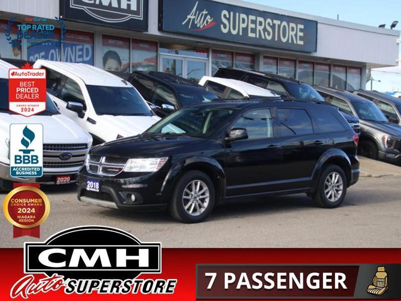 <b>V6 !! REAR CAMERA, BLUETOOTH, AUXILIARY + USB PORTS, TOUCH DISPLAY SCREEN, STEERING WHEEL CONTROLS, CRUISE CONTROL, POWER DRIVER SEAT, DUAL ZONE CLIMATE, REAR AIR AND HEAT, 7 PASSENGER, REMOTE START, PROXIMITY KEY, BUTTON START, HOME REMOTES, 17-IN ALLOYS</b><br>  <br>CMH certifies that all vehicles meet DOUBLE the Ministry standards for Brakes and Tires<br><br> <br>    This  2018 Dodge Journey is for sale today. <br> <br>Theres no better crossover to take you on an adventure than this Dodge Journey. Its the ultimate combination of form and function, a rare blend of versatility, performance, and comfort. With loads of technology, theres entertainment for everyone. Its time to go - your Journey awaits. This  SUV has 108,712 kms. Its  black in colour  . It has an automatic transmission and is powered by a  283HP 3.6L V6 Cylinder Engine. <br> <br> Our Journeys trim level is SXT. This Dodge Journey SXT is a nice blend of features and value. It comes with dual-zone climate control with air conditioning, aluminum wheels, automatic headlights, dual bright exhaust tips, fog lamps, an overhead console, touring suspension, a 4.3-inch touchscreen radio with an aux jack and a remote USB port, power windows, steering wheel-mounted audio and cruise control, and more.<br> To view the original window sticker for this vehicle view this <a href=http://www.chrysler.com/hostd/windowsticker/getWindowStickerPdf.do?vin=3C4PDCCG2JT416973 target=_blank>http://www.chrysler.com/hostd/windowsticker/getWindowStickerPdf.do?vin=3C4PDCCG2JT416973</a>. <br/><br> <br>To apply right now for financing use this link : <a href=https://www.cmhniagara.com/financing/ target=_blank>https://www.cmhniagara.com/financing/</a><br><br> <br/><br>Trade-ins are welcome! Financing available OAC ! Price INCLUDES a valid safety certificate! Price INCLUDES a 60-day limited warranty on all vehicles except classic or vintage cars. CMH is a Full Disclosure dealer with no hidden fees. We are a family-owned and operated business for over 30 years! o~o