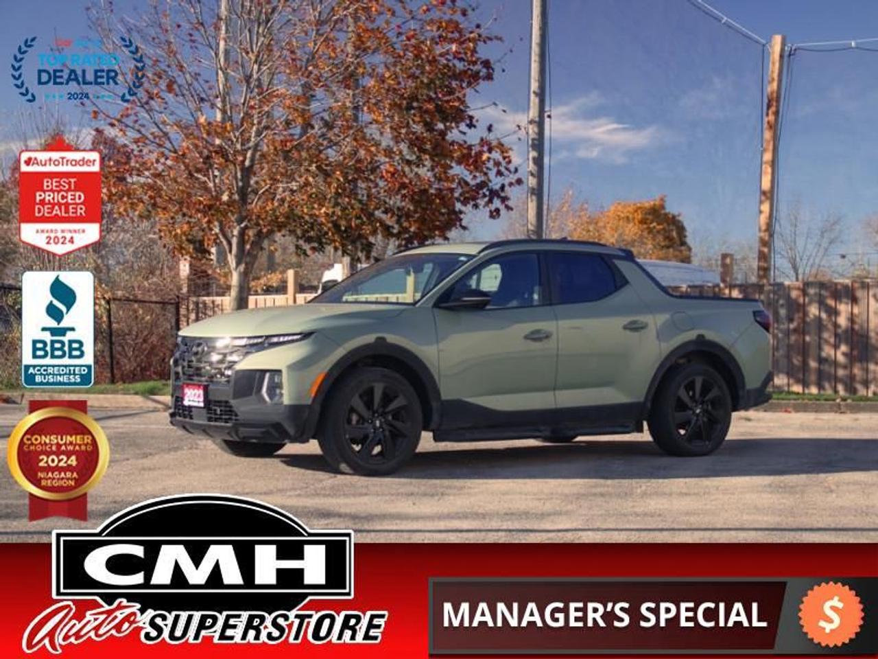 <b>FULLY LOADED AWD !! 360 CAMERA, BLIND SPOT DETECTION, BLIND SPOT CAMERAS, ADAPTIVE CRUISE CONTROL, LANE KEEPING, APPLE CARPLAY, ANDROID AUTO, DIGITAL DASH, SUNROOF, LEATHER, POWER SEATS, COOLED/HEATED SEATS, HEATED STEERING WHEEL, 20-INCH ALLOY WHEELS</b><br>  <br>CMH certifies that all vehicles meet DOUBLE the Ministry standards for Brakes and Tires<br><br> <br>    This  2023 Hyundai Santa Cruz is for sale today. <br> <br>The Hyundai Santa Cruz shines as an urban pickup with snazzy looks, easy driving and parking, and a bed sized to handle small jobs and big outdoor adventures. With impressive handling and efficiency, this truck rewards you with the benefits of a traditional pickup truck, but without the drawbacks. Great tech and safety features also ensure that the Santa Fe is a pleasant companion for all your tasks.This low mileage  Regular Cab 4X4 pickup  has just 22,334 kms. Its  sage in colour  and is major accident free based on the <a href=https://vhr.carfax.ca/?id=SkIC92vrIC0jCGkL9eYI4KugECDTO0DJ target=_blank>CARFAX Report</a> . It has an automatic transmission and is powered by a  281HP 2.5L 4 Cylinder Engine. <br> <br> Our Santa Cruzs trim level is Ultimate. This Santa Cruz with the Ultimate package comes standard with ventilated and heated front bucket seats, a 360-degree surround camera system, leather upholstery, an express open/close sunroof, an 8-speaker Bose premium audio system, adaptive cruise control, and side steps. This amazing truck also offers a heated leather-wrapped steering wheel, towing equipment with trailer sway control and a wiring harness, proximity keyless entry with push button start, dual-zone climate control, and a 10.25-inch infotainment screen with navigation, Apple CarPlay, and Android Auto. Safety equipment include blind spot detection, lane keeping assist, lane departure warning, forward and rear collision mitigation, and driver monitoring alert.<br> <br>To apply right now for financing use this link : <a href=https://www.cmhniagara.com/financing/ target=_blank>https://www.cmhniagara.com/financing/</a><br><br> <br/><br>Trade-ins are welcome! Financing available OAC ! Price INCLUDES a valid safety certificate! Price INCLUDES a 60-day limited warranty on all vehicles except classic or vintage cars. CMH is a Full Disclosure dealer with no hidden fees. We are a family-owned and operated business for over 30 years! o~o