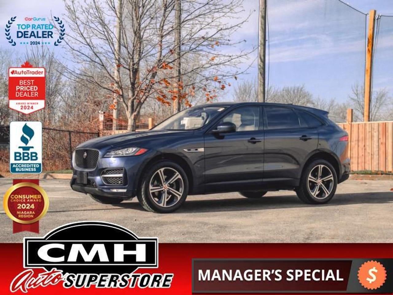 <b>DIESEL AWD !! R-SPORT !! NAVIGATION, REAR CAMERA, PARK SENSORS, LANE KEEPING, BLIND SPOT, RAIN SENSING WIPERS, APPLE CARPLAY, PANORAMIC SUNROOF, LEATHER, POWER SEATS, COOLED/HEATED SEATS, HEATED STEERING WHEEL, POWER LIFTGATE, 20-INCH ALLOY WHEELS<br></b><br>  <br>CMH certifies that all vehicles meet DOUBLE the Ministry standards for Brakes and Tires<br><br> <br>    This  2017 Jaguar F-Pace is for sale today. <br> <br>This F-Pace takes the pure Jaguar DNA of legendary performance, handling and luxury. Then it adds space and practicality. Technologically advanced to the core, this F-Pace is the most practical Jaguar sports vehicle. It combines enhanced driving exhilaration with adeptness. All enhanced by technologies that improve your driving experience and keep you connected. It has the capability for every road and the capacity for every day. This F-Pace is a Jaguar for you, a Jaguar for your family. This  SUV has 163,748 kms. Its  blue in colour  and is major accident free based on the <a href=https://vhr.carfax.ca/?id=qxEQR5QQTYFWOWVT/gS+kE2gKZLzHspw target=_blank>CARFAX Report</a> . It has an automatic transmission and is powered by a  180HP 2.0L 4 Cylinder Engine. <br> <br> Our F-Paces trim level is 20d R-Sport. The R-Sport trim adds some sporty attitude to this luxury SUV. It comes with an R-Sport body kit, adaptive LED headlights, autonomous emergency braking, lane keep assist, blind spot assist, a sliding panoramic roof, aluminum wheels, an 8-inch touchscreen display with Bluetooth, a rearview camera, Meridian premium audio, a leather-wrapped steering wheel with audio and cruise control, and more.<br> <br>To apply right now for financing use this link : <a href=https://www.cmhniagara.com/financing/ target=_blank>https://www.cmhniagara.com/financing/</a><br><br> <br/><br>Trade-ins are welcome! Financing available OAC ! Price INCLUDES a valid safety certificate! Price INCLUDES a 60-day limited warranty on all vehicles except classic or vintage cars. CMH is a Full Disclosure dealer with no hidden fees. We are a family-owned and operated business for over 30 years! o~o