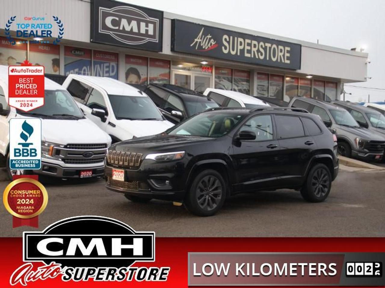 <b>LOW MILEAGE !! 4WD !! NAVIGATION, REAR CAMERA, APPLE CARPLAY, ANDROID AUTO, BLUETOOTH, STEERING WHEEL CONTROLS, PANORAMIC SUNROOF, LEATHER, POWER DRIVER SEAT W/ MEMORY, HEATED SEATS, HEATED STEERING WHEEL, POWER LIFTGATE, REMOTE START, 20-IN ALLOYS<br></b><br>  <br>CMH certifies that all vehicles meet DOUBLE the Ministry standards for Brakes and Tires<br><br> <br>    This  2020 Jeep Cherokee is for sale today. <br> <br>With an exceptionally smooth ride and an award-winning interior, this Jeep Cherokee can take you anywhere in comfort and style. This Cherokee has a refined look without sacrificing its rugged presence. Experience the freedom of adventure and discover new territories with the unique and authentically crafted Jeep Cherokee. This  SUV has 61,643 kms. Its  black in colour  and is major accident free based on the <a href=https://vhr.carfax.ca/?id=OxpMF3H/Jv2NDzVjjae+IDBNd6NJs3rj target=_blank>CARFAX Report</a> . It has an automatic transmission and is powered by a  271HP 3.2L V6 Cylinder Engine. <br> <br> Our Cherokees trim level is High Altitude. This Cherokee High Altitude is meant to get you to the top! It comes with a premium Alpine audio system, Nappa leather heated seats that are powered for the driver and passenger, Uconnect 4C with navigation on a 8.4 inch touchscreen, a proximity key with push button start and larger aluminum wheels. It also includes a heated leather steering wheel, Android Auto, Apple CarPlay, a ParkView rear camera, memory settings for the driver seat, mirrors and audio preferences, dual zone climate control, a 60-40 split rear bench seat and much more! <br> To view the original window sticker for this vehicle view this <a href=http://www.chrysler.com/hostd/windowsticker/getWindowStickerPdf.do?vin=1C4PJMDX8LD554507 target=_blank>http://www.chrysler.com/hostd/windowsticker/getWindowStickerPdf.do?vin=1C4PJMDX8LD554507</a>. <br/><br> <br>To apply right now for financing use this link : <a href=https://www.cmhniagara.com/financing/ target=_blank>https://www.cmhniagara.com/financing/</a><br><br> <br/><br>Trade-ins are welcome! Financing available OAC ! Price INCLUDES a valid safety certificate! Price INCLUDES a 60-day limited warranty on all vehicles except classic or vintage cars. CMH is a Full Disclosure dealer with no hidden fees. We are a family-owned and operated business for over 30 years! o~o