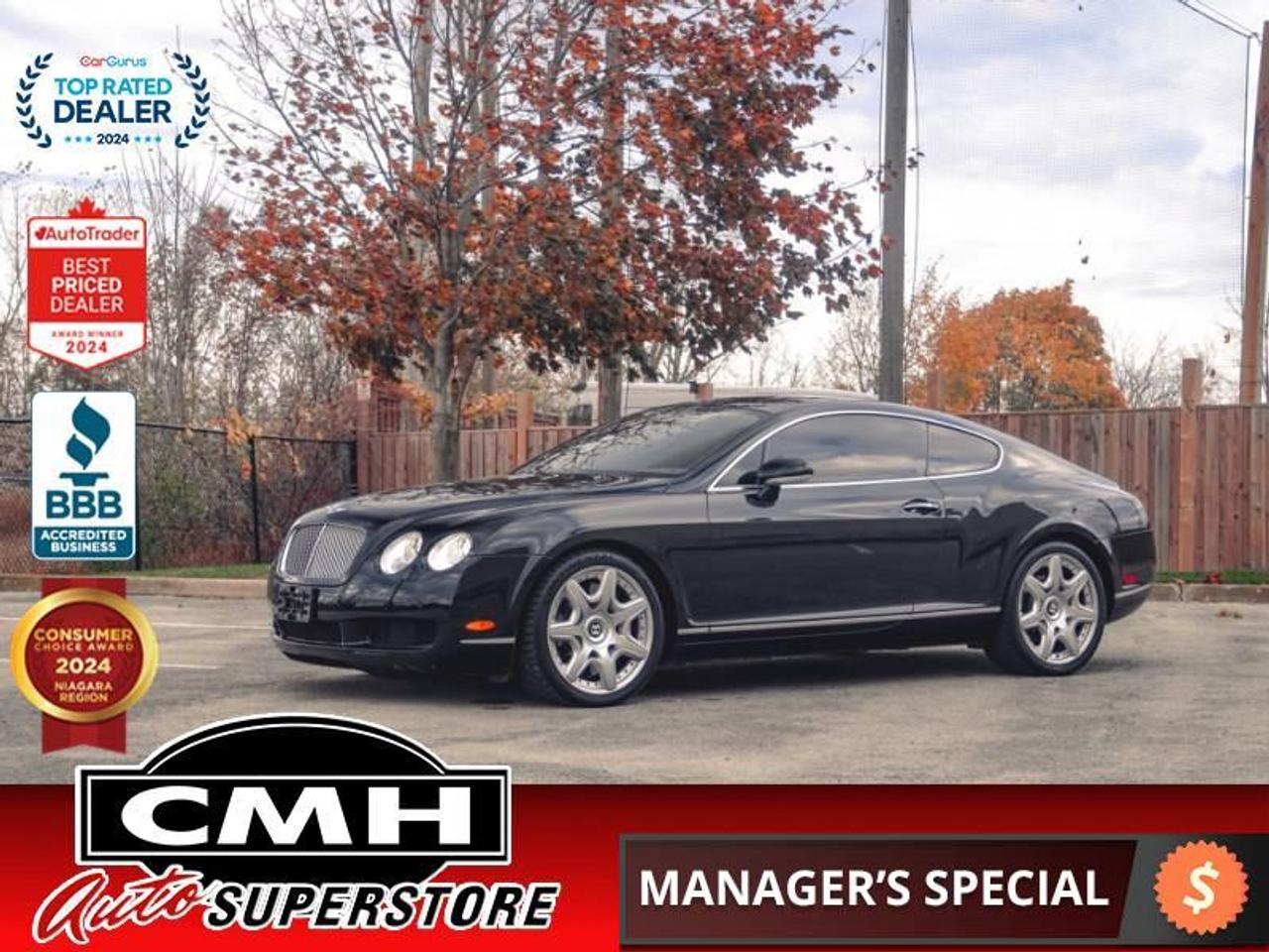 <b>LOW MILEAGE !! 6.0L V12 !! AWD !! NAVIGATION, PARKING SENSORS, BLUETOOTH, CARAMEL LEATHER, POWER SEATS W/ DRIVER MEMORY, HEATED SEATS, DUAL CLIMATE CONTROL, PADDLE SHIFTER, POWER ADJUSTABLE STEERING WHEEL, POWER DEPLOYABLE SPOILER, 20-INCH ALLOY WHEELS</b><br>  <br>CMH certifies that all vehicles meet DOUBLE the Ministry standards for Brakes and Tires<br><br> <br>    This  2007 Bentley Continental GT is for sale today. <br> <br>This  coupe has 88,681 kms. Its  black in colour  and is major accident free based on the <a href=https://vhr.carfax.ca/?id=ln261La4ZJeL5J/Mes+Q7MHilcmltsZb target=_blank>CARFAX Report</a> . It has an automatic transmission and is powered by a  552HP 6.0L 12 Cylinder Engine. <br> <br>To apply right now for financing use this link : <a href=https://www.cmhniagara.com/financing/ target=_blank>https://www.cmhniagara.com/financing/</a><br><br> <br/><br>Trade-ins are welcome! Financing available OAC ! Price INCLUDES a valid safety certificate! Price INCLUDES a 60-day limited warranty on all vehicles except classic or vintage cars. CMH is a Full Disclosure dealer with no hidden fees. We are a family-owned and operated business for over 30 years! o~o