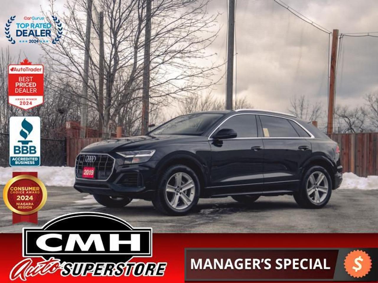 <b>GORGEOUS SUV !! QUATTRO !! NAVIGATION, 360 CAMERA PARKING SENSORS, COLLISION SENSORS, BLIND SPOT, APPLE CARPLAY, ANDROID AUTO, PANORAMIC SUNROOF, LEATHER, POWER SEATS, COOLED/HEATED SEATS, HEATED STEERING WHEEL, POWER LIFTGATE, 20-INCH ALLOY WHEELS</b><br>  <br>CMH certifies that all vehicles meet DOUBLE the Ministry standards for Brakes and Tires<br><br> <br>    This  2019 Audi Q8 is for sale today. <br> <br>As the latest and most advanced in the sports SUV world, this Audi Q8 is the perfect answer to the X6 and GLE Coupe. Aggressive, sleek and built around the driver and passengers, the Q8 is by far the most advanced of the sports SUVs, providing agile handling, more than adequate power figures and an up-class interior built to perfection with the most luxurious materials and surfaces.This  SUV has 84,905 kms. Its  black in colour  and is major accident free based on the <a href=https://vhr.carfax.ca/?id=I9xeJdAXqP9h1C7BurmLh07l7piAw/HI target=_blank>CARFAX Report</a> . It has an automatic transmission and is powered by a  335HP 3.0L V6 Cylinder Engine. <br> <br> Our Q8s trim level is Progressiv 55 TFSI quattro. This Audi Q8 is no ordinary sports SUV. It combines four passenger luxury, premium comfort and all around amazing capabilities. It is readily equipped with a full time all wheel drive system, adaptive suspension, dual power sunroofs, front and rear fog lamps, LED brake lights, a power tailgate, a 10 speaker stereo with integrated navigation, SiriusXM, Bluetooth, Audi connect 4G LTE, heated and ventilated front sport seats, heated rear seats, a sport leather steering wheel, valet function, keyless entry, push button start, a homelink garage door transmitter, distance pacing cruise control, dual zone front automatic air conditioning, Valetta leather seat trim with diamond stitching, front and rear parking sensors, blind spot detection sensors, Audi pre-sense basic, a top view rear view camera and surround view left, right and front side cameras.<br> <br>To apply right now for financing use this link : <a href=https://www.cmhniagara.com/financing/ target=_blank>https://www.cmhniagara.com/financing/</a><br><br> <br/><br>Trade-ins are welcome! Financing available OAC ! Price INCLUDES a valid safety certificate! Price INCLUDES a 60-day limited warranty on all vehicles except classic or vintage cars. CMH is a Full Disclosure dealer with no hidden fees. We are a family-owned and operated business for over 30 years! o~o