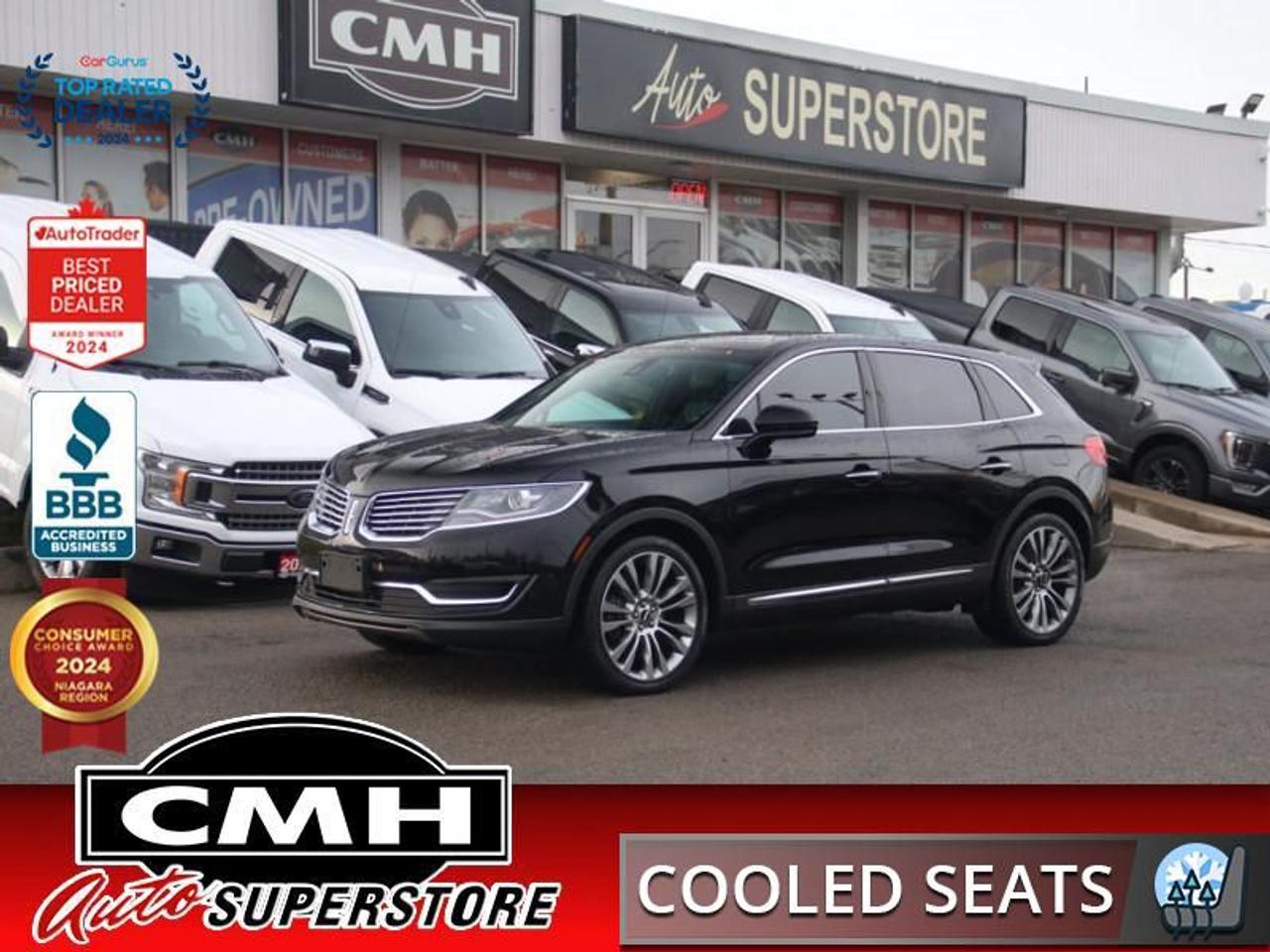 <b>ONLY 100,000 KMS !! $8,500 IN FACTORY UPGRADES !! NAVIGATION, REAR CAMERA, PARK SENSORS, BLIND SPOT, PANO ROOF, LEATHER, POWER SEATS, 4X HEATED SEATS, COOLED SEATS, HEATED STEERING WHEEL, RAIN SENSING WIPERS, REMOTE START, POWER LIFTGATE, 21-IN ALLOYS<br></b><br>  <br>CMH certifies that all vehicles meet DOUBLE the Ministry standards for Brakes and Tires<br><br> <br>    This  2016 Lincoln MKX is for sale today. <br> <br>This 2016 Lincoln MKX is an excellent choice for anyone looking for a comfortable, well-appointed crossover SUV. It has a sleek design highlighted by a signature Lincoln grille that lets everyone know you are riding in luxury. It handles well, is very spacious, and leaves you wanting for nothing but more time behind the wheel. This  SUV has 99,433 kms. Its  black in colour  and is major accident free based on the <a href=https://vhr.carfax.ca/?id=jcpo08ITz4/oNpVRwmZiSUy34F+5jH+i target=_blank>CARFAX Report</a> . It has a 6 speed automatic transmission and is powered by a  335HP 2.7L V6 Cylinder Engine. <br> <br> Our MKXs trim level is Reserve. Move forward in the 2016 Lincoln MKX Reserve with premium leather trim to create a sophisticated environment. Heated and cooled front bucket seats feature 10-way power adjustment and lumbar support with memory settings. Other amenities on the Reserve include voice-activated dual-zone automatic air conditioning, cruise control, power windows and doors, cruise control, Bluetooth connectivity, and SYNC 3.<br> To view the original window sticker for this vehicle view this <a href=http://www.windowsticker.forddirect.com/windowsticker.pdf?vin=2LMTJ8LP4GBL32646 target=_blank>http://www.windowsticker.forddirect.com/windowsticker.pdf?vin=2LMTJ8LP4GBL32646</a>. <br/><br> <br>To apply right now for financing use this link : <a href=https://www.cmhniagara.com/financing/ target=_blank>https://www.cmhniagara.com/financing/</a><br><br> <br/><br>Trade-ins are welcome! Financing available OAC ! Price INCLUDES a valid safety certificate! Price INCLUDES a 60-day limited warranty on all vehicles except classic or vintage cars. CMH is a Full Disclosure dealer with no hidden fees. We are a family-owned and operated business for over 30 years! o~o